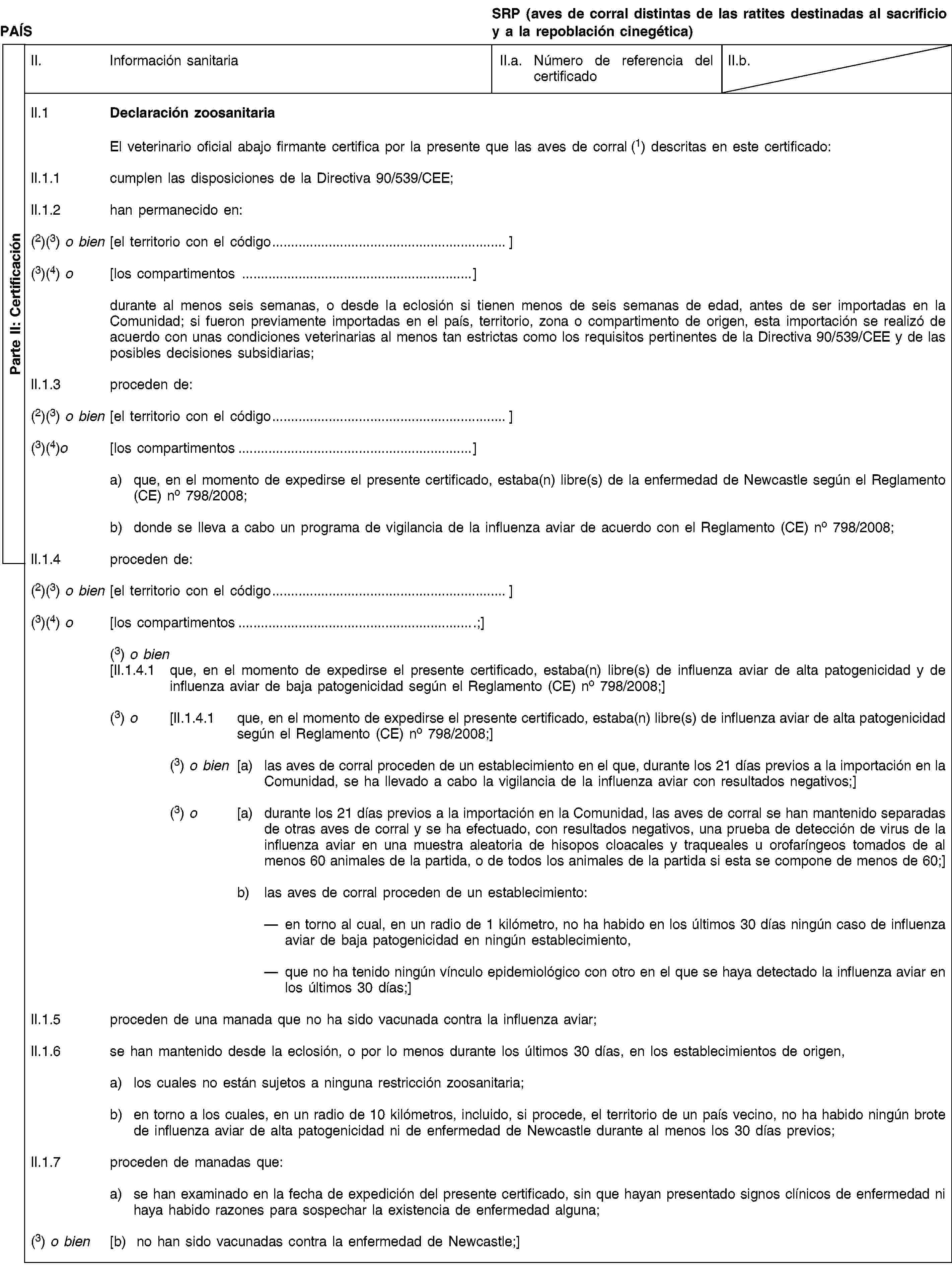 Parte II: CertificaciónPAÍSSRP (aves de corral distintas de las ratites destinadas al sacrificio y a la repoblación cinegética)II. Información sanitariaII.a. Número de referencia del certificadoII.b.II.1 Declaración zoosanitariaEl veterinario oficial abajo firmante certifica por la presente que las aves de corral (1) descritas en este certificado:II.1.1 cumplen las disposiciones de la Directiva 90/539/CEE;II.1.2 han permanecido en:(2)(3) o bien [el territorio con el código…](3)(4) o [los compartimentos …]durante al menos seis semanas, o desde la eclosión si tienen menos de seis semanas de edad, antes de ser importadas en la Comunidad; si fueron previamente importadas en el país, territorio, zona o compartimento de origen, esta importación se realizó de acuerdo con unas condiciones veterinarias al menos tan estrictas como los requisitos pertinentes de la Directiva 90/539/CEE y de las posibles decisiones subsidiarias;II.1.3 proceden de:(2)(3) o bien [el territorio con el código…](3)(4)o [los compartimentos…]a) que, en el momento de expedirse el presente certificado, estaba(n) libre(s) de la enfermedad de Newcastle según el Reglamento (CE) no 798/2008;b) donde se lleva a cabo un programa de vigilancia de la influenza aviar de acuerdo con el Reglamento (CE) no 798/2008;II.1.4 proceden de:(2)(3) o bien [el territorio con el código…](3)(4) o [los compartimentos…;](3) o bien [II.1.4.1 que, en el momento de expedirse el presente certificado, estaba(n) libre(s) de influenza aviar de alta patogenicidad y de influenza aviar de baja patogenicidad según el Reglamento (CE) no 798/2008;](3) o [II.1.4.1 que, en el momento de expedirse el presente certificado, estaba(n) libre(s) de influenza aviar de alta patogenicidad según el Reglamento (CE) no 798/2008;](3) o bien [a) las aves de corral proceden de un establecimiento en el que, durante los 21 días previos a la importación en la Comunidad, se ha llevado a cabo la vigilancia de la influenza aviar con resultados negativos;](3) o [a) durante los 21 días previos a la importación en la Comunidad, las aves de corral se han mantenido separadas de otras aves de corral y se ha efectuado, con resultados negativos, una prueba de detección de virus de la influenza aviar en una muestra aleatoria de hisopos cloacales y traqueales u orofaríngeos tomados de al menos 60 animales de la partida, o de todos los animales de la partida si esta se compone de menos de 60;]b) las aves de corral proceden de un establecimiento:en torno al cual, en un radio de 1 kilómetro, no ha habido en los últimos 30 días ningún caso de influenza aviar de baja patogenicidad en ningún establecimiento,que no ha tenido ningún vínculo epidemiológico con otro en el que se haya detectado la influenza aviar en los últimos 30 días;]II.1.5 proceden de una manada que no ha sido vacunada contra la influenza aviar;II.1.6 se han mantenido desde la eclosión, o por lo menos durante los últimos 30 días, en los establecimientos de origen,a) los cuales no están sujetos a ninguna restricción zoosanitaria;b) en torno a los cuales, en un radio de 10 kilómetros, incluido, si procede, el territorio de un país vecino, no ha habido ningún brote de influenza aviar de alta patogenicidad ni de enfermedad de Newcastle durante al menos los 30 días previos;II.1.7 proceden de manadas que:a) se han examinado en la fecha de expedición del presente certificado, sin que hayan presentado signos clínicos de enfermedad ni haya habido razones para sospechar la existencia de enfermedad alguna;(3) o bien [b) no han sido vacunadas contra la enfermedad de Newcastle;]