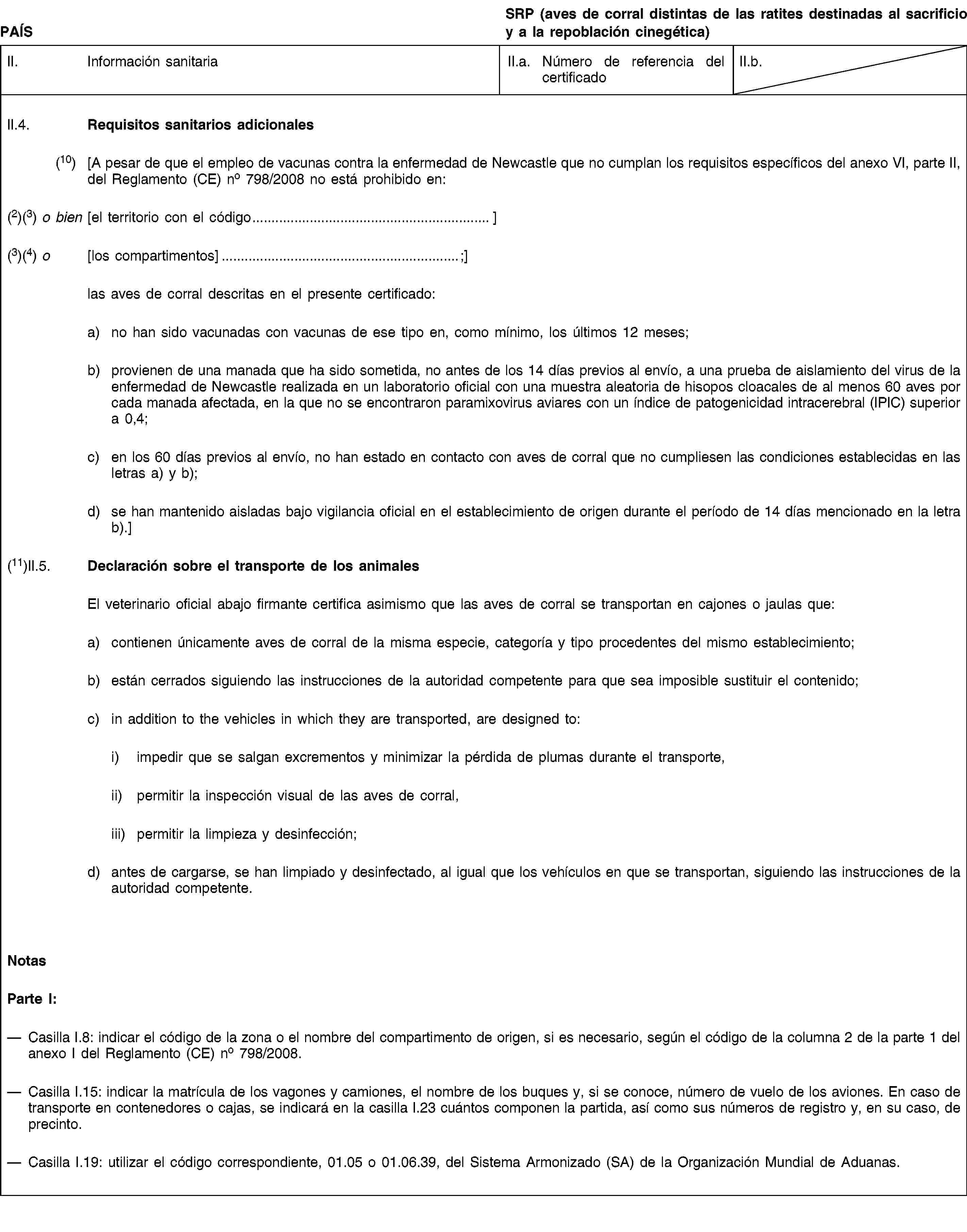 PAÍSSRP (aves de corral distintas de las ratites destinadas al sacrificio y a la repoblación cinegética)II. Información sanitariaII.a. Número de referencia del certificadoII.b.II.4. Requisitos sanitarios adicionales(10) [A pesar de que el empleo de vacunas contra la enfermedad de Newcastle que no cumplan los requisitos específicos del anexo VI, parte II, del Reglamento (CE) no 798/2008 no está prohibido en:(2)(3) o bien [el territorio con el código…](3)(4) o [los compartimentos]…;]las aves de corral descritas en el presente certificado:a) no han sido vacunadas con vacunas de ese tipo en, como mínimo, los últimos 12 meses;b) provienen de una manada que ha sido sometida, no antes de los 14 días previos al envío, a una prueba de aislamiento del virus de la enfermedad de Newcastle realizada en un laboratorio oficial con una muestra aleatoria de hisopos cloacales de al menos 60 aves por cada manada afectada, en la que no se encontraron paramixovirus aviares con un índice de patogenicidad intracerebral (IPIC) superior a 0,4;c) en los 60 días previos al envío, no han estado en contacto con aves de corral que no cumpliesen las condiciones establecidas en las letras a) y b);d) se han mantenido aisladas bajo vigilancia oficial en el establecimiento de origen durante el período de 14 días mencionado en la letra b).](11)II.5. Declaración sobre el transporte de los animalesEl veterinario oficial abajo firmante certifica asimismo que las aves de corral se transportan en cajones o jaulas que:a) contienen únicamente aves de corral de la misma especie, categoría y tipo procedentes del mismo establecimiento;b) están cerrados siguiendo las instrucciones de la autoridad competente para que sea imposible sustituir el contenido;c) in addition to the vehicles in which they are transported, are designed to:i) impedir que se salgan excrementos y minimizar la pérdida de plumas durante el transporte,ii) permitir la inspección visual de las aves de corral,iii) permitir la limpieza y desinfección;d) antes de cargarse, se han limpiado y desinfectado, al igual que los vehículos en que se transportan, siguiendo las instrucciones de la autoridad competente.NotasParte I:Casilla I.8: indicar el código de la zona o el nombre del compartimento de origen, si es necesario, según el código de la columna 2 de la parte 1 del anexo I del Reglamento (CE) no 798/2008.Casilla I.15: indicar la matrícula de los vagones y camiones, el nombre de los buques y, si se conoce, número de vuelo de los aviones. En caso de transporte en contenedores o cajas, se indicará en la casilla I.23 cuántos componen la partida, así como sus números de registro y, en su caso, de precinto.Casilla I.19: utilizar el código correspondiente, 01.05 o 01.06.39, del Sistema Armonizado (SA) de la Organización Mundial de Aduanas.