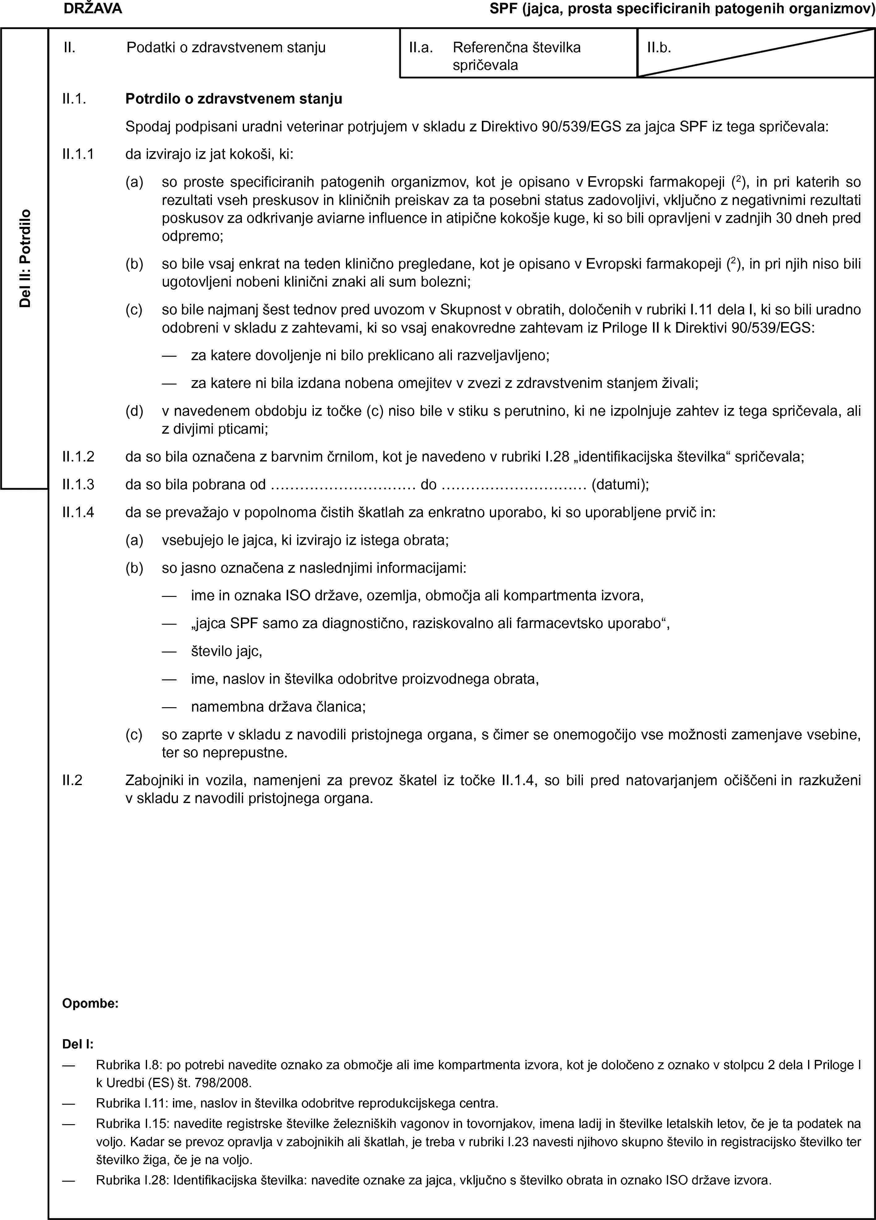 DRŽAVASPF (jajca, prosta specificiranih patogenih organizmov)Del II: PotrdiloII. Podatki o zdravstvenem stanjuII.a. Referenčna številka spričevalaII.b.II.1. Potrdilo o zdravstvenem stanjuSpodaj podpisani uradni veterinar potrjujem v skladu z Direktivo 90/539/EGS za jajca SPF iz tega spričevala:II.1.1 da izvirajo iz jat kokoši, ki:(a) so proste specificiranih patogenih organizmov, kot je opisano v Evropski farmakopeji (2), in pri katerih so rezultati vseh preskusov in kliničnih preiskav za ta posebni status zadovoljivi, vključno z negativnimi rezultati poskusov za odkrivanje aviarne influence in atipične kokošje kuge, ki so bili opravljeni v zadnjih 30 dneh pred odpremo;(b) so bile vsaj enkrat na teden klinično pregledane, kot je opisano v Evropski farmakopeji (2), in pri njih niso bili ugotovljeni nobeni klinični znaki ali sum bolezni;(c) so bile najmanj šest tednov pred uvozom v Skupnost v obratih, določenih v rubriki I.11 dela I, ki so bili uradno odobreni v skladu z zahtevami, ki so vsaj enakovredne zahtevam iz Priloge II k Direktivi 90/539/EGS:— za katere dovoljenje ni bilo preklicano ali razveljavljeno;— za katere ni bila izdana nobena omejitev v zvezi z zdravstvenim stanjem živali;(d) v navedenem obdobju iz točke (c) niso bile v stiku s perutnino, ki ne izpolnjuje zahtev iz tega spričevala, ali z divjimi pticami;II.1.2 da so bila označena z barvnim črnilom, kot je navedeno v rubriki I.28 „identifikacijska številka“ spričevala;II.1.3 da so bila pobrana od … do … (datumi);II.1.4 da se prevažajo v popolnoma čistih škatlah za enkratno uporabo, ki so uporabljene prvič in:(a) vsebujejo le jajca, ki izvirajo iz istega obrata;(b) so jasno označena z naslednjimi informacijami:— ime in oznaka ISO države, ozemlja, območja ali kompartmenta izvora,— „jajca SPF samo za diagnostično, raziskovalno ali farmacevtsko uporabo“,— število jajc,— ime, naslov in številka odobritve proizvodnega obrata,— namembna država članica;(c) so zaprte v skladu z navodili pristojnega organa, s čimer se onemogočijo vse možnosti zamenjave vsebine, ter so neprepustne.II.2 Zabojniki in vozila, namenjeni za prevoz škatel iz točke II.1.4, so bili pred natovarjanjem očiščeni in razkuženi v skladu z navodili pristojnega organa.Opombe:Del I:— Rubrika I.8: po potrebi navedite oznako za območje ali ime kompartmenta izvora, kot je določeno z oznako v stolpcu 2 dela I Priloge I k Uredbi (ES) št. 798/2008.— Rubrika I.11: ime, naslov in številka odobritve reprodukcijskega centra.— Rubrika I.15: navedite registrske številke železniških vagonov in tovornjakov, imena ladij in številke letalskih letov, če je ta podatek na voljo. Kadar se prevoz opravlja v zabojnikih ali škatlah, je treba v rubriki I.23 navesti njihovo skupno število in registracijsko številko ter številko žiga, če je na voljo.— Rubrika I.28: Identifikacijska številka: navedite oznake za jajca, vključno s številko obrata in oznako ISO države izvora.