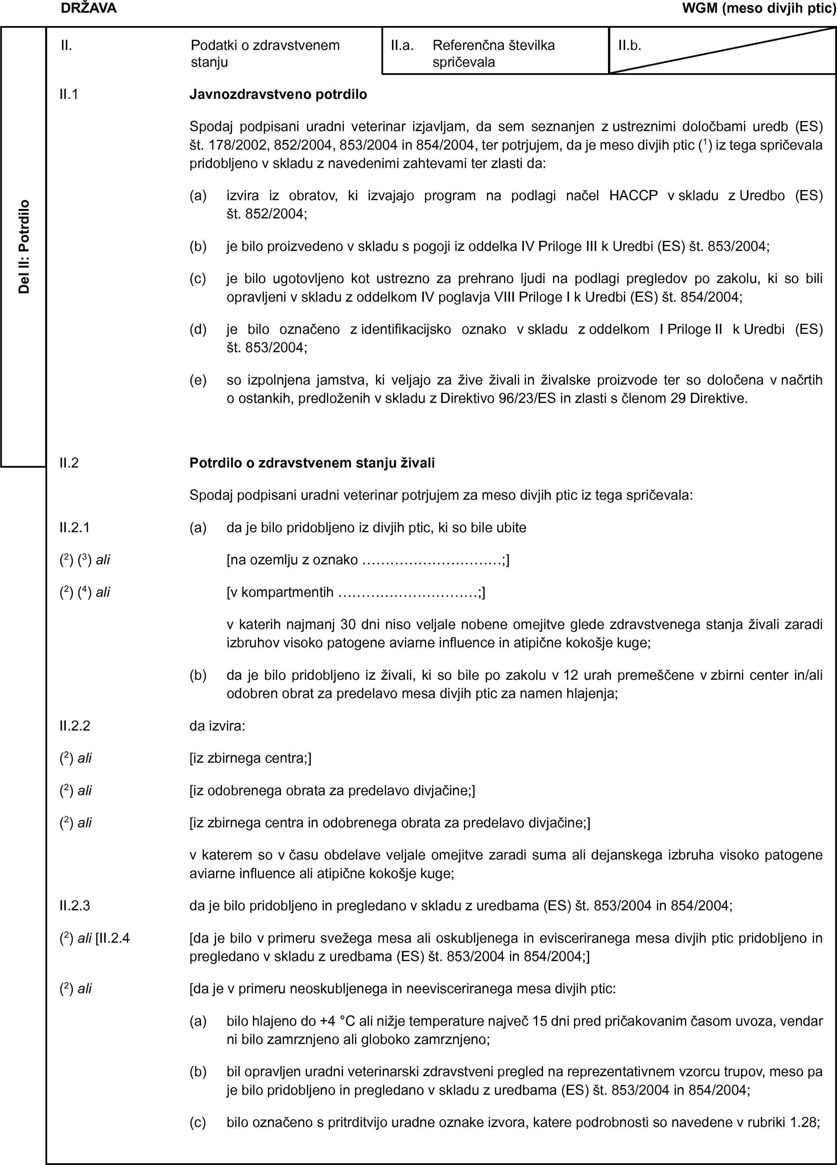 DRŽAVAWGM (meso divjih ptic)Del II: PotrdiloII. Podatki o zdravstvenem stanjuII.a. Referenčna številka spričevalaII.b.II.1 Javnozdravstveno potrdiloSpodaj podpisani uradni veterinar izjavljam, da sem seznanjen z ustreznimi določbami uredb (ES) št. 178/2002, 852/2004, 853/2004 in 854/2004, ter potrjujem, da je meso divjih ptic (1) iz tega spričevala pridobljeno v skladu z navedenimi zahtevami ter zlasti da:(a) izvira iz obratov, ki izvajajo program na podlagi načel HACCP v skladu z Uredbo (ES) št. 852/2004;(b) je bilo proizvedeno v skladu s pogoji iz oddelka IV Priloge III k Uredbi (ES) št. 853/2004;(c) je bilo ugotovljeno kot ustrezno za prehrano ljudi na podlagi pregledov po zakolu, ki so bili opravljeni v skladu z oddelkom IV poglavja VIII Priloge I k Uredbi (ES) št. 854/2004;(d) je bilo označeno z identifikacijsko oznako v skladu z oddelkom I Priloge II k Uredbi (ES) št. 853/2004;(e) so izpolnjena jamstva, ki veljajo za žive živali in živalske proizvode ter so določena v načrtih o ostankih, predloženih v skladu z Direktivo 96/23/ES in zlasti s členom 29 Direktive.II.2 Potrdilo o zdravstvenem stanju živaliSpodaj podpisani uradni veterinar potrjujem za meso divjih ptic iz tega spričevala:II.2.1 (a) da je bilo pridobljeno iz divjih ptic, ki so bile ubite(2) (3) ali [na ozemlju z oznako …;](2) (4) ali [v kompartmentih …;]v katerih najmanj 30 dni niso veljale nobene omejitve glede zdravstvenega stanja živali zaradi izbruhov visoko patogene aviarne influence in atipične kokošje kuge;(b) da je bilo pridobljeno iz živali, ki so bile po zakolu v 12 urah premeščene v zbirni center in/ali odobren obrat za predelavo mesa divjih ptic za namen hlajenja;II.2.2 da izvira:(2) ali [iz zbirnega centra;](2) ali [iz odobrenega obrata za predelavo divjačine;](2) ali [iz zbirnega centra in odobrenega obrata za predelavo divjačine;]v katerem so v času obdelave veljale omejitve zaradi suma ali dejanskega izbruha visoko patogene aviarne influence ali atipične kokošje kuge;II.2.3 da je bilo pridobljeno in pregledano v skladu z uredbama (ES) št. 853/2004 in 854/2004;(2) ali [II.2.4 [da je bilo v primeru svežega mesa ali oskubljenega in evisceriranega mesa divjih ptic pridobljeno in pregledano v skladu z uredbama (ES) št. 853/2004 in 854/2004;](2) ali [da je v primeru neoskubljenega in neevisceriranega mesa divjih ptic:(a) bilo hlajeno do +4 °C ali nižje temperature največ 15 dni pred pričakovanim časom uvoza, vendar ni bilo zamrznjeno ali globoko zamrznjeno;(b) bil opravljen uradni veterinarski zdravstveni pregled na reprezentativnem vzorcu trupov, meso pa je bilo pridobljeno in pregledano v skladu z uredbama (ES) št. 853/2004 in 854/2004;(c) bilo označeno s pritrditvijo uradne oznake izvora, katere podrobnosti so navedene v rubriki 1.28;