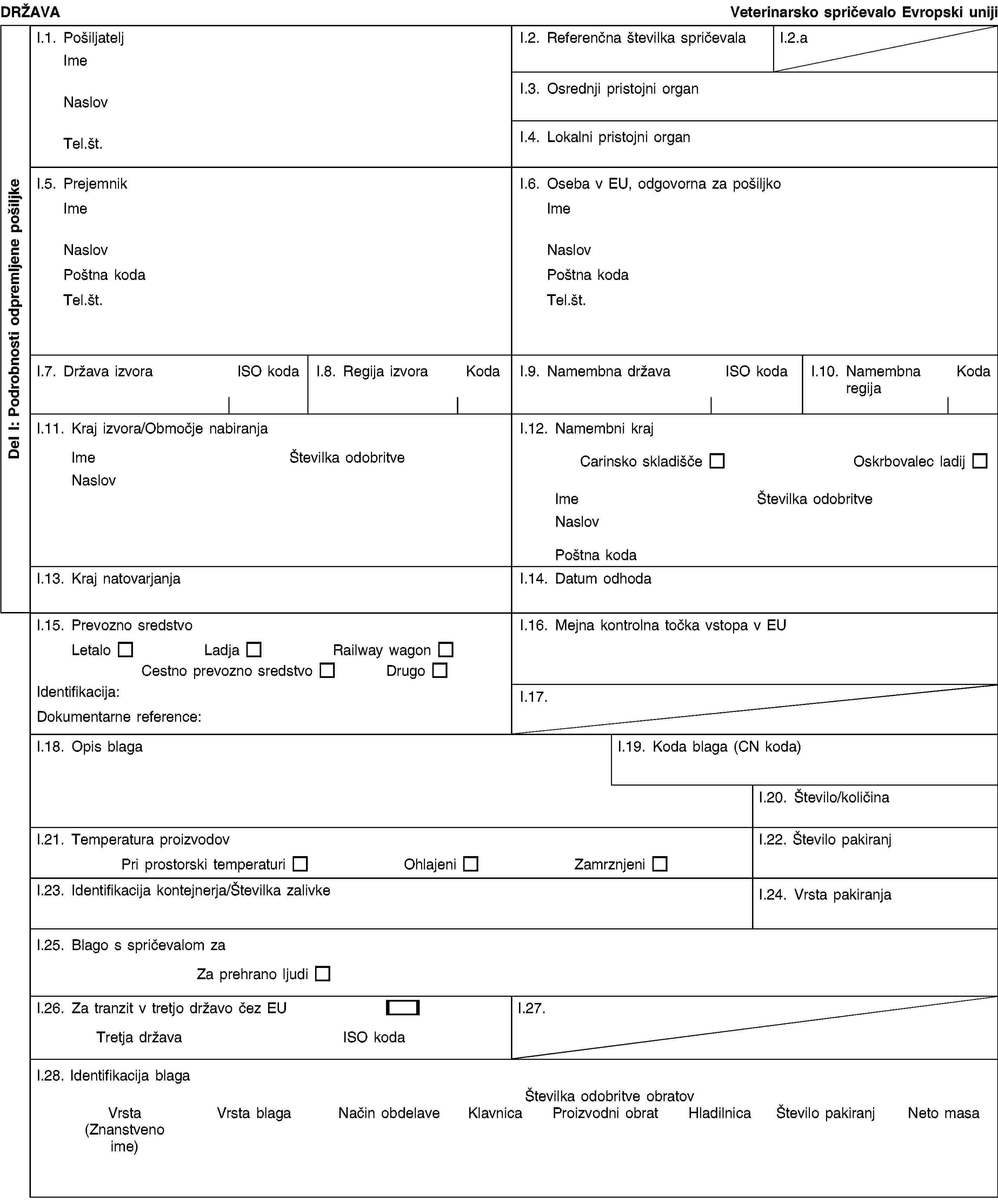 Del I: Podrobnosti odpremljene pošiljkeDRŽAVAVeterinarsko spričevalo Evropski unijiI.1. PošiljateljImeNaslovTel.št.I.2. Referenčna številka spričevalaI.2.aI.3. Osrednji pristojni organI.4. Lokalni pristojni organI.5. PrejemnikImeNaslovPoštna kodaTel.št.I.6. Oseba v EU, odgovorna za pošiljkoImeNaslovPoštna kodaTel.št.I.7. Država izvoraISO kodaI.8. Regija izvoraKodaI.9. Namembna državaISO kodaI.10. Namembna regijaKodaI.11. Kraj izvora/Območje nabiranjaImeŠtevilka odobritveNaslovI.12. Namembni krajCarinsko skladiščeOskrbovalec ladijImeŠtevilka odobritveNaslovPoštna kodaI.13. Kraj natovarjanjaI.14. Datum odhodaI.15. Prevozno sredstvoLetaloLadjaRailway wagonCestno prevozno sredstvoDrugoIdentifikacija:Dokumentarne reference:I.16. Mejna kontrolna točka vstopa v EUI.17.I.18. Opis blagaI.19. Koda blaga (CN koda)I.20. Število/količinaI.21. Temperatura proizvodovPri prostorski temperaturiOhlajeniZamrznjeniI.22. Število pakiranjI.23. Identifikacija kontejnerja/Številka zalivkeI.24. Vrsta pakiranjaI.25. Blago s spričevalom zaZa prehrano ljudiI.26. Za tranzit v tretjo državo čez EUTretja državaISO kodaI.27.I.28. Identifikacija blagaŠtevilka odobritve obratovVrsta(Znanstveno ime)Vrsta blagaNačin obdelaveKlavnicaProizvodni obratHladilnicaŠtevilo pakiranjNeto masa