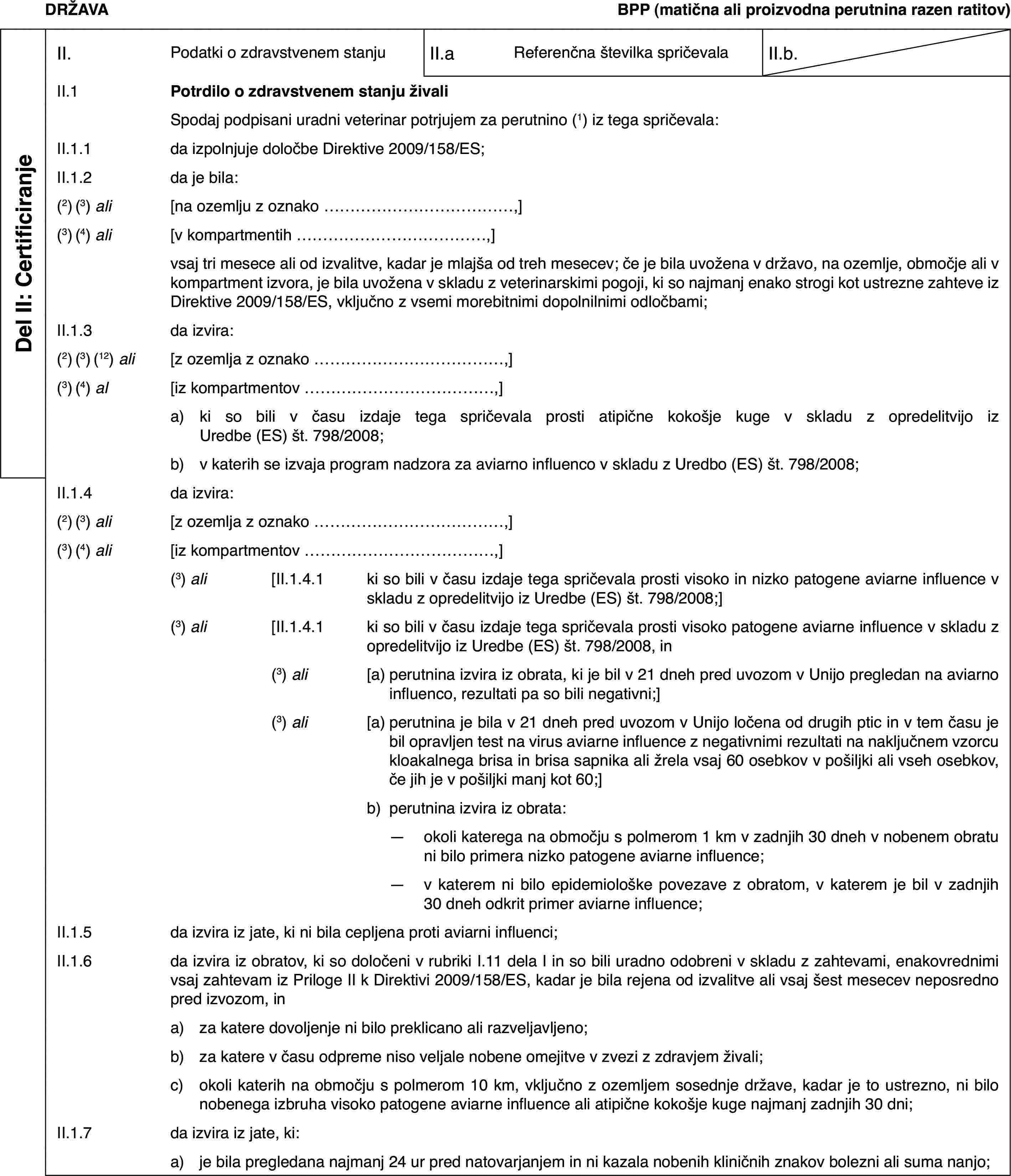 DRŽAVABPP (matična ali proizvodna perutnina razen ratitov)Del II: CertificiranjeII.Podatki o zdravstvenem stanjuII.aReferenčna številka spričevalaII.b.II.1Potrdilo o zdravstvenem stanju živaliSpodaj podpisani uradni veterinar potrjujem za perutnino (1) iz tega spričevala:II.1.1da izpolnjuje določbe Direktive 2009/158/ES;II.1.2da je bila:(2) (3) ali[na ozemlju z oznako …,](3) (4) ali[v kompartmentih …,]vsaj tri mesece ali od izvalitve, kadar je mlajša od treh mesecev; če je bila uvožena v državo, na ozemlje, območje ali v kompartment izvora, je bila uvožena v skladu z veterinarskimi pogoji, ki so najmanj enako strogi kot ustrezne zahteve iz Direktive 2009/158/ES, vključno z vsemi morebitnimi dopolnilnimi odločbami;II.1.3da izvira:(2) (3) (12) ali[z ozemlja z oznako …,](3) (4) al[iz kompartmentov …,]a)ki so bili v času izdaje tega spričevala prosti atipične kokošje kuge v skladu z opredelitvijo iz Uredbe (ES) št. 798/2008;b)v katerih se izvaja program nadzora za aviarno influenco v skladu z Uredbo (ES) št. 798/2008;II.1.4da izvira:(2) (3) ali[z ozemlja z oznako …,](3) (4) ali[iz kompartmentov …,](3) ali[II.1.4.1ki so bili v času izdaje tega spričevala prosti visoko in nizko patogene aviarne influence v skladu z opredelitvijo iz Uredbe (ES) št. 798/2008;](3) ali[II.1.4.1ki so bili v času izdaje tega spričevala prosti visoko patogene aviarne influence v skladu z opredelitvijo iz Uredbe (ES) št. 798/2008, in(3) ali[a)perutnina izvira iz obrata, ki je bil v 21 dneh pred uvozom v Unijo pregledan na aviarno influenco, rezultati pa so bili negativni;](3) ali[a)perutnina je bila v 21 dneh pred uvozom v Unijo ločena od drugih ptic in v tem času je bil opravljen test na virus aviarne influence z negativnimi rezultati na naključnem vzorcu kloakalnega brisa in brisa sapnika ali žrela vsaj 60 osebkov v pošiljki ali vseh osebkov, če jih je v pošiljki manj kot 60;]b)perutnina izvira iz obrata:—okoli katerega na območju s polmerom 1 km v zadnjih 30 dneh v nobenem obratu ni bilo primera nizko patogene aviarne influence;—v katerem ni bilo epidemiološke povezave z obratom, v katerem je bil v zadnjih 30 dneh odkrit primer aviarne influence;II.1.5da izvira iz jate, ki ni bila cepljena proti aviarni influenci;II.1.6da izvira iz obratov, ki so določeni v rubriki I.11 dela I in so bili uradno odobreni v skladu z zahtevami, enakovrednimi vsaj zahtevam iz Priloge II k Direktivi 2009/158/ES, kadar je bila rejena od izvalitve ali vsaj šest mesecev neposredno pred izvozom, ina)za katere dovoljenje ni bilo preklicano ali razveljavljeno;b)za katere v času odpreme niso veljale nobene omejitve v zvezi z zdravjem živali;c)okoli katerih na območju s polmerom 10 km, vključno z ozemljem sosednje države, kadar je to ustrezno, ni bilo nobenega izbruha visoko patogene aviarne influence ali atipične kokošje kuge najmanj zadnjih 30 dni;II.1.7da izvira iz jate, ki:a)je bila pregledana najmanj 24 ur pred natovarjanjem in ni kazala nobenih kliničnih znakov bolezni ali suma nanjo;