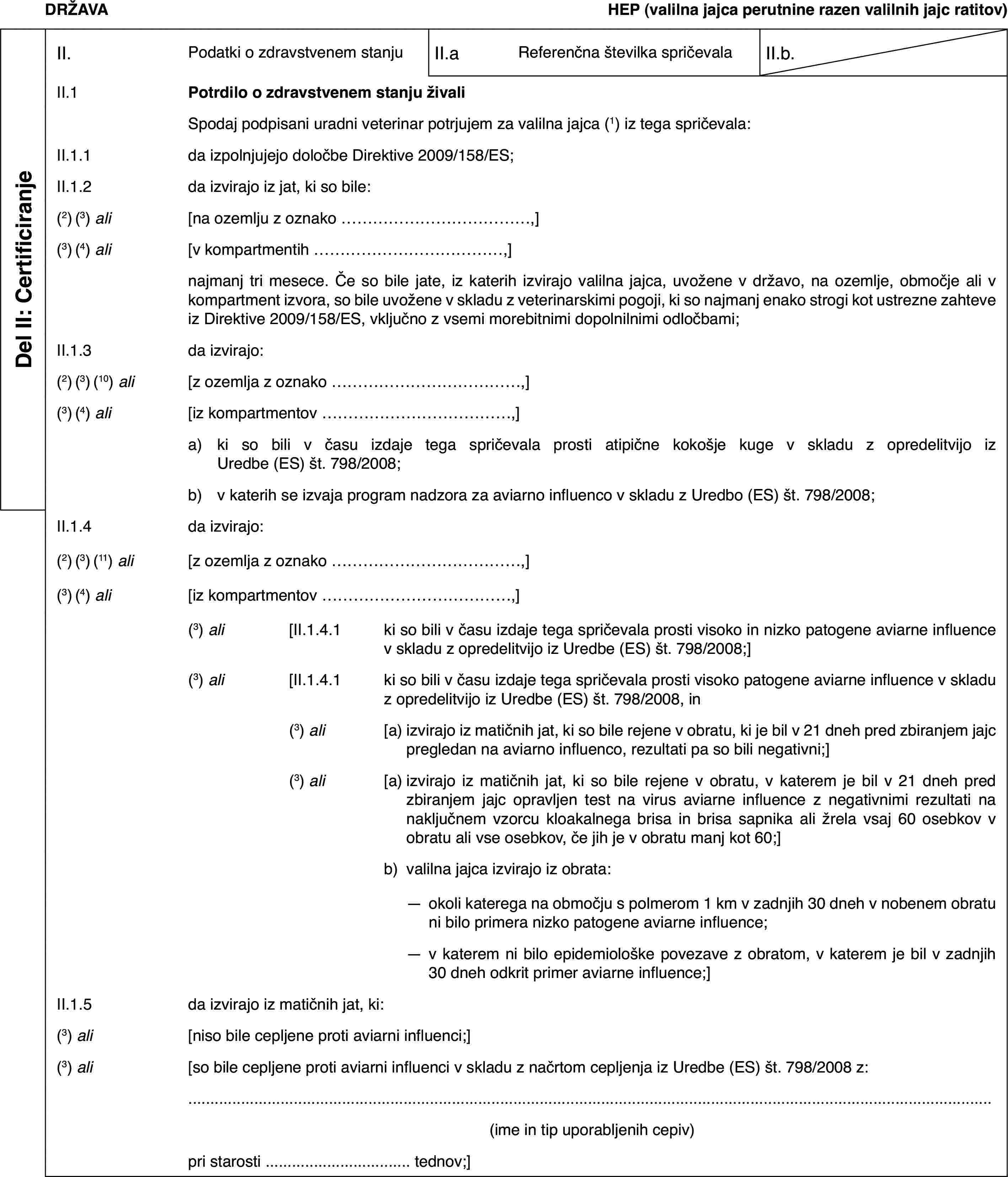 DRŽAVAHEP (valilna jajca perutnine razen valilnih jajc ratitov)Del II: CertificiranjeII.Podatki o zdravstvenem stanjuII.aReferenčna številka spričevalaII.b.II.1Potrdilo o zdravstvenem stanju živaliSpodaj podpisani uradni veterinar potrjujem za valilna jajca (1) iz tega spričevala:II.1.1da izpolnjujejo določbe Direktive 2009/158/ES;II.1.2da izvirajo iz jat, ki so bile:(2) (3) ali[na ozemlju z oznako …,](3) (4) ali[v kompartmentih …,]najmanj tri mesece. Če so bile jate, iz katerih izvirajo valilna jajca, uvožene v državo, na ozemlje, območje ali v kompartment izvora, so bile uvožene v skladu z veterinarskimi pogoji, ki so najmanj enako strogi kot ustrezne zahteve iz Direktive 2009/158/ES, vključno z vsemi morebitnimi dopolnilnimi odločbami;II.1.3da izvirajo:(2) (3) (10) ali[z ozemlja z oznako …,](3) (4) ali[iz kompartmentov …,]a)ki so bili v času izdaje tega spričevala prosti atipične kokošje kuge v skladu z opredelitvijo iz Uredbe (ES) št. 798/2008;b)v katerih se izvaja program nadzora za aviarno influenco v skladu z Uredbo (ES) št. 798/2008;II.1.4da izvirajo:(2) (3) (11) ali[z ozemlja z oznako …,](3) (4) ali[iz kompartmentov …,](3) ali[II.1.4.1ki so bili v času izdaje tega spričevala prosti visoko in nizko patogene aviarne influence v skladu z opredelitvijo iz Uredbe (ES) št. 798/2008;](3) ali[II.1.4.1ki so bili v času izdaje tega spričevala prosti visoko patogene aviarne influence v skladu z opredelitvijo iz Uredbe (ES) št. 798/2008, in(3) ali[a)izvirajo iz matičnih jat, ki so bile rejene v obratu, ki je bil v 21 dneh pred zbiranjem jajc pregledan na aviarno influenco, rezultati pa so bili negativni;](3) ali[a)izvirajo iz matičnih jat, ki so bile rejene v obratu, v katerem je bil v 21 dneh pred zbiranjem jajc opravljen test na virus aviarne influence z negativnimi rezultati na naključnem vzorcu kloakalnega brisa in brisa sapnika ali žrela vsaj 60 osebkov v obratu ali vse osebkov, če jih je v obratu manj kot 60;]b)valilna jajca izvirajo iz obrata:—okoli katerega na območju s polmerom 1 km v zadnjih 30 dneh v nobenem obratu ni bilo primera nizko patogene aviarne influence;—v katerem ni bilo epidemiološke povezave z obratom, v katerem je bil v zadnjih 30 dneh odkrit primer aviarne influence;]II.1.5da izvirajo iz matičnih jat, ki:(3) ali[niso bile cepljene proti aviarni influenci;](3) ali[so bile cepljene proti aviarni influenci v skladu z načrtom cepljenja iz Uredbe (ES) št. 798/2008 z:(ime in tip uporabljenih cepiv)pri starosti … tednov;]