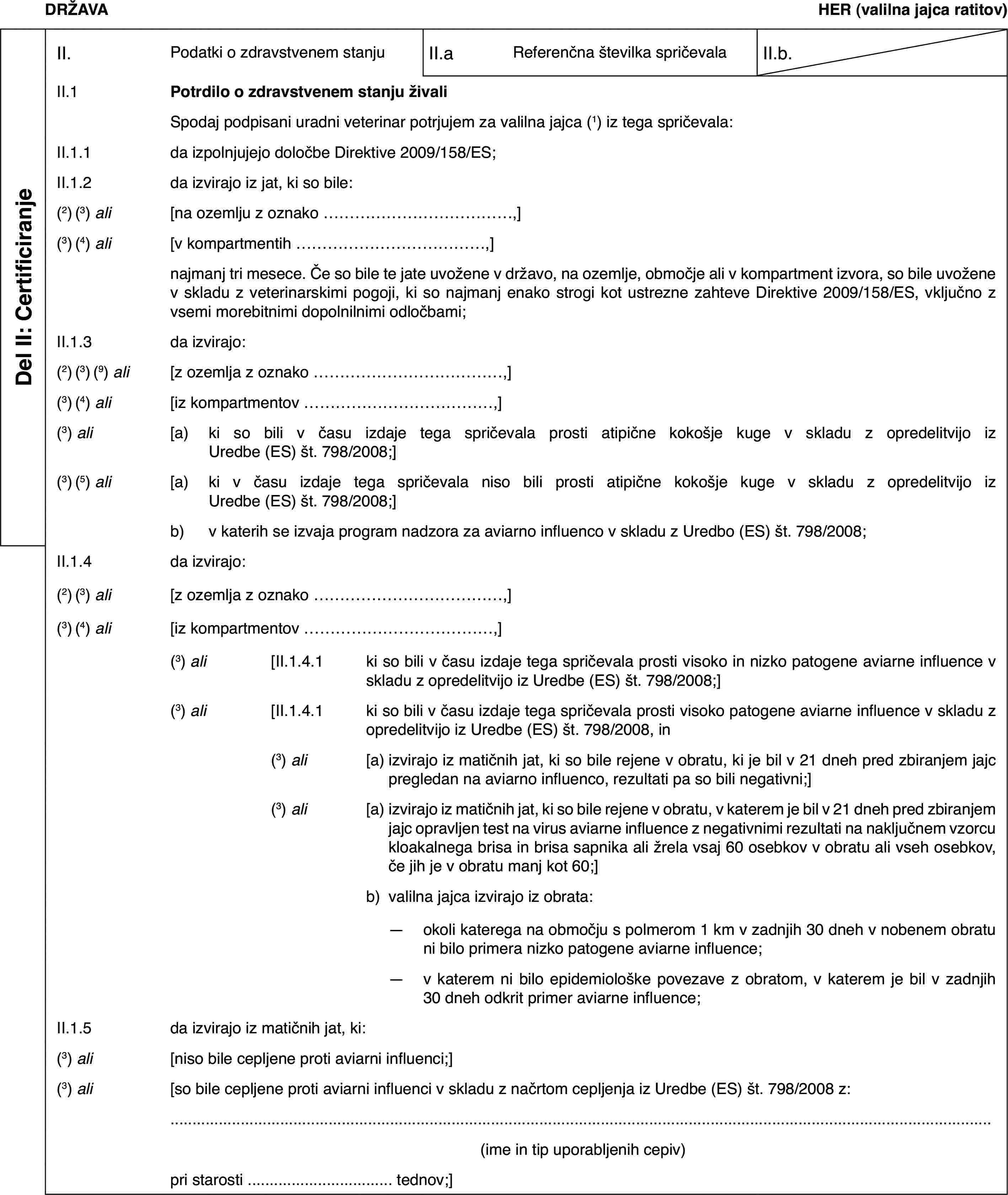 DRŽAVAHER (valilna jajca ratitov)Del II: CertificiranjeII.Podatki o zdravstvenem stanjuII.aReferenčna številka spričevalaII.b.II.1Potrdilo o zdravstvenem stanju živaliSpodaj podpisani uradni veterinar potrjujem za valilna jajca (1) iz tega spričevala:II.1.1da izpolnjujejo določbe Direktive 2009/158/ES;II.1.2da izvirajo iz jat, ki so bile:(2) (3) ali[na ozemlju z oznako …,](3) (4) ali[v kompartmentih …,]najmanj tri mesece. Če so bile te jate uvožene v državo, na ozemlje, območje ali v kompartment izvora, so bile uvožene v skladu z veterinarskimi pogoji, ki so najmanj enako strogi kot ustrezne zahteve Direktive 2009/158/ES, vključno z vsemi morebitnimi dopolnilnimi odločbami;II.1.3da izvirajo:(2) (3) (9) ali[z ozemlja z oznako …,](3) (4) ali[iz kompartmentov …,](3) ali[a)ki so bili v času izdaje tega spričevala prosti atipične kokošje kuge v skladu z opredelitvijo iz Uredbe (ES) št. 798/2008;](3) (5) ali[a)ki v času izdaje tega spričevala niso bili prosti atipične kokošje kuge v skladu z opredelitvijo iz Uredbe (ES) št. 798/2008;]b)v katerih se izvaja program nadzora za aviarno influenco v skladu z Uredbo (ES) št. 798/2008;II.1.4da izvirajo:(2) (3) ali[z ozemlja z oznako …,](3) (4) ali[iz kompartmentov …,](3) ali[II.1.4.1ki so bili v času izdaje tega spričevala prosti visoko in nizko patogene aviarne influence v skladu z opredelitvijo iz Uredbe (ES) št. 798/2008;](3) ali[II.1.4.1ki so bili v času izdaje tega spričevala prosti visoko patogene aviarne influence v skladu z opredelitvijo iz Uredbe (ES) št. 798/2008, in(3) ali[a)izvirajo iz matičnih jat, ki so bile rejene v obratu, ki je bil v 21 dneh pred zbiranjem jajc pregledan na aviarno influenco, rezultati pa so bili negativni;](3) ali[a)izvirajo iz matičnih jat, ki so bile rejene v obratu, v katerem je bil v 21 dneh pred zbiranjem jajc opravljen test na virus aviarne influence z negativnimi rezultati na naključnem vzorcu kloakalnega brisa in brisa sapnika ali žrela vsaj 60 osebkov v obratu ali vseh osebkov, če jih je v obratu manj kot 60;]b)valilna jajca izvirajo iz obrata:—okoli katerega na območju s polmerom 1 km v zadnjih 30 dneh v nobenem obratu ni bilo primera nizko patogene aviarne influence;—v katerem ni bilo epidemiološke povezave z obratom, v katerem je bil v zadnjih 30 dneh odkrit primer aviarne influence;II.1.5da izvirajo iz matičnih jat, ki:(3) ali[niso bile cepljene proti aviarni influenci;](3) ali[so bile cepljene proti aviarni influenci v skladu z načrtom cepljenja iz Uredbe (ES) št. 798/2008 z:(ime in tip uporabljenih cepiv)pri starosti … tednov;]