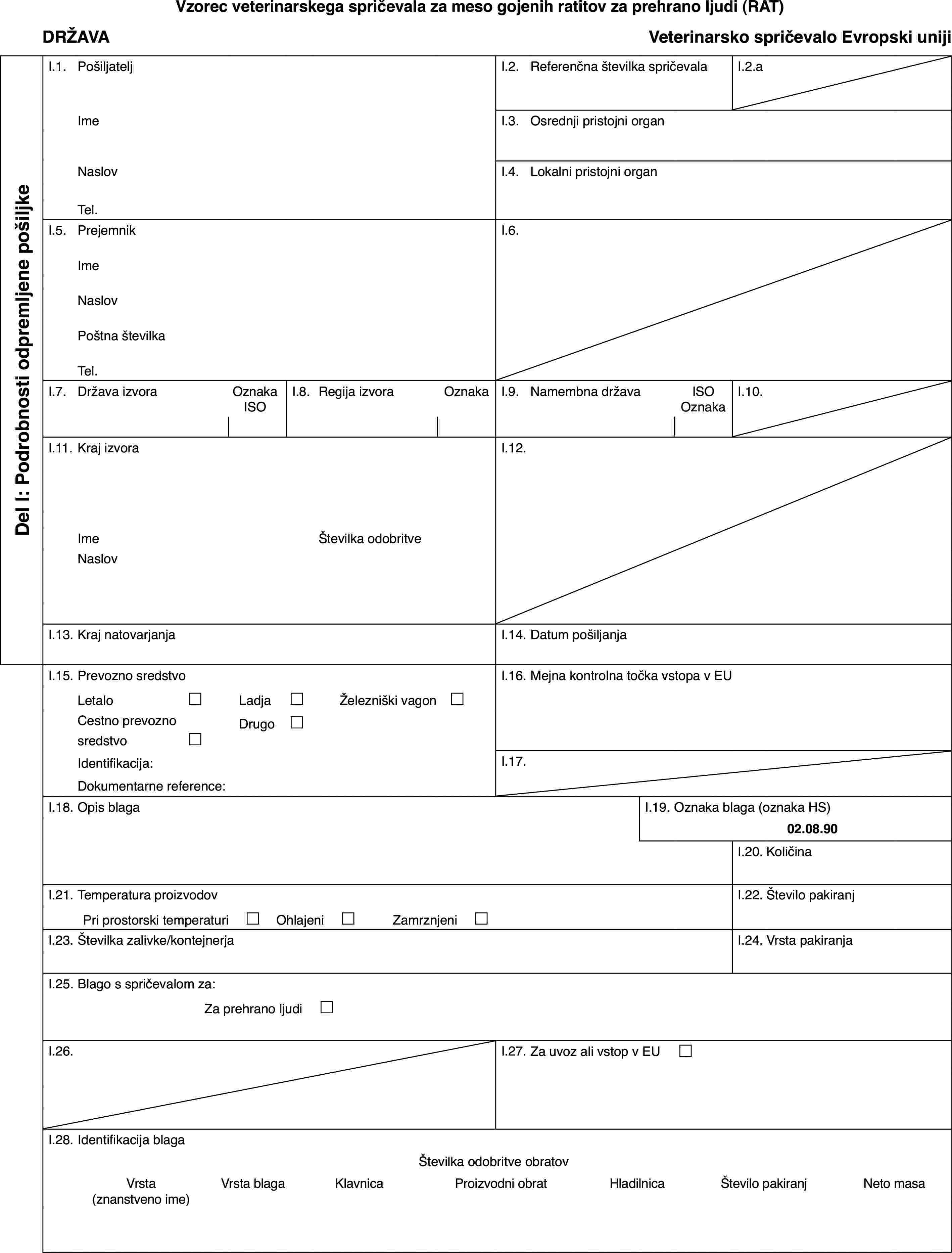 Vzorec veterinarskega spričevala za meso gojenih ratitov za prehrano ljudi (RAT)DRŽAVAVeterinarsko spričevalo Evropski unijiDel I: Podrobnosti odpremljene pošiljkeI.1.PošiljateljI.2.Referenčna številka spričevalaI.2.aImeI.3.Osrednji pristojni organNaslovI.4.Lokalni pristojni organTel.I.5.PrejemnikI.6.ImeNaslovPoštna številkaTel.I.7.Država izvoraOznaka ISOI.8.Regija izvoraOznakaI.9.Namembna državaISO OznakaI.10.I.11.Kraj izvoraI.12.ImeŠtevilka odobritveNaslovI.13.Kraj natovarjanjaI.14.Datum pošiljanjaI.15.Prevozno sredstvoI.16.Mejna kontrolna točka vstopa v EULetalo£Ladja£Železniški vagon £Cestno prevozno sredstvo£Drugo£Identifikacija:I.17.Dokumentarne reference:I.18.Opis blagaI.19.Oznaka blaga (oznaka HS)02.08.90I.20.KoličinaI.21.Temperatura proizvodovI.22.Število pakiranjPri prostorski temperaturi £Ohlajeni £Zamrznjeni £I.23.Številka zalivke/kontejnerjaI.24.Vrsta pakiranjaI.25.Blago s spričevalom za:Za prehrano ljudi £I.26.I.27.Za uvoz ali vstop v EU £I.28.Identifikacija blagaŠtevilka odobritve obratovVrsta(znanstveno ime)Vrsta blagaKlavnicaProizvodni obratHladilnicaŠtevilo pakiranjNeto masa