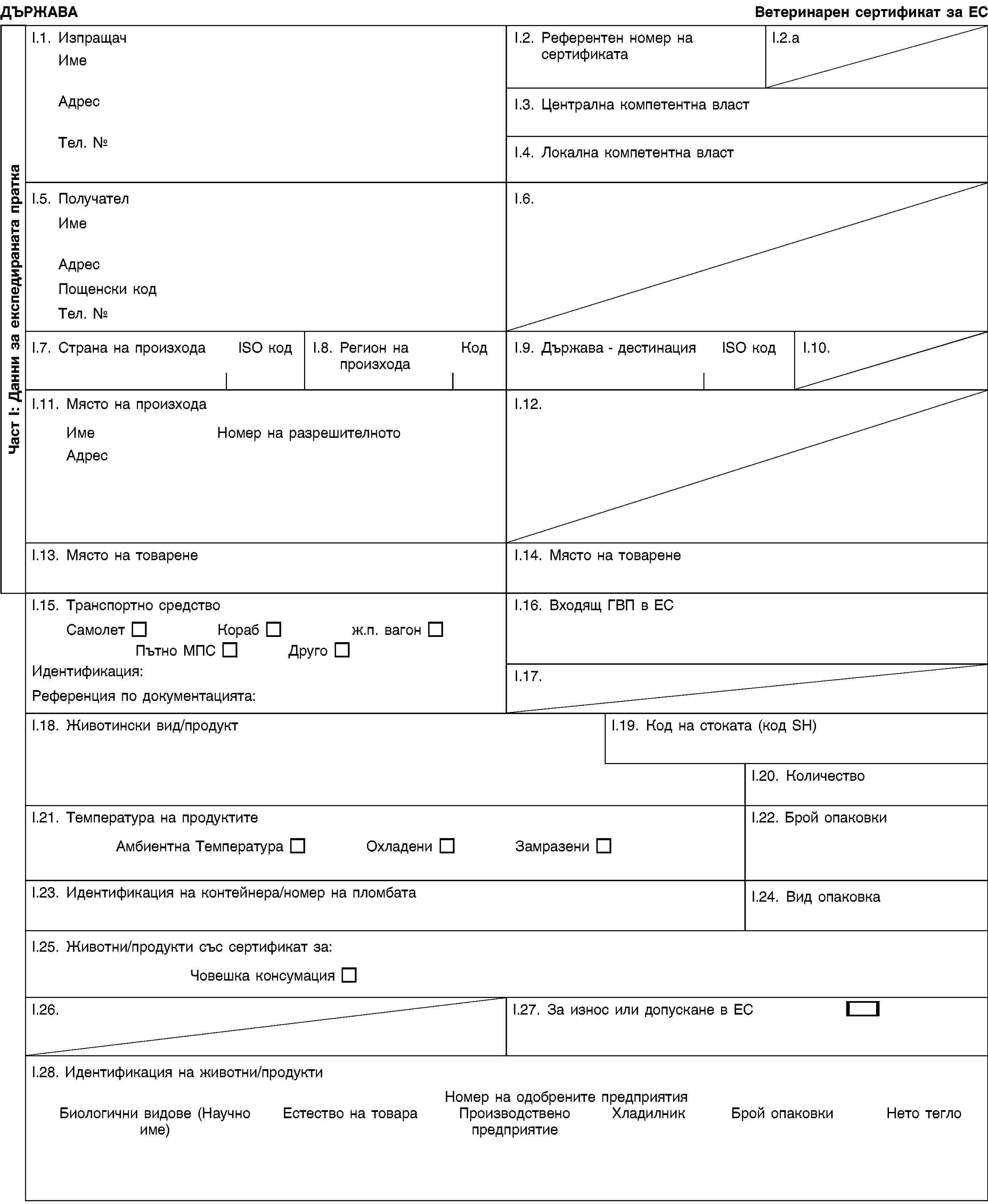 Част I: Данни за експедираната праткаДЪРЖАВАВетеринарен сертификат за ЕСI.1. ИзпращачИмеАдресТел. №I.2. Референтен номер на сертификатаI.2.aI.3. Централна компетентна властI.4. Локална компетентна властI.5. ПолучателИмеАдресПощенски кодТел. №I.6.I.7. Страна на произходаISO кодI.8. Регион на произходаКодI.9. Държава - дестинацияISO кодI.10.I.11. Място на произходаИмеНомер на разрешителнотоАдресI.12.I.13. Място на товаренеI.14. Място на товаренеI.15. Транспортно средствоСамолетКорабж.п. вагонПътно МПСДругоИдентификация:Референция по документацията:I.16. Входящ ГВП в ЕСI.17.I.18. Животински вид/продуктI.19. Код на стоката (код SH)I.20. КоличествоI.21. Температура на продуктитеАмбиентна ТемператураОхладениЗамразениI.22. Брой опаковкиI.23. Идентификация на контейнера/номер на пломбатаI.24. Вид опаковкаI.25. Животни/продукти със сертификат за:Човешка консумацияI.26.I.27. За износ или допускане в ЕСI.28. Идентификация на животни/продуктиНомер на одобрените предприятияБиологични видове (Научно име)Естество на товараПроизводствено предприятиеХладилникБрой опаковкиНето тегло