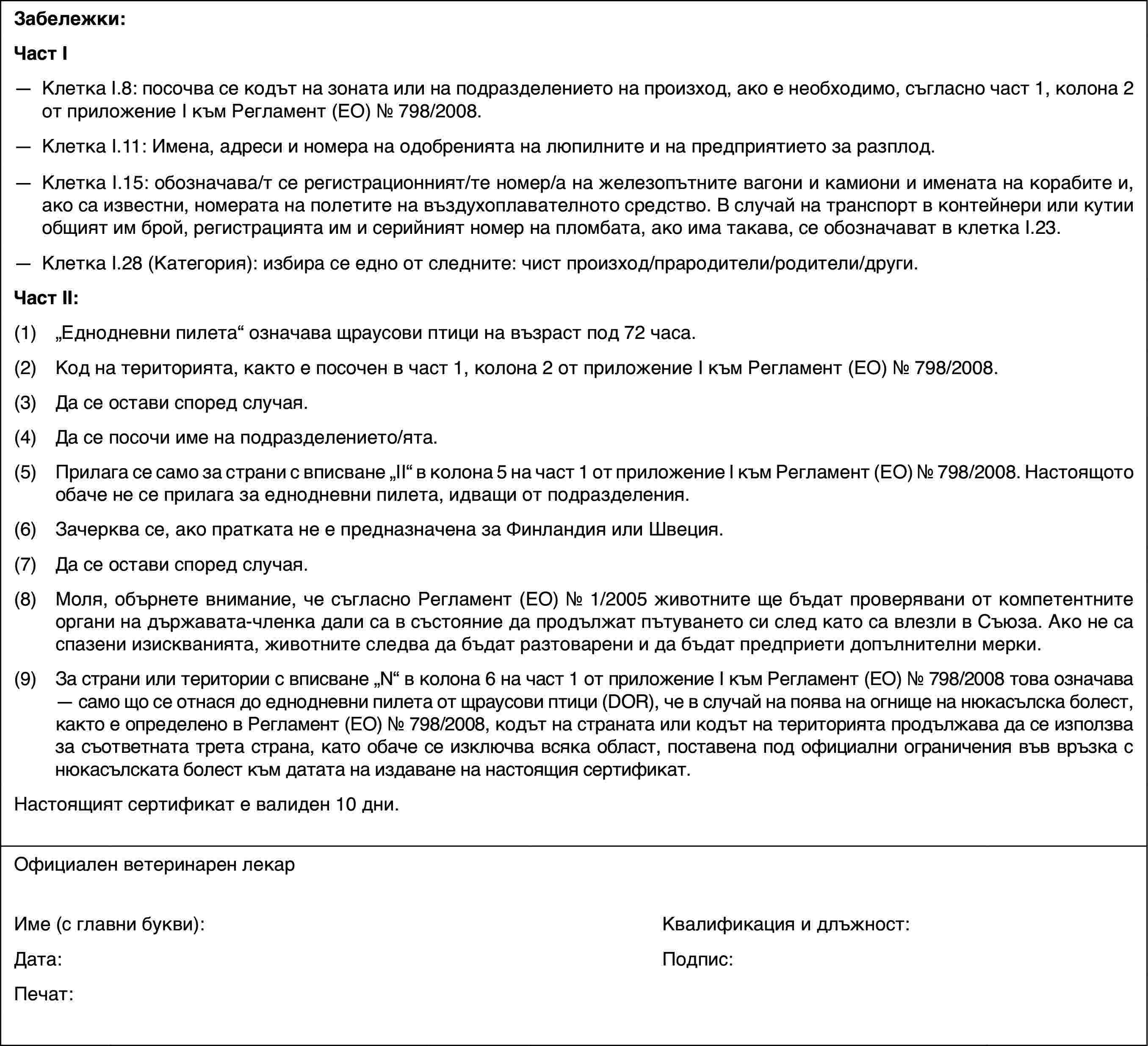 Забележки:Част I—Клетка I.8: посочва се кодът на зоната или на подразделението на произход, ако е необходимо, съгласно част 1, колона 2 от приложение I към Регламент (ЕО) № 798/2008.—Клетка I.11: Имена, адреси и номера на одобренията на люпилните и на предприятието за разплод.—Клетка I.15: обозначава/т се регистрационният/те номер/а на железопътните вагони и камиони и имената на корабите и, ако са известни, номерата на полетите на въздухоплавателното средство. В случай на транспорт в контейнери или кутии общият им брой, регистрацията им и серийният номер на пломбата, ако има такава, се обозначават в клетка I.23.—Клетка I.28 (Категория): избира се едно от следните: чист произход/прародители/родители/други.Част II:(1)„Еднодневни пилета“ означава щраусови птици на възраст под 72 часа.(2)Код на територията, както е посочен в част 1, колона 2 от приложение I към Регламент (ЕО) № 798/2008.(3)Да се остави според случая.(4)Да се посочи име на подразделението/ята.(5)Прилага се само за страни с вписване „II“ в колона 5 на част 1 от приложение I към Регламент (ЕО) № 798/2008. Настоящото обаче не се прилага за еднодневни пилета, идващи от подразделения.(6)Зачерква се, ако пратката не е предназначена за Финландия или Швеция.(7)Да се остави според случая.(8)Моля, обърнете внимание, че съгласно Регламент (ЕО) № 1/2005 животните ще бъдат проверявани от компетентните органи на държавата-членка дали са в състояние да продължат пътуването си след като са влезли в Съюза. Ако не са спазени изискванията, животните следва да бъдат разтоварени и да бъдат предприети допълнителни мерки.(9)За страни или територии с вписване „N“ в колона 6 на част 1 от приложение I към Регламент (ЕО) № 798/2008 това означава — само що се отнася до еднодневни пилета от щраусови птици (DOR), че в случай на поява на огнище на нюкасълска болест, както е определено в Регламент (ЕО) № 798/2008, кодът на страната или кодът на територията продължава да се използва за съответната трета страна, като обаче се изключва всяка област, поставена под официални ограничения във връзка с нюкасълската болест към датата на издаване на настоящия сертификат.Настоящият сертификат е валиден 10 дни.Официален ветеринарен лекарИме (с главни букви):Квалификация и длъжност:Дата:Подпис:Печат: