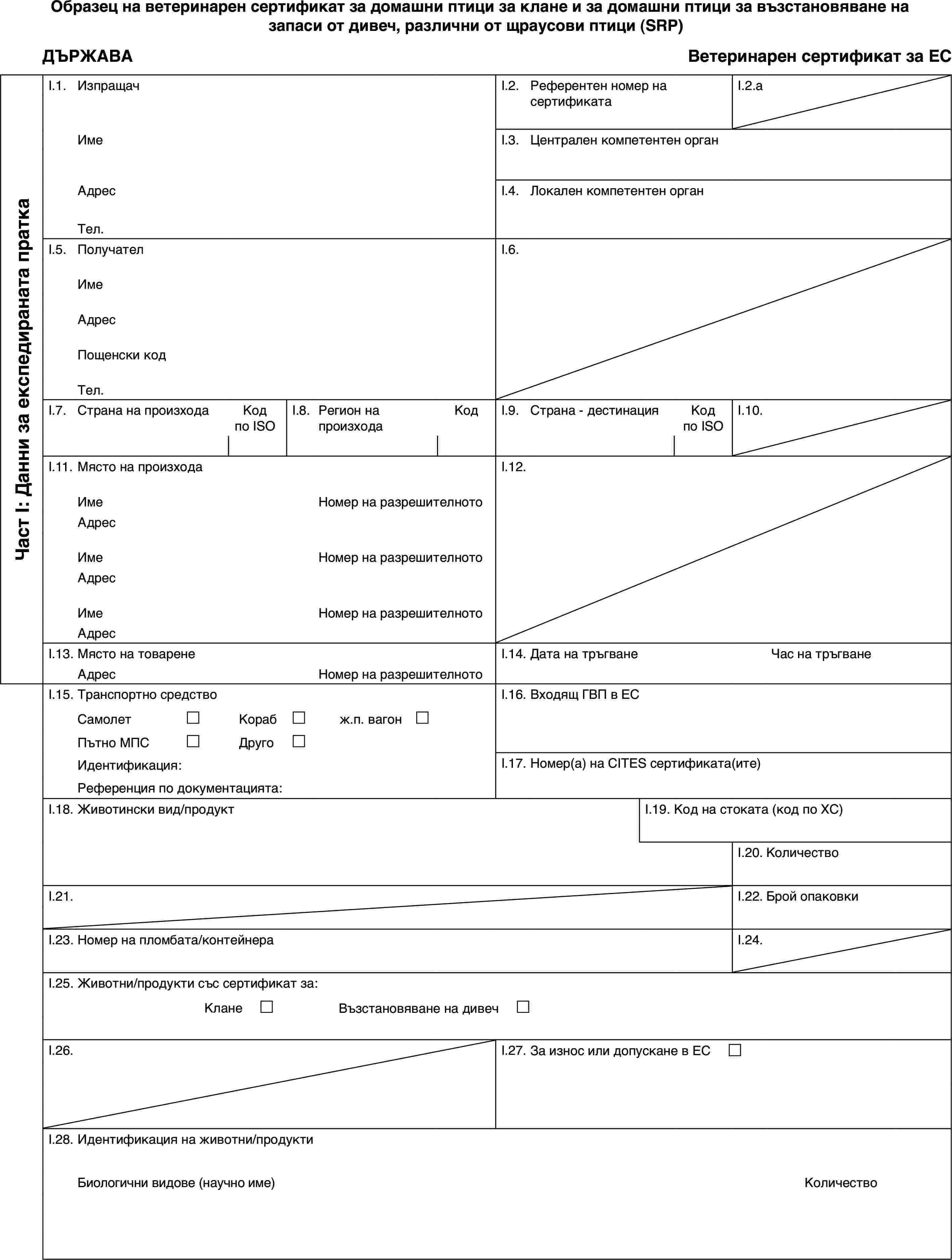 Образец на ветеринарен сертификат за домашни птици за клане и за домашни птици за възстановяване на запаси от дивеч, различни от щраусови птици (SRP)ДЪРЖАВАВетеринарен сертификат за ЕСЧаст I: Данни за експедираната праткаI.1.ИзпращачI.2.Референтен номер на сертификатаI.2.aИмеI.3.Централен компетентен органАдресI.4.Локален компетентен органТел.I.5.ПолучателI.6.ИмеАдресПощенски кодТел.I.7.Страна на произходаКод по ISOI.8.Регион на произходаКодI.9.Страна - дестинацияКод по ISOI.10.I.11.Място на произходаI.12.ИмеНомер на разрешителнотоАдресИмеНомер на разрешителнотоАдресИмеНомер на разрешителнотоАдресI.13.Място на товаренеI.14.Дата на тръгванеЧас на тръгванеАдресНомер на разрешителнотоI.15.Транспортно средствоI.16.Входящ ГВП в ЕССамолет£Кораб£ж.п. вагон £Пътно МПС£Друго£Идентификация:I.17.Номер(а) на CITES сертификата(ите)Референция по документацията:I.18.Животински вид/продуктI.19.Код на стоката (код по ХС)I.20.КоличествоI.21.I.22.Брой опаковкиI.23.Номер на пломбата/контейнераI.24.I.25.Животни/продукти със сертификат за:Клане £Възстановяване на дивеч £I.26.I.27.За износ или допускане в ЕС £I.28.Идентификация на животни/продуктиБиологични видове (научно име)Количество