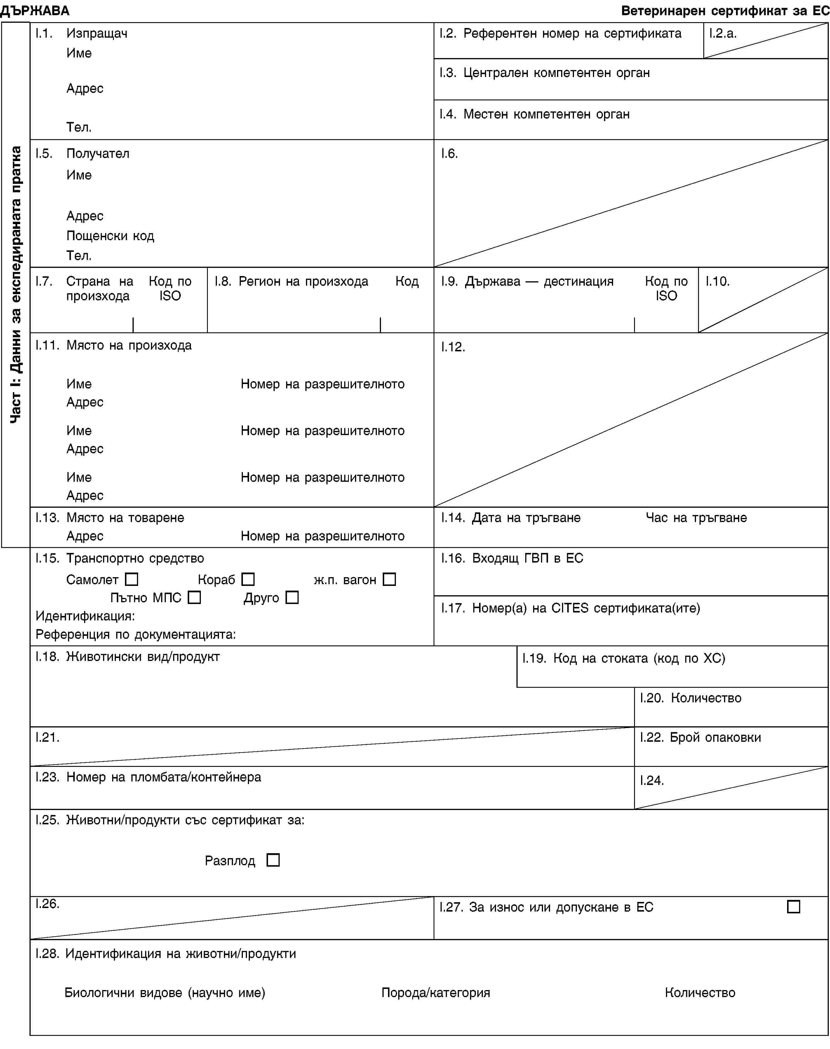 Част I: Данни за експедираната праткаДЪРЖАВАВетеринарен сертификат за ЕСI.1. ИзпращачИмеАдресТел.I.2. Референтен номер на сертификатаI.2.a.I.3. Централен компетентен органI.4. Местен компетентен органI.5. ПолучателИмеАдресПощенски кодТел.I.6.I.7. Страна на произходаКод по ISOI.8. Регион на произходаКодI.9. Държава — дестинацияКод по ISOI.10.I.11. Място на произходаИмеНомер на разрешителнотоАдресИмеНомер на разрешителнотоАдресИмеНомер на разрешителнотоАдресI.12.I.13. Място на товаренеАдресНомер на разрешителнотоI.14. Дата на тръгванеЧас на тръгванеI.15. Транспортно средствоСамолетКорабж.п. вагонПътно МПСДругоИдентификация:Референция по документацията:I.16. Входящ ГВП в ЕСI.17. Номер(а) на CITES сертификата(ите)I.18. Животински вид/продуктI.19. Код на стоката (код по ХС)I.20. КоличествоI.21.I.22. Брой опаковкиI.23. Номер на пломбата/контейнераI.24.I.25. Животни/продукти със сертификат за:РазплодI.26.I.27. За износ или допускане в ЕСI.28. Идентификация на животни/продуктиБиологични видове (научно име)Порода/категорияКоличество