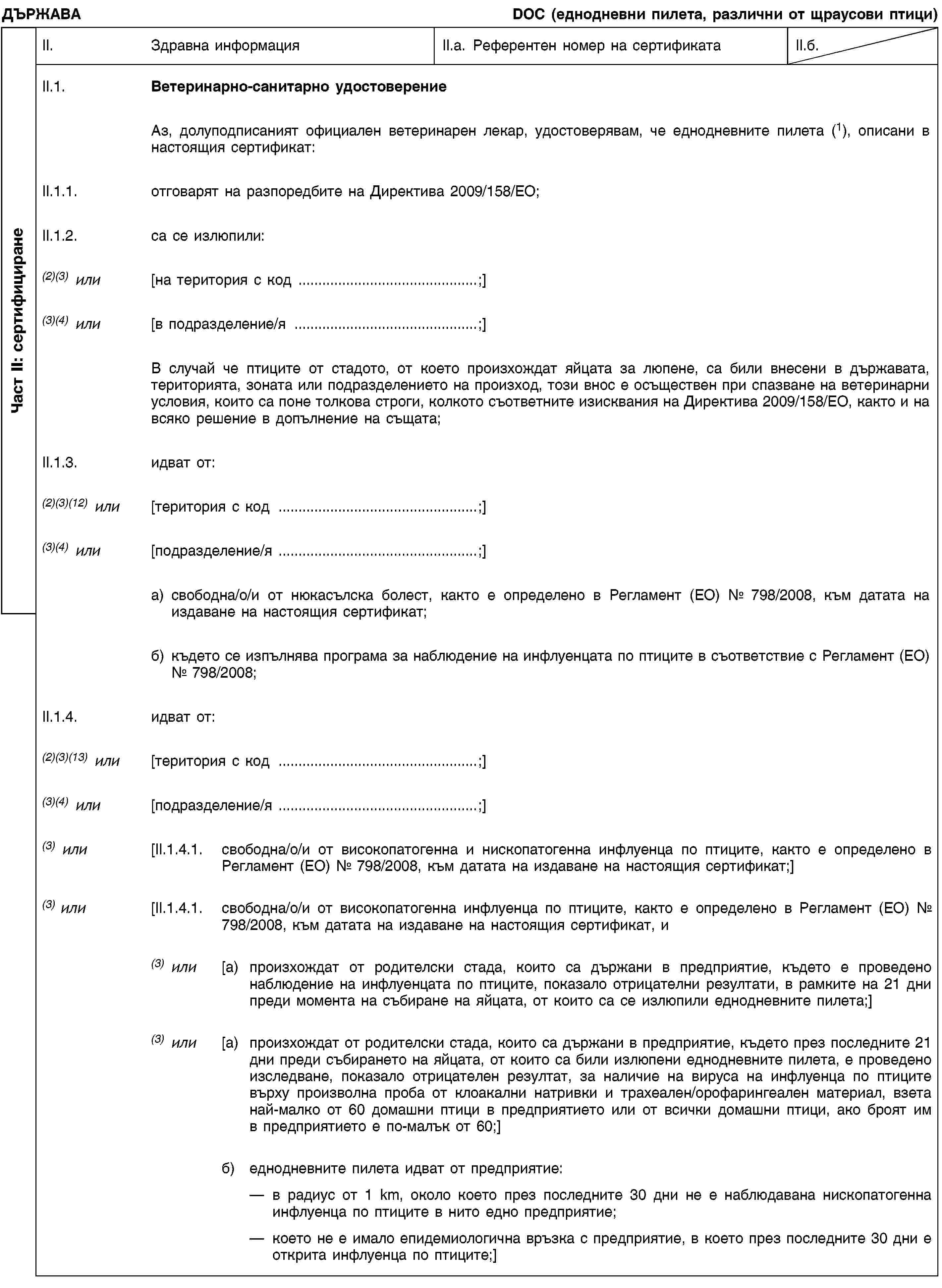 Част II: сертифициранеДЪРЖАВАDOC (еднодневни пилета, различни от щраусови птици)II.Здравна информацияII.a. Референтен номер на сертификатаII.б.II.1.Ветеринарно-санитарно удостоверениеАз, долуподписаният официален ветеринарен лекар, удостоверявам, че еднодневните пилета (1), описани в настоящия сертификат:II.1.1.отговарят на разпоредбите на Директива 2009/158/ЕО;II.1.2.са се излюпили:(2)(3) или[на територия с код …;](3)(4) или[в подразделение/я …;]В случай че птиците от стадото, от което произхождат яйцата за люпене, са били внесени в държавата, територията, зоната или подразделението на произход, този внос е осъществен при спазване на ветеринарни условия, които са поне толкова строги, колкото съответните изисквания на Директива 2009/158/ЕО, както и на всяко решение в допълнение на същата;II.1.3.идват от:(2)(3)(12) или[територия с код …;](3)(4) или[подразделение/я …;]а) свободна/о/и от нюкасълска болест, както е определено в Регламент (ЕО) № 798/2008, към датата на издаване на настоящия сертификат;б) където се изпълнява програма за наблюдение на инфлуенцата по птиците в съответствие с Регламент (ЕО) № 798/2008;II.1.4.идват от:(2)(3)(13) или[територия с код …;](3)(4) или[подразделение/я …;](3) или[II.1.4.1.свободна/о/и от високопатогенна и нископатогенна инфлуенца по птиците, както е определено в Регламент (ЕО) № 798/2008, към датата на издаване на настоящия сертификат;](3) или[II.1.4.1.свободна/о/и от високопатогенна инфлуенца по птиците, както е определено в Регламент (ЕО) № 798/2008, към датата на издаване на настоящия сертификат, и(3) или[a) произхождат от родителски стада, които са държани в предприятие, където е проведено наблюдение на инфлуенцата по птиците, показало отрицателни резултати, в рамките на 21 дни преди момента на събиране на яйцата, от които са се излюпили еднодневните пилета;](3) или[a) произхождат от родителски стада, които са държани в предприятие, където през последните 21 дни преди събирането на яйцата, от които са били излюпени еднодневните пилета, е проведено изследване, показало отрицателен резултат, за наличие на вируса на инфлуенца по птиците върху произволна проба от клоакални натривки и трахеален/орофарингеален материал, взета най-малко от 60 домашни птици в предприятието или от всички домашни птици, ако броят им в предприятието е по-малък от 60;]б) еднодневните пилета идват от предприятие:в радиус от 1 km, около което през последните 30 дни не е наблюдавана нископатогенна инфлуенца по птиците в нито едно предприятие;което не е имало епидемиологична връзка с предприятие, в което през последните 30 дни е открита инфлуенца по птиците;]