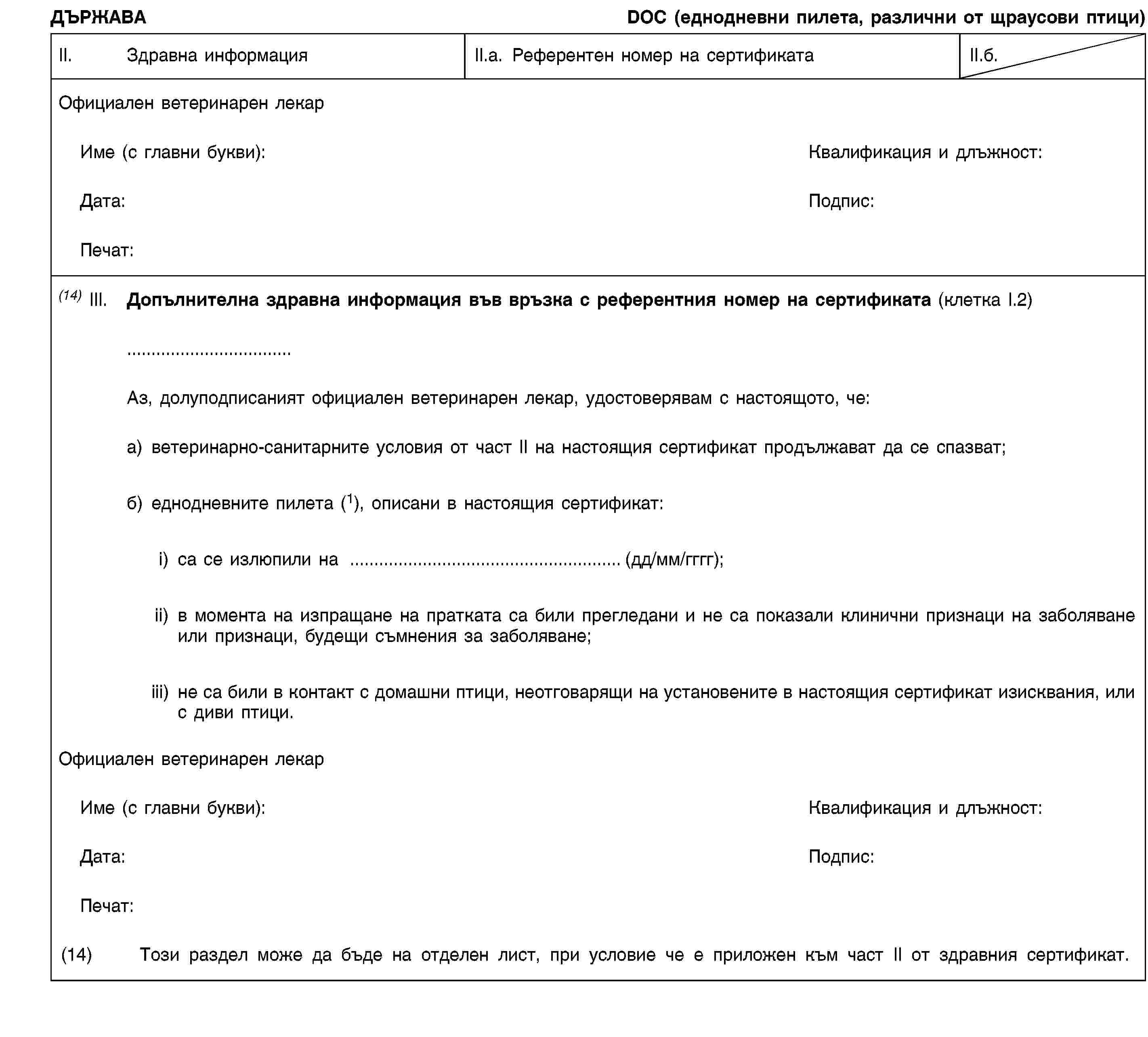 ДЪРЖАВАDOC (еднодневни пилета, различни от щраусови птици)II.Здравна информацияII.a. Референтен номер на сертификатаII.б.Официален ветеринарен лекарИме (с главни букви):Квалификация и длъжност:Дата:Подпис:Печат:(14) III.Допълнителна здравна информация във връзка с референтния номер на сертификата (клетка I.2)Аз, долуподписаният официален ветеринарен лекар, удостоверявам с настоящото, че:а) ветеринарно-санитарните условия от част II на настоящия сертификат продължават да се спазват;б) еднодневните пилета (1), описани в настоящия сертификат:i) са се излюпили на …(дд/мм/гггг);ii) в момента на изпращане на пратката са били прегледани и не са показали клинични признаци на заболяване или признаци, будещи съмнения за заболяване;iii) не са били в контакт с домашни птици, неотговарящи на установените в настоящия сертификат изисквания, или с диви птици.Официален ветеринарен лекарИме (с главни букви):Квалификация и длъжност:Дата:Подпис:Печат:(14) Този раздел може да бъде на отделен лист, при условие че е приложен към част II от здравния сертификат.