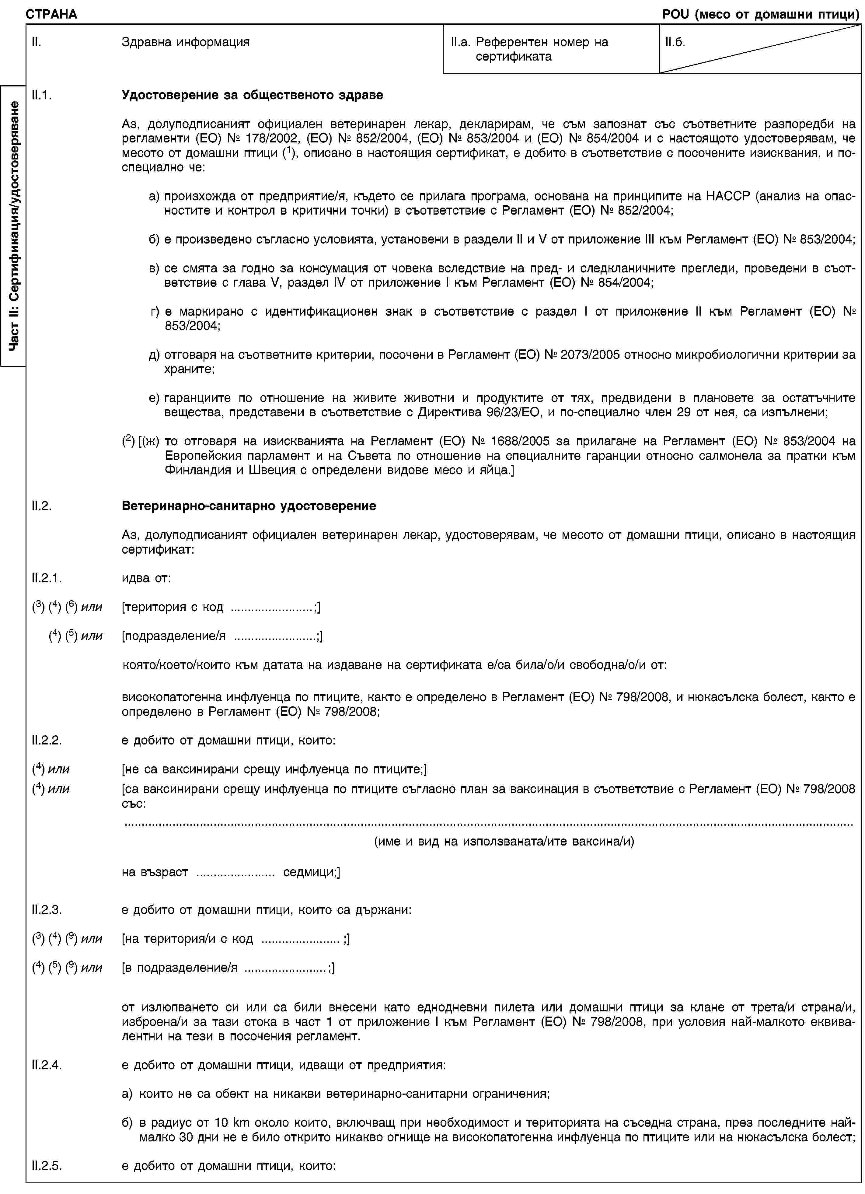 Част II: Сертификация/удостоверяванеСТРАНАPOU (месо от домашни птици)II. Здравна информацияII.a. Референтен номер на сертификатаII.б.II.1. Удостоверение за общественото здравеАз, долуподписаният официален ветеринарен лекар, декларирам, че съм запознат със съответните разпоредби на регламенти (ЕО) № 178/2002, (ЕО) № 852/2004, (ЕО) № 853/2004 и (ЕО) № 854/2004 и с настоящото удостоверявам, че месото от домашни птици (1), описано в настоящия сертификат, е добито в съответствие с посочените изисквания, и по-специално че:а) произхожда от предприятие/я, където се прилага програма, основана на принципите на HACCP (анализ на опасностите и контрол в критични точки) в съответствие с Регламент (ЕО) № 852/2004;б) е произведено съгласно условията, установени в раздели II и V от приложение III към Регламент (ЕО) № 853/2004;в) се смята за годно за консумация от човека вследствие на пред- и следкланичните прегледи, проведени в съответствие с глава V, раздел IV от приложение I към Регламент (ЕО) № 854/2004;г) е маркирано с идентификационен знак в съответствие с раздел I от приложение II към Регламент (ЕО) № 853/2004;д) отговаря на съответните критерии, посочени в Регламент (ЕО) № 2073/2005 относно микробиологични критерии за храните;е) гаранциите по отношение на живите животни и продуктите от тях, предвидени в плановете за остатъчните вещества, представени в съответствие с Директива 96/23/ЕО, и по-специално член 29 от нея, са изпълнени;(2) [(ж) то отговаря на изискванията на Регламент (ЕО) № 1688/2005 за прилагане на Регламент (ЕО) № 853/2004 на Европейския парламент и на Съвета по отношение на специалните гаранции относно салмонела за пратки към Финландия и Швеция с определени видове месо и яйца.]II.2. Ветеринарно-санитарно удостоверениеАз, долуподписаният официален ветеринарен лекар, удостоверявам, че месото от домашни птици, описано в настоящия сертификат:II.2.1. идва от:(3) (4) (6) или [територия с код …;](4) (5) или [подразделение/я …;]която/което/които към датата на издаване на сертификата е/са била/о/и свободна/о/и от:високопатогенна инфлуенца по птиците, както е определено в Регламент (ЕО) № 798/2008, и нюкасълска болест, както е определено в Регламент (ЕО) № 798/2008;II.2.2. е добито от домашни птици, които:(4) или [не са ваксинирани срещу инфлуенца по птиците;](4) или [са ваксинирани срещу инфлуенца по птиците съгласно план за ваксинация в съответствие с Регламент (ЕО) № 798/2008 със:(име и вид на използваната/ите ваксина/и)на възраст … седмици;]II.2.3. е добито от домашни птици, които са държани:(3) (4) (9) или [на територия/и с код …;](4) (5) (9) или [в подразделение/я …;]от излюпването си или са били внесени като еднодневни пилета или домашни птици за клане от трета/и страна/и, изброена/и за тази стока в част 1 от приложение I към Регламент (ЕО) № 798/2008, при условия най-малкото еквивалентни на тези в посочения регламент.II.2.4. е добито от домашни птици, идващи от предприятия:a) които не са обект на никакви ветеринарно-санитарни ограничения;б) в радиус от 10 km около които, включващ при необходимост и територията на съседна страна, през последните най-малко 30 дни не е било открито никакво огнище на високопатогенна инфлуенца по птиците или на нюкасълска болест;II.2.5. е добито от домашни птици, които: