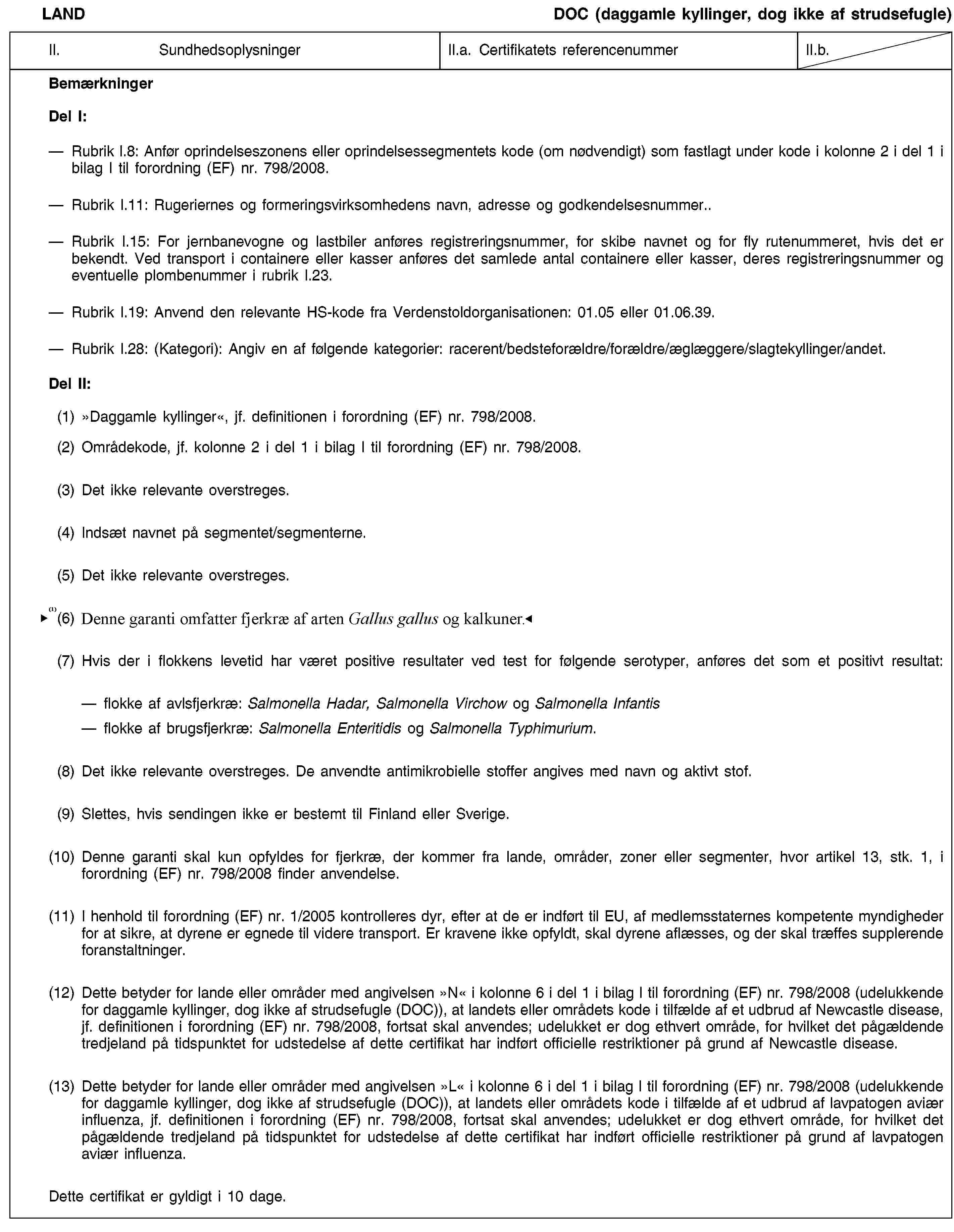 LANDDOC (daggamle kyllinger, dog ikke af strudsefugle)II.SundhedsoplysningerII.a. Certifikatets referencenummerII.b.BemærkningerDel I:—Rubrik I.8: Anfør oprindelseszonens eller oprindelsessegmentets kode (om nødvendigt) som fastlagt under kode i kolonne 2 i del 1 i bilag I til forordning (EF) nr. 798/2008.—Rubrik I.11: Rugeriernes og formeringsvirksomhedens navn, adresse og godkendelsesnummer.—Rubrik I.15: For jernbanevogne og lastbiler anføres registreringsnummer, for skibe navnet og for fly rutenummeret, hvis det er bekendt. Ved transport i containere eller kasser anføres det samlede antal containere eller kasser, deres registreringsnummer og eventuelle plombenummer i rubrik I.23.—Rubrik I.19: Anvend den relevante HS-kode fra Verdenstoldorganisationen: 01.05 eller 01.06.39.—Rubrik I.28: (Kategori): Angiv en af følgende kategorier: racerent/bedsteforældre/forældre/æglæggere/slagtekyllinger/andet.Del II:(1)»Daggamle kyllinger«, jf. definitionen i forordning (EF) nr. 798/2008.(2)Områdekode, jf. kolonne 2 i del 1 i bilag I til forordning (EF) nr. 798/2008.(3)Det ikke relevante overstreges.(4)Indsæt navnet på segmentet/segmenterne.(5)Det ikke relevante overstreges.(6)Denne garanti omfatter kun daggamle kyllinger af arten Gallus gallus.(7)Hvis der i flokkens levetid har været positive resultater ved test for følgende serotyper, anføres det som et positivt resultat:flokke af avlsfjerkræ: Salmonella Hadar, Salmonella Virchow og Salmonella Infantis flokke af brugsfjerkræ: Salmonella Enteritidis og Salmonella Typhimurium.(8)Det ikke relevante overstreges. De anvendte antimikrobielle stoffer angives med navn og aktivt stof.(9)Slettes, hvis sendingen ikke er bestemt til Finland eller Sverige.(10)Denne garanti skal kun opfyldes for fjerkræ, der kommer fra lande, områder, zoner eller segmenter, hvor artikel 13, stk. 1, i forordning (EF) nr. 798/2008 finder anvendelse.(11)I henhold til forordning (EF) nr. 1/2005 kontrolleres dyr, efter at de er indført til EU, af medlemsstaternes kompetente myndigheder for at sikre, at dyrene er egnede til videre transport. Er kravene ikke opfyldt, skal dyrene aflæsses, og der skal træffes supplerende foranstaltninger.(12)Dette betyder for lande eller områder med angivelsen »N« i kolonne 6 i del 1 i bilag I til forordning (EF) nr. 798/2008 (udelukkende for daggamle kyllinger, dog ikke af strudsefugle (DOC)), at landets eller områdets kode i tilfælde af et udbrud af Newcastle disease, jf. definitionen i forordning (EF) nr. 798/2008, fortsat skal anvendes; udelukket er dog ethvert område, for hvilket det pågældende tredjeland på tidspunktet for udstedelse af dette certifikat har indført officielle restriktioner på grund af Newcastle disease.(13)Dette betyder for lande eller områder med angivelsen »L« i kolonne 6 i del 1 i bilag I til forordning (EF) nr. 798/2008 (udelukkende for daggamle kyllinger, dog ikke af strudsefugle (DOC)), at landets eller områdets kode i tilfælde af et udbrud af lavpatogen aviær influenza, jf. definitionen i forordning (EF) nr. 798/2008, fortsat skal anvendes; udelukket er dog ethvert område, for hvilket det pågældende tredjeland på tidspunktet for udstedelse af dette certifikat har indført officielle restriktioner på grund af lavpatogen aviær influenza.Dette certifikat er gyldigt i 10 dage.