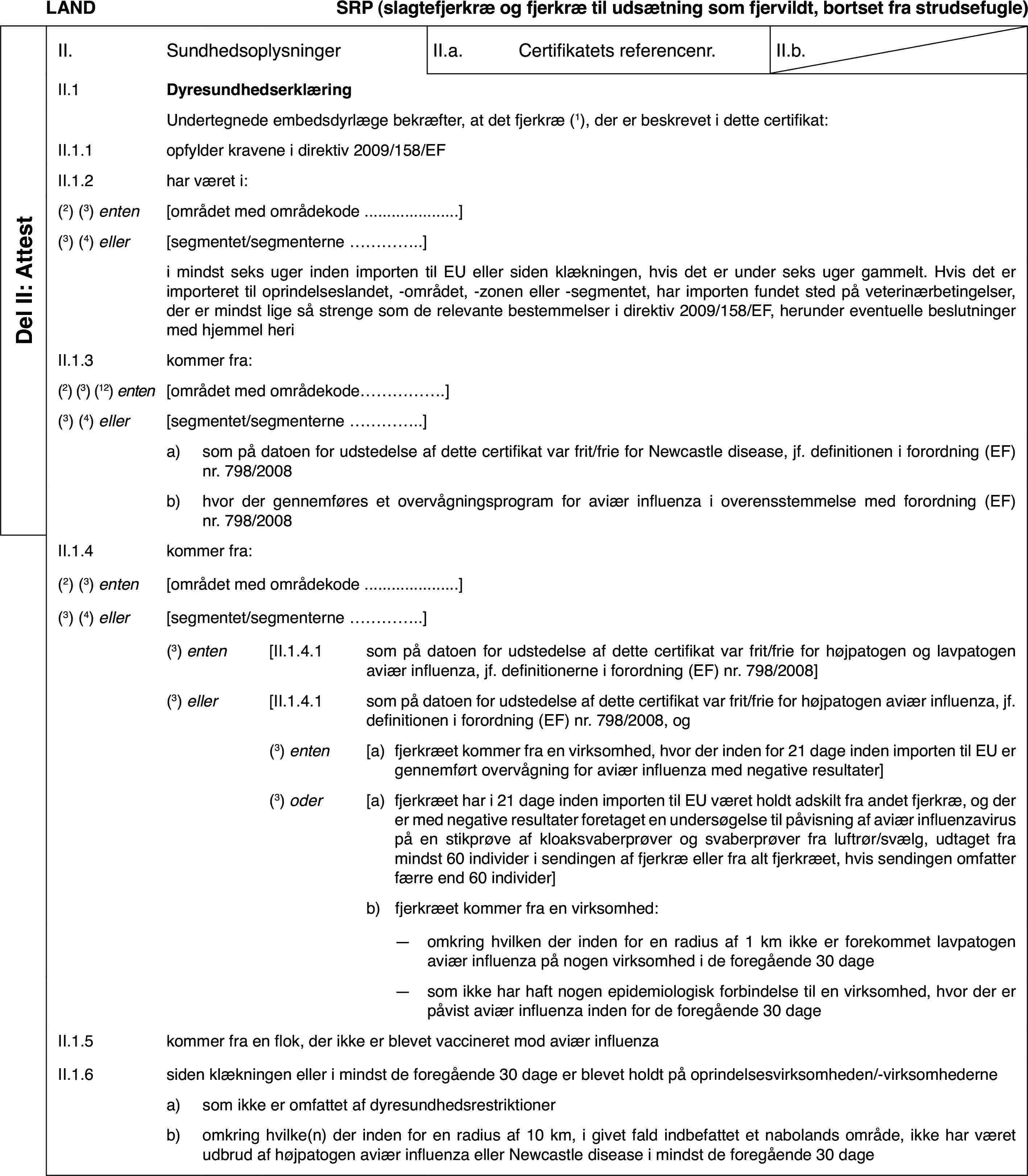 LANDSRP (slagtefjerkræ og fjerkræ til udsætning som fjervildt,bortset fra strudsefugle)Del II: AttestII.SundhedsoplysningerII.a.Certifikatets referencenr.II.b.II.1DyresundhedserklæringUndertegnedeembedsdyrlæge bekræfter, at det fjerkræ (1),der er beskrevet i dette certifikat:II.1.1opfylder kravenei direktiv 2009/158/EFII.1.2har været i:(2) (3) enten[området med områdekode…](3) (4) eller[segmentet/segmenterne…]i mindst seks ugerinden importen til EU eller siden klækningen, hvis det er under seks ugergammelt. Hvis det er importeret til oprindelseslandet, -området, -zonen eller-segmentet, har importen fundet sted på veterinærbetingelser, der er mindstlige så strenge som de relevante bestemmelser i direktiv 2009/158/EF, herundereventuelle beslutninger med hjemmel heriII.1.3kommer fra:(2)(3) (12) enten[området med områdekode…](3)(4) eller[segmentet/segmenterne …]a)som på datoen for udstedelse af dette certifikat var frit/frie forNewcastle disease, jf. definitionen i forordning (EF) nr.798/2008b)hvor der gennemføres et overvågningsprogram for aviær influenza i overensstemmelsemed forordning (EF) nr. 798/2008II.1.4kommer fra:(2)(3) enten[området med områdekode…](3) (4) eller[segmentet/segmenterne…](3) enten[II.1.4.1som på datoen for udstedelse af dette certifikat var frit/frie forhøjpatogen og lavpatogen aviær influenza, jf. definitionerne i forordning(EF) nr.798/2008](3) eller[II.1.4.1som på datoen for udstedelse af dette certifikat var frit/frie forhøjpatogen aviær influenza, jf. definitionen i forordning (EF) nr.798/2008,og(3) enten[a)fjerkræet kommerfra en virksomhed, hvor der inden for 21 dage inden importen til EU er gennemførtovervågning for aviær influenza med negative resultater](3) oder[a)fjerkræet har i21 dage inden importen til EU været holdt adskilt fra andet fjerkræ, og derer med negative resultater foretaget en undersøgelse til påvisning af aviærinfluenzavirus på en stikprøve af kloaksvaberprøver og svaberprøver fra luftrør/svælg,udtaget fra mindst 60 individer i sendingen af fjerkræ eller fra alt fjerkræet,hvis sendingen omfatter færre end 60 individer]b)fjerkræet kommer fra en virksomhed:—omkring hvilken der inden for en radius af 1 km ikke er forekommetlavpatogen aviær influenza på nogen virksomhed i de foregående 30 dage—som ikke har haft nogen epidemiologisk forbindelse til en virksomhed,hvor der er påvist aviær influenza inden for de foregående 30 dageII.1.5kommer fra en flok, der ikke er blevet vaccineret mod aviær influenzaII.1.6siden klækningen eller i mindst de foregående 30 dage er blevet holdtpå oprindelsesvirksomheden/virksomhedernea)som ikke er omfattet af dyresundhedsrestriktionerb)omkring hvilke(n) der inden for en radius af 10 km, i givet fald indbefattetet nabolands område, ikke har været udbrud af højpatogen aviær influenza ellerNewcastle disease i mindst de foregående 30 dage