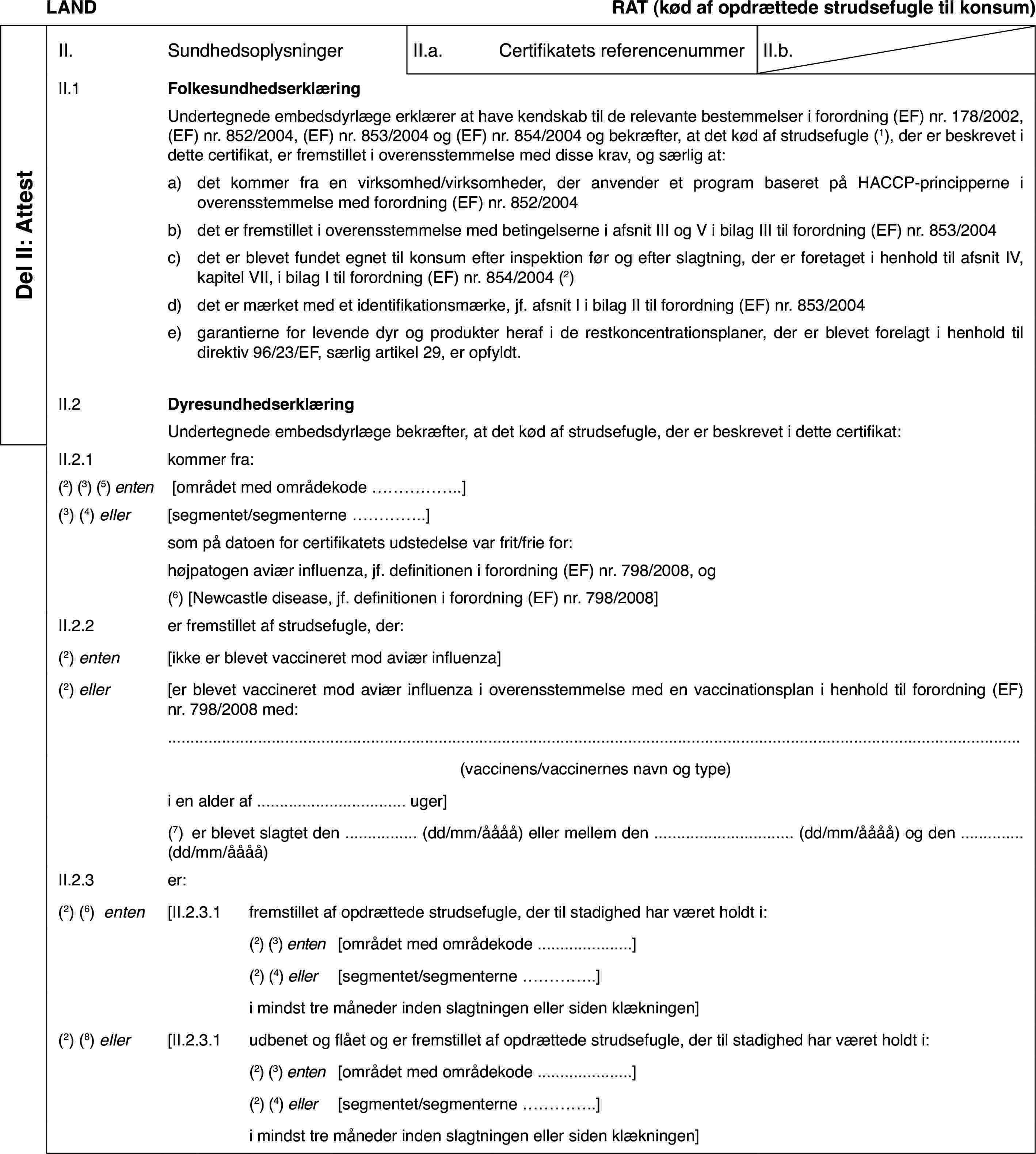 LANDRAT(kød af opdrættede strudsefugle til konsum)Del II: AttestII.SundhedsoplysningerII.a.Certifikatets referencenummerII.b.II.1FolkesundhedserklæringUndertegnedeembedsdyrlæge erklærer at have kendskab til de relevante bestemmelser i forordning(EF) nr.178/2002, (EF) nr.852/2004, (EF) nr.853/2004 og (EF) nr.854/2004og bekræfter, at det kød af strudsefugle (1),der er beskrevet i dette certifikat, er fremstillet i overensstemmelse meddisse krav, og særlig at:a)det kommer fra envirksomhed/virksomheder, der anvender et program baseret på HACCP-princippernei overensstemmelse med forordning (EF) nr.852/2004b)det er fremstillet i overensstemmelse med betingelserne i afsnit IIIog V i bilag III til forordning (EF) nr.853/2004c)det er blevet fundet egnet til konsum efterinspektion før og efter slagtning, der er foretaget i henhold til afsnit IV,kapitel VII, i bilag I til forordning (EF) nr.854/2004 (2)d)det er mærket medet identifikationsmærke, jf. afsnit I i bilag II til forordning (EF) nr.853/2004e)garantierne for levende dyr og produkter heraf i de restkoncentrationsplaner,der er blevet forelagt i henhold til direktiv 96/23/EF, særlig artikel 29,er opfyldt.II.2DyresundhedserklæringUndertegnede embedsdyrlægebekræfter, at det kød af strudsefugle, der er beskrevet i dette certifikat:II.2.1kommer fra:(2) (3) (5) enten[området med områdekode…](3)(4) eller[segmentet/segmenterne…]som på datoen forcertifikatets udstedelse var frit/frie for:højpatogen aviærinfluenza, jf. definitionen i forordning (EF) nr.798/2008, og(6)[Newcastle disease, jf. definitionen i forordning (EF) nr.798/2008]II.2.2er fremstillet af strudsefugle, der:(2) enten[ikke er blevet vaccineret mod aviær influenza](2) eller[er blevet vaccineret mod aviær influenza i overensstemmelsemed en vaccinationsplan i henhold til forordning (EF) nr.798/2008 med:(vaccinens/vaccinernesnavn og type)i en alder af …uger](7)er blevet slagtetden … (dd/mm/åååå) eller mellem den …(dd/mm/åååå) og den … (dd/mm/åååå)II.2.3er:(2)(6) enten[II.2.3.1fremstillet af opdrættedestrudsefugle, der til stadighed har været holdt i:(2) (3) enten[området med områdekode…](2) (4) eller[segmentet/segmenterne …]i mindst tre måneder inden slagtningeneller siden klækningen](2) (8) eller[II.2.3.1udbenet og flåetog er fremstillet af opdrættede strudsefugle, der til stadighed har væretholdt i:(2) (3) enten[området med områdekode…](2) (4) eller[segmentet/segmenterne …]i mindst tre måneder inden slagtningeneller siden klækningen]