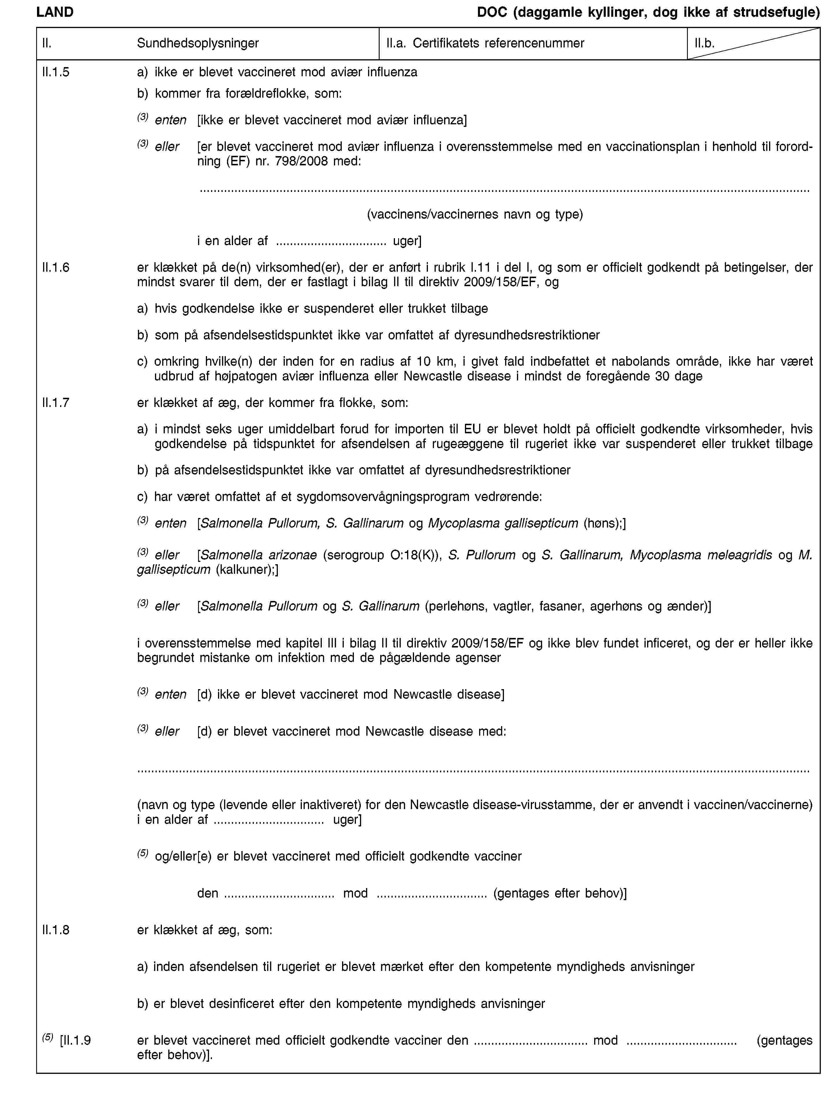 LANDDOC (daggamle kyllinger, dog ikke af strudsefugle)II.SundhedsoplysningerII.a. Certifikatets referencenummerII.b.II.1.5a) ikke er blevet vaccineret mod aviær influenzab) kommer fra forældreflokke, som:(3) enten[ikke er blevet vaccineret mod aviær influenza](3) eller[er blevet vaccineret mod aviær influenza i overensstemmelse med en vaccinationsplan i henhold til forordning (EF) nr. 798/2008 med:(vaccinens/vaccinernes navn og type)i en alder af … uger]II.1.6er klækket på de(n) virksomhed(er), der er anført i rubrik I.11 i del I, og som er officielt godkendt på betingelser, der mindst svarer til dem, der er fastlagt i bilag II til direktiv 2009/158/EF, oga) hvis godkendelse ikke er suspenderet eller trukket tilbageb) som på afsendelsestidspunktet ikke var omfattet af dyresundhedsrestriktionerc) omkring hvilke(n) der inden for en radius af 10 km, i givet fald indbefattet et nabolands område, ikke har været udbrud af højpatogen aviær influenza eller Newcastle disease i mindst de foregående 30 dageII.1.7er klækket af æg, der kommer fra flokke, som:a) i mindst seks uger umiddelbart forud for importen til EU er blevet holdt på officielt godkendte virksomheder, hvis godkendelse på tidspunktet for afsendelsen af rugeæggene til rugeriet ikke var suspenderet eller trukket tilbageb) på afsendelsestidspunktet ikke var omfattet af dyresundhedsrestriktionerc) har været omfattet af et sygdomsovervågningsprogram vedrørende:(3) enten[Salmonella Pullorum, S. Gallinarum og Mycoplasma gallisepticum (høns);](3) eller[Salmonella arizonae (serogroup O:18(K)), S. Pullorum og S. Gallinarum, Mycoplasma meleagridis og M. gallisepticum (kalkuner);](3) eller[Salmonella Pullorum og S. Gallinarum (perlehøns, vagtler, fasaner, agerhøns og ænder)]i overensstemmelse med kapitel III i bilag II til direktiv 2009/158/EF og ikke blev fundet inficeret, og der er heller ikke begrundet mistanke om infektion med de pågældende agenser(3) enten[d) ikke er blevet vaccineret mod Newcastle disease](3) eller[d) er blevet vaccineret mod Newcastle disease med:(navn og type (levende eller inaktiveret) for den Newcastle disease-virusstamme, der er anvendt i vaccinen/vaccinerne) i en alder af … uger](5) og/eller[e) er blevet vaccineret med officielt godkendte vaccinerden … mod … (gentages efter behov)]II.1.8er klækket af æg, som:a) inden afsendelsen til rugeriet er blevet mærket efter den kompetente myndigheds anvisningerb) er blevet desinficeret efter den kompetente myndigheds anvisninger(5) [II.1.9er blevet vaccineret med officielt godkendte vacciner den … mod … (gentages efter behov)].