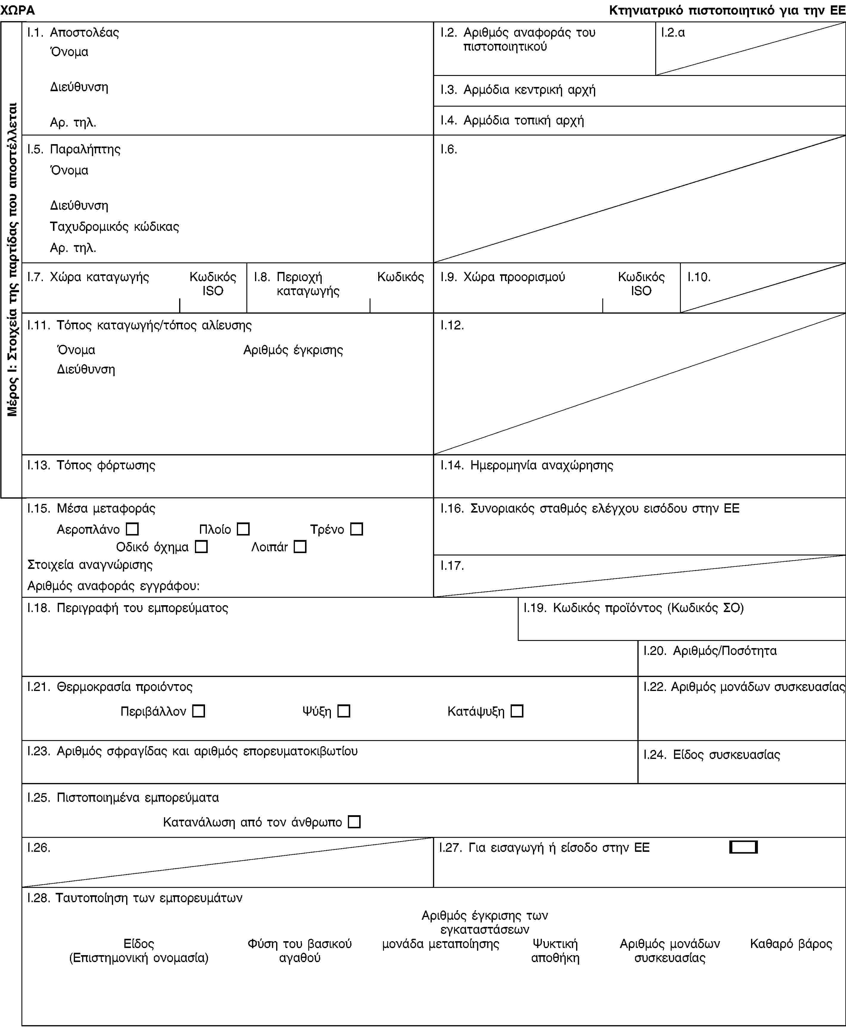 Μέρος I: Στοιχεία της παρτίδας που αποστέλλεταιΧΩΡΑΚτηνιατρικό πιστοποιητικό για την ΕΕI.1. ΑποστολέαςΌνομαΔιεύθυνσηΑρ. τηλ.I.2. Αριθμός αναφοράς του πιστοποιητικούI.2.αI.3. Αρμόδια κεντρική αρχήI.4. Αρμόδια τοπική αρχήI.5. ΠαραλήπτηςΌνομαΔιεύθυνσηΤαχυδρομικός κώδικαςΑρ. τηλ.I.6.I.7. Χώρα καταγωγήςΚωδικός ISOI.8. Περιοχή καταγωγήςΚωδικόςI.9. Χώρα προορισμούΚωδικός ISOI.10.I.11. Τόπος καταγωγής/τόπος αλίευσηςΌνομαΑριθμός έγκρισηςΔιεύθυνσηI.12.I.13. Τόπος φόρτωσηςI.14. Ημερομηνία αναχώρησηςI.15. Μέσα μεταφοράςΑεροπλάνοΠλοίοΤρένοΟδικό όχημαΛοιπάrΣτοιχεία αναγνώρισηςΑριθμός αναφοράς εγγράφου:I.16. Συνοριακός σταθμός ελέγχου εισόδου στην ΕΕI.17.I.18. Περιγραφή του εμπορεύματοςI.19. Κωδικός προϊόντος (Κωδικός ΣΟ)I.20. Αριθμός/ΠοσότηταI.21. Θερμοκρασία προιόντοςΠεριβάλλονΨύξηΚατάψυξηI.22. Αριθμός μονάδων συσκευασίαςI.23. Αριθμός σφραγίδας και αριθμός επορευματοκιβωτίουI.24. Είδος συσκευασίαςI.25. Πιστοποιημένα εμπορεύματαΚατανάλωση από τον άνθρωποI.26.I.27. Για εισαγωγή ή είσοδο στην ΕΕI.28. Ταυτοποίηση των εμπορευμάτωνΑριθμός έγκρισης τωνεγκαταστάσεωνΕίδος (Επιστημονική ονομασία)Φύση του βασικού αγαθούμονάδα μεταποίησηςΨυκτική αποθήκηΑριθμός μονάδων συσκευασίαςΚαθαρό βάρος