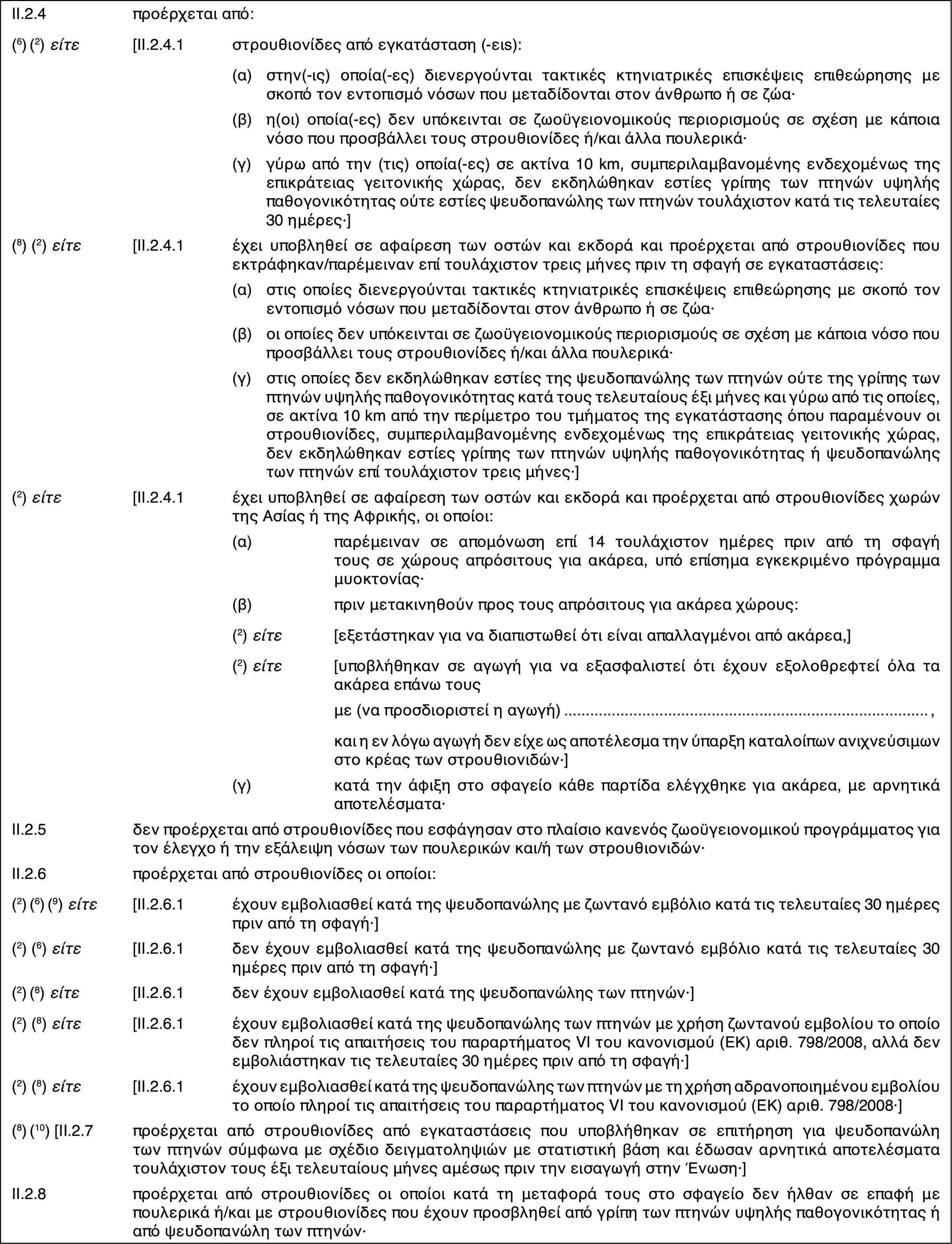 II.2.4προέρχεται από:(6) (2) είτε[II.2.4.1στρουθιονίδες από εγκατάσταση (-ειs):(α)στην(-ις) οποία(-ες) διενεργούνται τακτικές κτηνιατρικές επισκέψεις επιθεώρησης με σκοπό τον εντοπισμό νόσων που μεταδίδονται στον άνθρωπο ή σε ζώα·(β)η(οι) οποία(-ες) δεν υπόκεινται σε ζωοϋγειονομικούς περιορισμούς σε σχέση με κάποια νόσο που προσβάλλει τους στρουθιονίδες ή/και άλλα πουλερικά·(γ)γύρω από την (τις) οποία(-ες) σε ακτίνα 10 km, συμπεριλαμβανομένης ενδεχομένως της επικράτειας γειτονικής χώρας, δεν εκδηλώθηκαν εστίες γρίπης των πτηνών υψηλής παθογονικότητας ούτε εστίες ψευδοπανώλης των πτηνών τουλάχιστον κατά τις τελευταίες 30 ημέρες·](8) (2) είτε[II.2.4.1έχει υποβληθεί σε αφαίρεση των οστών και εκδορά και προέρχεται από στρουθιονίδες που εκτράφηκαν/παρέμειναν επί τουλάχιστον τρεις μήνες πριν τη σφαγή σε εγκαταστάσεις:(α)στις οποίες διενεργούνται τακτικές κτηνιατρικές επισκέψεις επιθεώρησης με σκοπό τον εντοπισμό νόσων που μεταδίδονται στον άνθρωπο ή σε ζώα·(β)οι οποίες δεν υπόκεινται σε ζωοϋγειονομικούς περιορισμούς σε σχέση με κάποια νόσο που προσβάλλει τους στρουθιονίδες ή/και άλλα πουλερικά·(γ)στις οποίες δεν εκδηλώθηκαν εστίες της ψευδοπανώλης των πτηνών ούτε της γρίπης των πτηνών υψηλής παθογονικότητας κατά τους τελευταίους έξι μήνες και γύρω από τις οποίες, σε ακτίνα 10 km από την περίμετρο του τμήματος της εγκατάστασης όπου παραμένουν οι στρουθιονίδες, συμπεριλαμβανομένης ενδεχομένως της επικράτειας γειτονικής χώρας, δεν εκδηλώθηκαν εστίες γρίπης των πτηνών υψηλής παθογονικότητας ή ψευδοπανώλης των πτηνών επί τουλάχιστον τρεις μήνες·](2) είτε[II.2.4.1έχει υποβληθεί σε αφαίρεση των οστών και εκδορά και προέρχεται από στρουθιονίδες χωρών της Ασίας ή της Αφρικής, οι οποίοι:(α)παρέμειναν σε απομόνωση επί 14 τουλάχιστον ημέρες πριν από τη σφαγή τους σε χώρους απρόσιτους για ακάρεα, υπό επίσημα εγκεκριμένο πρόγραμμα μυοκτονίας·(β)πριν μετακινηθούν προς τους απρόσιτους για ακάρεα χώρους:(2) είτε[εξετάστηκαν για να διαπιστωθεί ότι είναι απαλλαγμένοι από ακάρεα,](2) είτε[υποβλήθηκαν σε αγωγή για να εξασφαλιστεί ότι έχουν εξολοθρεφτεί όλα τα ακάρεα επάνω τουςμε (να προσδιοριστεί η αγωγή),και η εν λόγω αγωγή δεν είχε ως αποτέλεσμα την ύπαρξη καταλοίπων ανιχνεύσιμων στο κρέας των στρουθιονιδών·](γ)κατά την άφιξη στο σφαγείο κάθε παρτίδα ελέγχθηκε για ακάρεα, με αρνητικά αποτελέσματα·II.2.5δεν προέρχεται από στρουθιονίδες που εσφάγησαν στο πλαίσιο κανενός ζωοϋγειονομικού προγράμματος για τον έλεγχο ή την εξάλειψη νόσων των πουλερικών και/ή των στρουθιονιδών·II.2.6προέρχεται από στρουθιονίδες οι οποίοι:(2) (6) (9) είτε[II.2.6.1έχουν εμβολιασθεί κατά της ψευδοπανώλης με ζωντανό εμβόλιο κατά τις τελευταίες 30 ημέρες πριν από τη σφαγή·](2) (6) είτε[II.2.6.1δεν έχουν εμβολιασθεί κατά της ψευδοπανώλης με ζωντανό εμβόλιο κατά τις τελευταίες 30 ημέρες πριν από τη σφαγή·](2) (8) είτε[II.2.6.1δεν έχουν εμβολιασθεί κατά της ψευδοπανώλης των πτηνών·](2) (8) είτε[II.2.6.1έχουν εμβολιασθεί κατά της ψευδοπανώλης των πτηνών με χρήση ζωντανού εμβολίου το οποίο δεν πληροί τις απαιτήσεις του παραρτήματος VI του κανονισμού (ΕΚ) αριθ. 798/2008, αλλά δεν εμβολιάστηκαν τις τελευταίες 30 ημέρες πριν από τη σφαγή·](2) (8) είτε[II.2.6.1έχουν εμβολιασθεί κατά της ψευδοπανώλης των πτηνών με τη χρήση αδρανοποιημένου εμβολίου το οποίο πληροί τις απαιτήσεις του παραρτήματος VI του κανονισμού (ΕΚ) αριθ. 798/2008·](8) (10) [II.2.7προέρχεται από στρουθιονίδες από εγκαταστάσεις που υποβλήθηκαν σε επιτήρηση για ψευδοπανώλη των πτηνών σύμφωνα με σχέδιο δειγματοληψιών με στατιστική βάση και έδωσαν αρνητικά αποτελέσματα τουλάχιστον τους έξι τελευταίους μήνες αμέσως πριν την εισαγωγή στην Ένωση·]II.2.8προέρχεται από στρουθιονίδες οι οποίοι κατά τη μεταφορά τους στο σφαγείο δεν ήλθαν σε επαφή με πουλερικά ή/και με στρουθιονίδες που έχουν προσβληθεί από γρίπη των πτηνών υψηλής παθογονικότητας ή από ψευδοπανώλη των πτηνών·