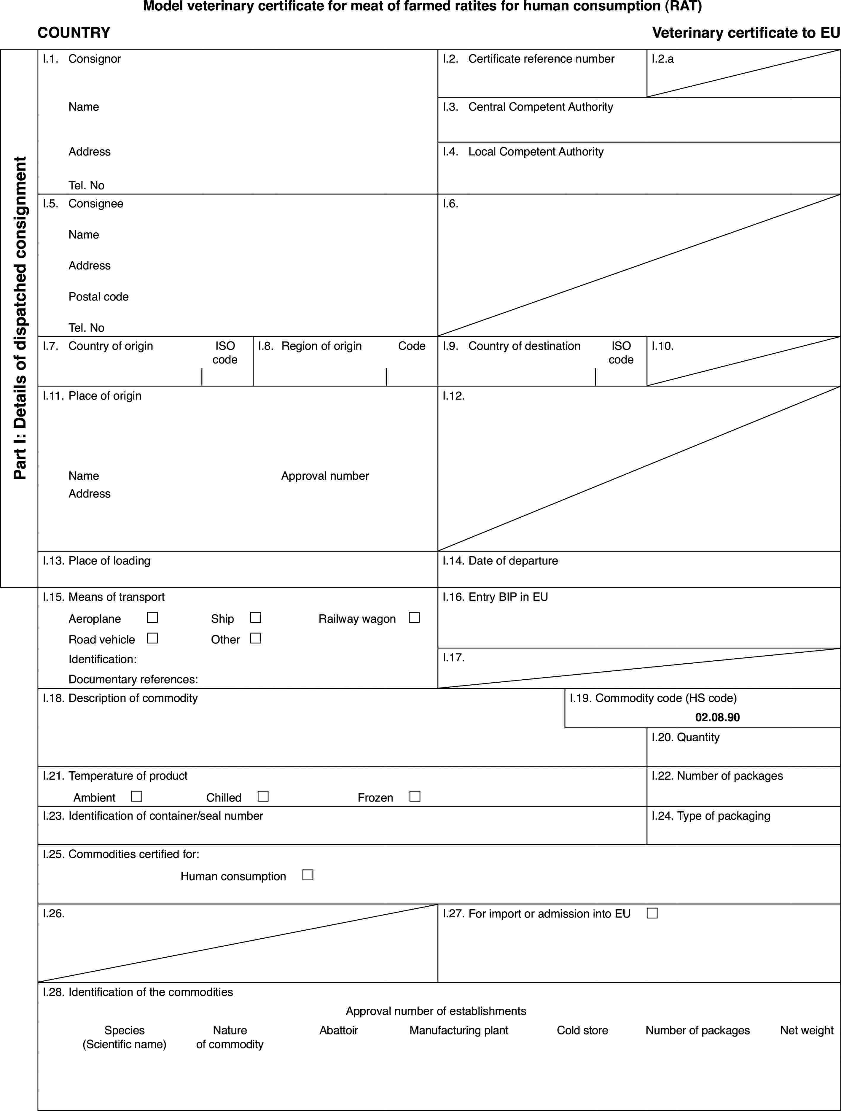 Model veterinary certificate for meat of farmed ratites for human consumption (RAT)COUNTRYVeterinarycertificate to EUPart I: Detailsof dispatched consignmentI.1.ConsignorI.2.Certificate reference numberI.2.aNameI.3.Central Competent AuthorityAddressI.4.Local Competent AuthorityTel. NoI.5.ConsigneeI.6.NameAddressPostal codeTel. NoI.7.Country of originISO codeI.8.Regionof originCodeI.9.Country of destinationISO codeI.10.I.11.Place of originI.12.NameApprovalnumberAddressI.13.Place of loadingI.14.Date of departureI.15.Means of transportI.16.Entry BIP in EUAeroplane£Ship£Railway wagon £Road vehicle£Other£Identification:I.17.Documentary references:I.18.Description of commodityI.19.Commodity code (HS code)02.08.90I.20.QuantityI.21.Temperature of productI.22.Number of packagesAmbient £Chilled £Frozen £I.23.Identification of container/seal numberI.24.Type of packagingI.25.Commodities certified for:Humanconsumption £I.26.I.27.For import or admission into EU £I.28.Identification of the commoditiesApproval numberof establishmentsSpecies(Scientific name)Natureof commodityAbattoirManufacturingplantCold storeNumber of packagesNet weight