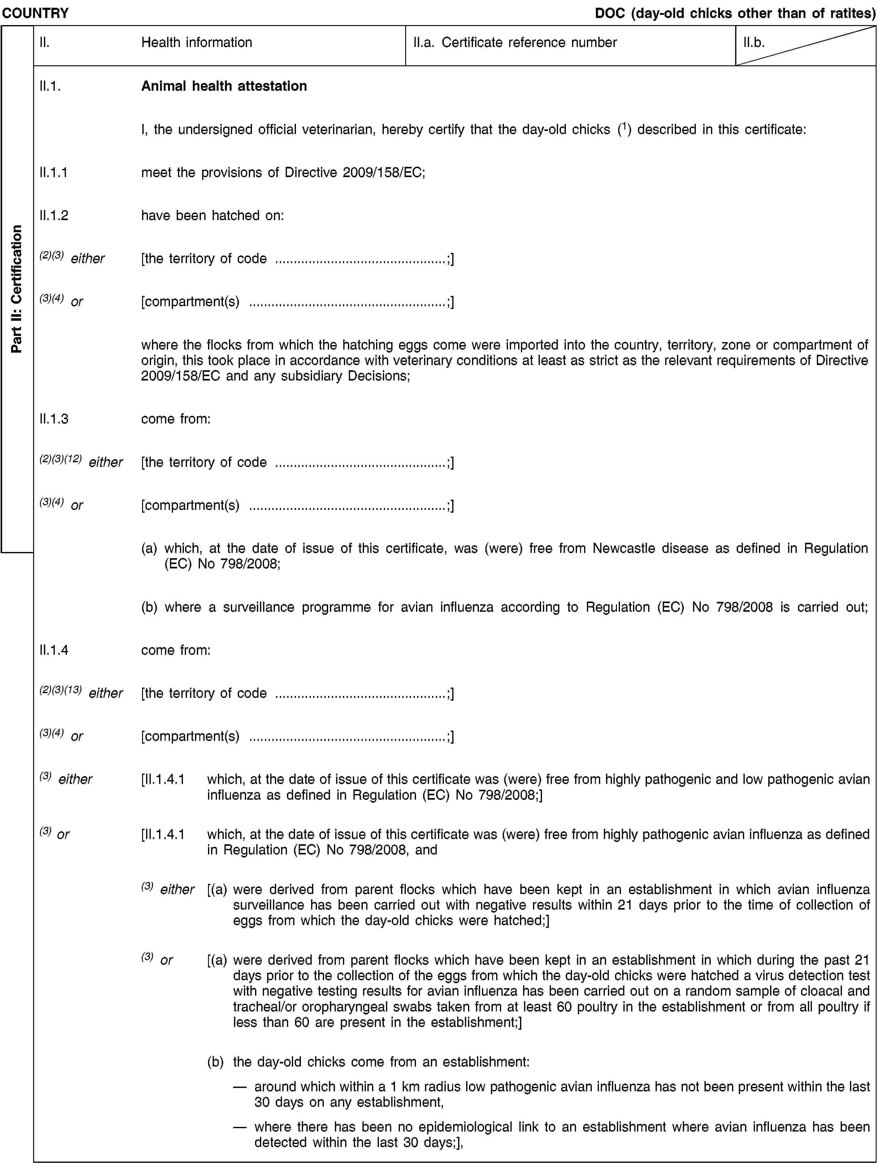 Part II: CertificationCOUNTRYDOC (day-old chicks other than of ratites)II.Health informationII.a. Certificate reference numberII.b.II.1.Animal health attestationI, the undersigned official veterinarian, hereby certify that the day-old chicks (1) described in this certificate:II.1.1meet the provisions of Directive 2009/158/EC;II.1.2have been hatched on:(2)(3) either[the territory of code …;](3)(4) or[compartment(s) …;]where the flocks from which the hatching eggs come were imported into the country, territory, zone or compartment of origin, this took place in accordance with veterinary conditions at least as strict as the relevant requirements of Directive 2009/158/EC and any subsidiary Decisions;II.1.3come from:(2)(3)(12) either[the territory of code …;](3)(4) or[compartment(s) …;](a) which, at the date of issue of this certificate, was (were) free from Newcastle disease as defined in Regulation (EC) No 798/2008;(b) where a surveillance programme for avian influenza according to Regulation (EC) No 798/2008 is carried out;II.1.4come from:(2)(3)(13) either[the territory of code …;](3)(4) or[compartment(s) …;](3) either[II.1.4.1which, at the date of issue of this certificate was (were) free from highly pathogenic and low pathogenic avian influenza as defined in Regulation (EC) No 798/2008;](3) or[II.1.4.1which, at the date of issue of this certificate was (were) free from highly pathogenic avian influenza as defined in Regulation (EC) No 798/2008, and(3) either[(a) were derived from parent flocks which have been kept in an establishment in which avian influenza surveillance has been carried out with negative results within 21 days prior to the time of collection of eggs from which the day-old chicks were hatched;](3) or[(a) were derived from parent flocks which have been kept in an establishment in which during the past 21 days prior to the collection of the eggs from which the day-old chicks were hatched a virus detection test with negative testing results for avian influenza has been carried out on a random sample of cloacal and tracheal/or oropharyngeal swabs taken from at least 60 poultry in the establishment or from all poultry if less than 60 are present in the establishment;](b) the day-old chicks come from an establishment:around which within a 1 km radius low pathogenic avian influenza has not been present within the last 30 days on any establishment, where there has been no epidemiological link to an establishment where avian influenza has been detected within the last 30 days;],