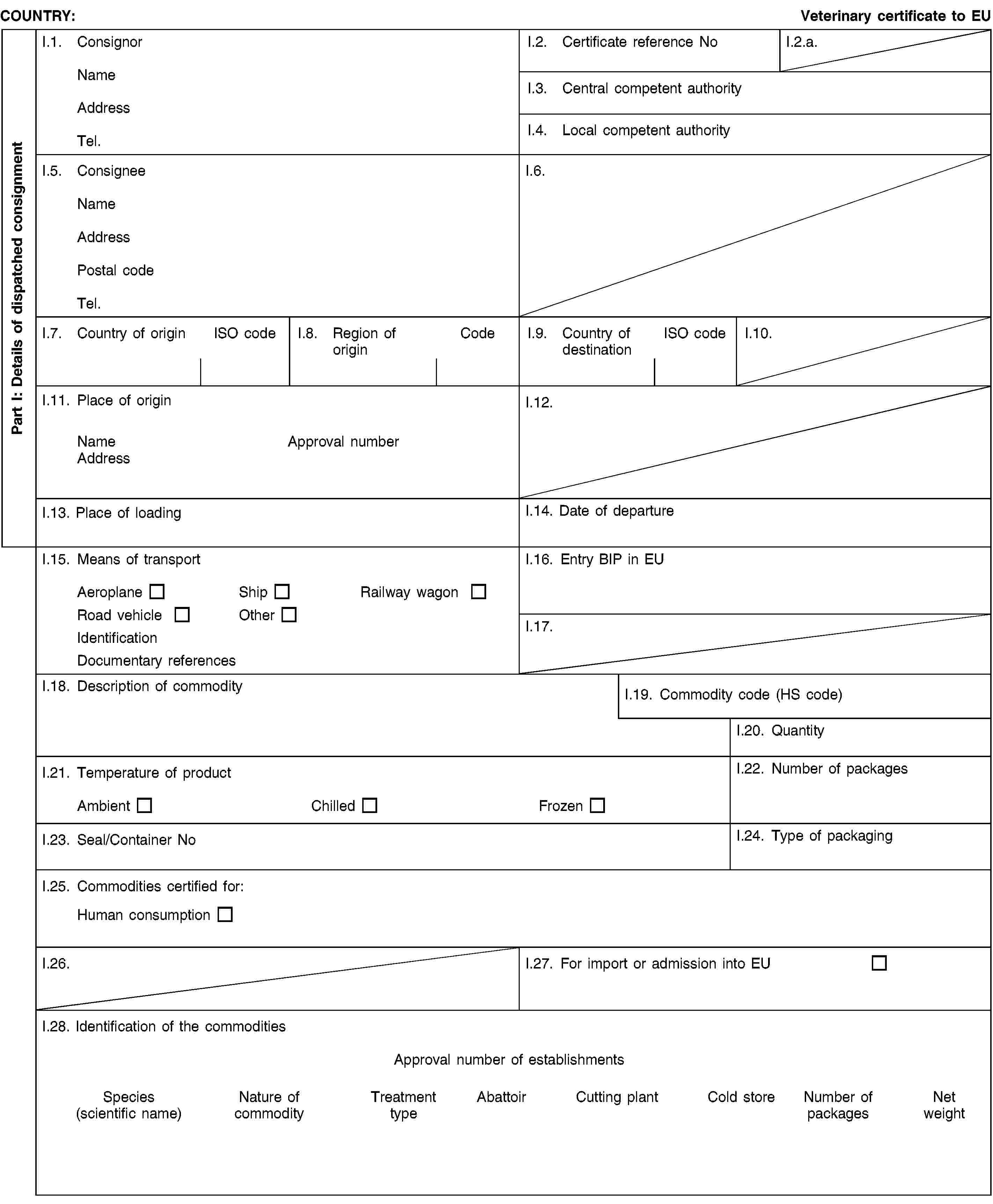 Part I: Details of dispatched consignmentCOUNTRY:Veterinary certificate to EUI.1. ConsignorNameAddressTel.I.2. Certificate reference NoI.2.a.I.3. Central competent authorityI.4. Local competent authorityI.5. ConsigneeNameAddressPostal codeTel.I.6.I.7. Country of originISO codeI.8. Region of originCodeI.9. Country of destinationISO codeI.10.I.11. Place of originNameApproval numberAddressI.12.I.13. Place of loadingI.14. Date of departureI.15. Means of transportAeroplaneShipRailway wagonRoad vehicleOtherIdentificationDocumentary referencesI.16. Entry BIP in EUI.17.I.18. Description of commodityI.19. Commodity code (HS code)I.20. QuantityI.21. Temperature of productAmbientChilledFrozenI.22. Number of packagesI.23. Seal/Container NoI.24. Type of packagingI.25. Commodities certified for:Human consumptionI.26.I.27. For import or admission into EUI.28. Identification of the commoditiesApproval number of establishmentsSpecies(scientific name)Nature of commodityTreatment typeAbattoirCutting plantCold storeNumber of packagesNet weight