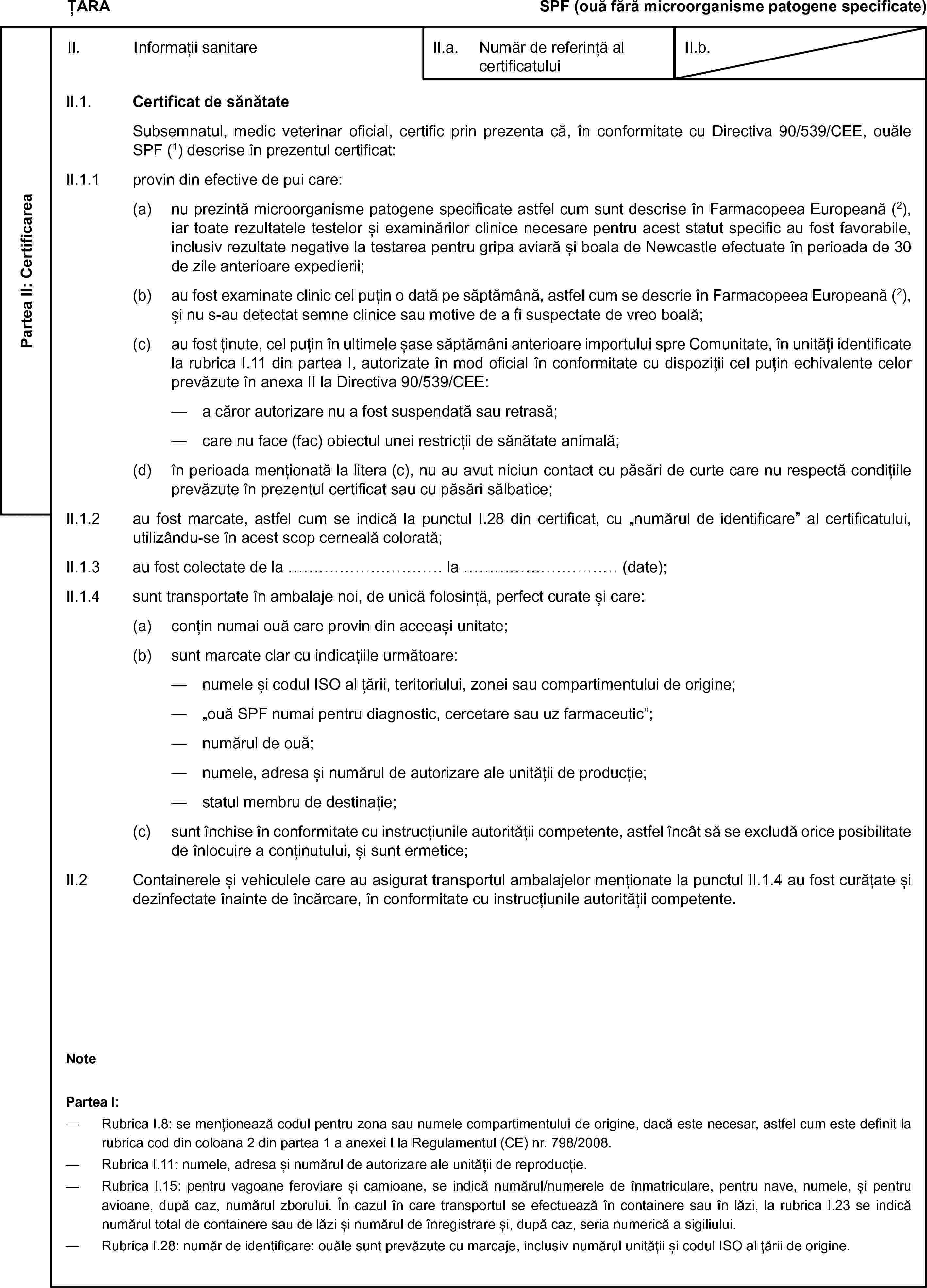 ȚARASPF (ouă fără microorganisme patogene specificate)Partea II: CertificareaII. Informații sanitareII.a. Număr de referință al certificatuluiII.b.II.1. Certificat de sănătateSubsemnatul, medic veterinar oficial, certific prin prezenta că, în conformitate cu Directiva 90/539/CEE, ouăle SPF (1) descrise în prezentul certificat:II.1.1 provin din efective de pui care:(a) nu prezintă microorganisme patogene specificate astfel cum sunt descrise în Farmacopeea Europeană (2), iar toate rezultatele testelor și examinărilor clinice necesare pentru acest statut specific au fost favorabile, inclusiv rezultate negative la testarea pentru gripa aviară și boala de Newcastle efectuate în perioada de 30 de zile anterioare expedierii;(b) au fost examinate clinic cel puțin o dată pe săptămână, astfel cum se descrie în Farmacopeea Europeană (2), și nu s-au detectat semne clinice sau motive de a fi suspectate de vreo boală;(c) au fost ținute, cel puțin în ultimele șase săptămâni anterioare importului spre Comunitate, în unități identificate la rubrica I.11 din partea I, autorizate în mod oficial în conformitate cu dispoziții cel puțin echivalente celor prevăzute în anexa II la Directiva 90/539/CEE:— a căror autorizare nu a fost suspendată sau retrasă;— care nu face (fac) obiectul unei restricții de sănătate animală;(d) în perioada menționată la litera (c), nu au avut niciun contact cu păsări de curte care nu respectă condițiile prevăzute în prezentul certificat sau cu păsări sălbatice;II.1.2 au fost marcate, astfel cum se indică la punctul I.28 din certificat, cu „numărul de identificare” al certificatului, utilizându-se în acest scop cerneală colorată;II.1.3 au fost colectate de la … la … (date);II.1.4 sunt transportate în ambalaje noi, de unică folosință, perfect curate și care:(a) conțin numai ouă care provin din aceeași unitate;(b) sunt marcate clar cu indicațiile următoare:— numele și codul ISO al țării, teritoriului, zonei sau compartimentului de origine;— „ouă SPF numai pentru diagnostic, cercetare sau uz farmaceutic”;— numărul de ouă;— numele, adresa și numărul de autorizare ale unității de producție;— statul membru de destinație;(c) sunt închise în conformitate cu instrucțiunile autorității competente, astfel încât să se excludă orice posibilitate de înlocuire a conținutului, și sunt ermetice;II.2 Containerele și vehiculele care au asigurat transportul ambalajelor menționate la punctul II.1.4 au fost curățate și dezinfectate înainte de încărcare, în conformitate cu instrucțiunile autorității competente.NotePartea I:— Rubrica I.8: se menționează codul pentru zona sau numele compartimentului de origine, dacă este necesar, astfel cum este definit la rubrica cod din coloana 2 din partea 1 a anexei I la Regulamentul (CE) nr. 798/2008.— Rubrica I.11: numele, adresa și numărul de autorizare ale unității de reproducție.— Rubrica I.15: pentru vagoane feroviare și camioane, se indică numărul/numerele de înmatriculare, pentru nave, numele, și pentru avioane, după caz, numărul zborului. În cazul în care transportul se efectuează în containere sau în lăzi, la rubrica I.23 se indică numărul total de containere sau de lăzi și numărul de înregistrare și, după caz, seria numerică a sigiliului.— Rubrica I.28: număr de identificare: ouăle sunt prevăzute cu marcaje, inclusiv numărul unității și codul ISO al țării de origine.