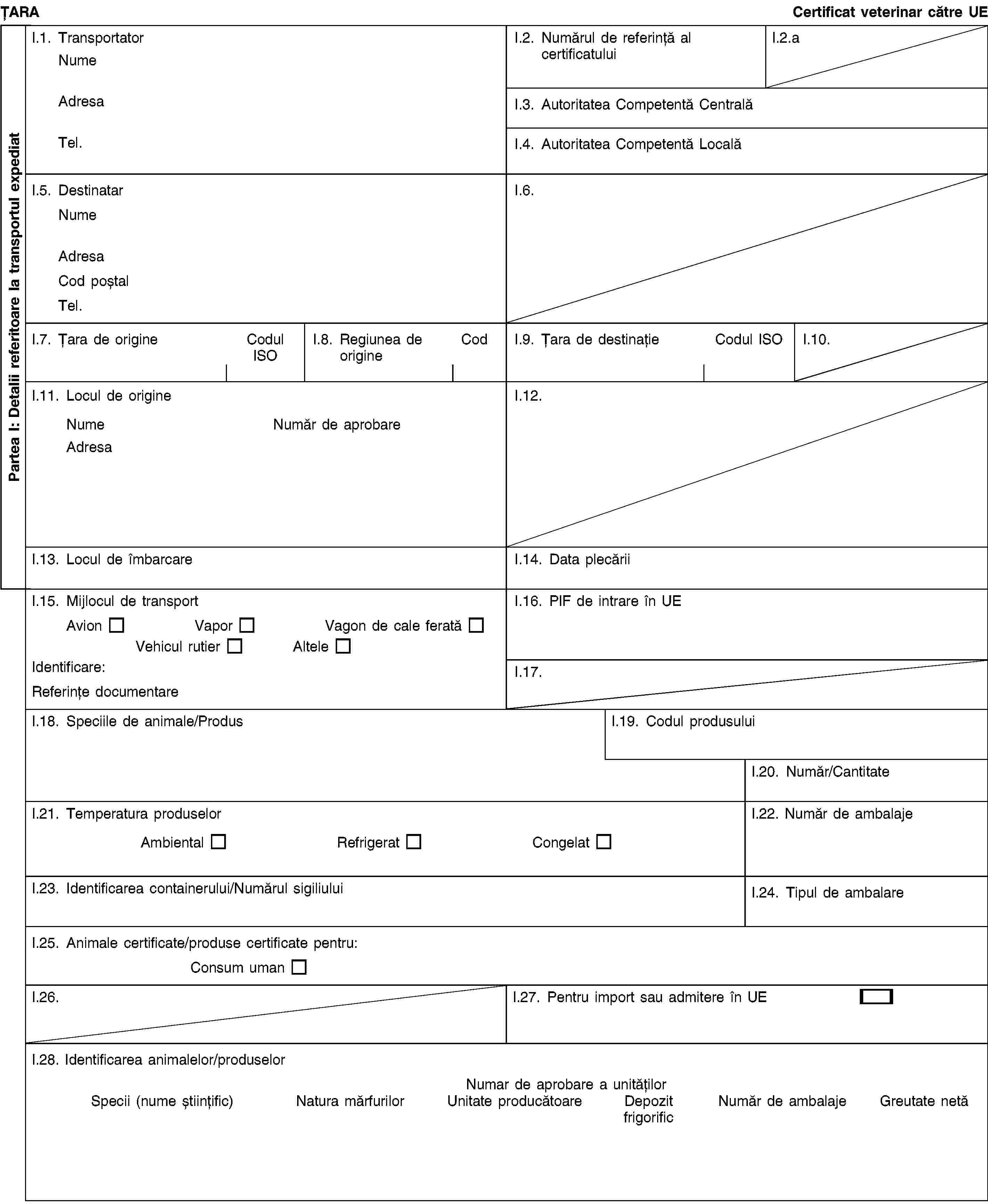 Partea I: Detalii referitoare la transportul expediatȚARACertificat veterinar către UEI.1. TransportatorNumeAdresaTel.I.2. Numărul de referință al certificatuluiI.2.aI.3. Autoritatea Competentă CentralăI.4. Autoritatea Competentă LocalăI.5. DestinatarNumeAdresaCod poștalTel.I.6.I.7. Țara de origineCodul ISOI.8. Regiunea de origineCodI.9. Țara de destinațieCodul ISOI.10.I.11. Locul de origineNumeNumăr de aprobareAdresaI.12.I.13. Locul de îmbarcareI.14. Data plecăriiI.15. Mijlocul de transportAvionVaporVagon de cale feratăVehicul rutierAlteleIdentificare:Referințe documentareI.16. PIF de intrare în UEI.17.I.18. Speciile de animale/ProdusI.19. Codul produsuluiI.20. Număr/CantitateI.21. Temperatura produselorAmbientalRefrigeratCongelatI.22. Număr de ambalajeI.23. Identificarea containerului/Numărul sigiliuluiI.24. Tipul de ambalareI.25. Animale certificate/produse certificate pentru:Consum umanI.26.I.27. Pentru import sau admitere în UEI.28. Identificarea animalelor/produselorNumar de aprobare a unitățilorSpecii (nume științific)Natura mărfurilorUnitate producătoareDepozit frigorificNumăr de ambalajeGreutate netă