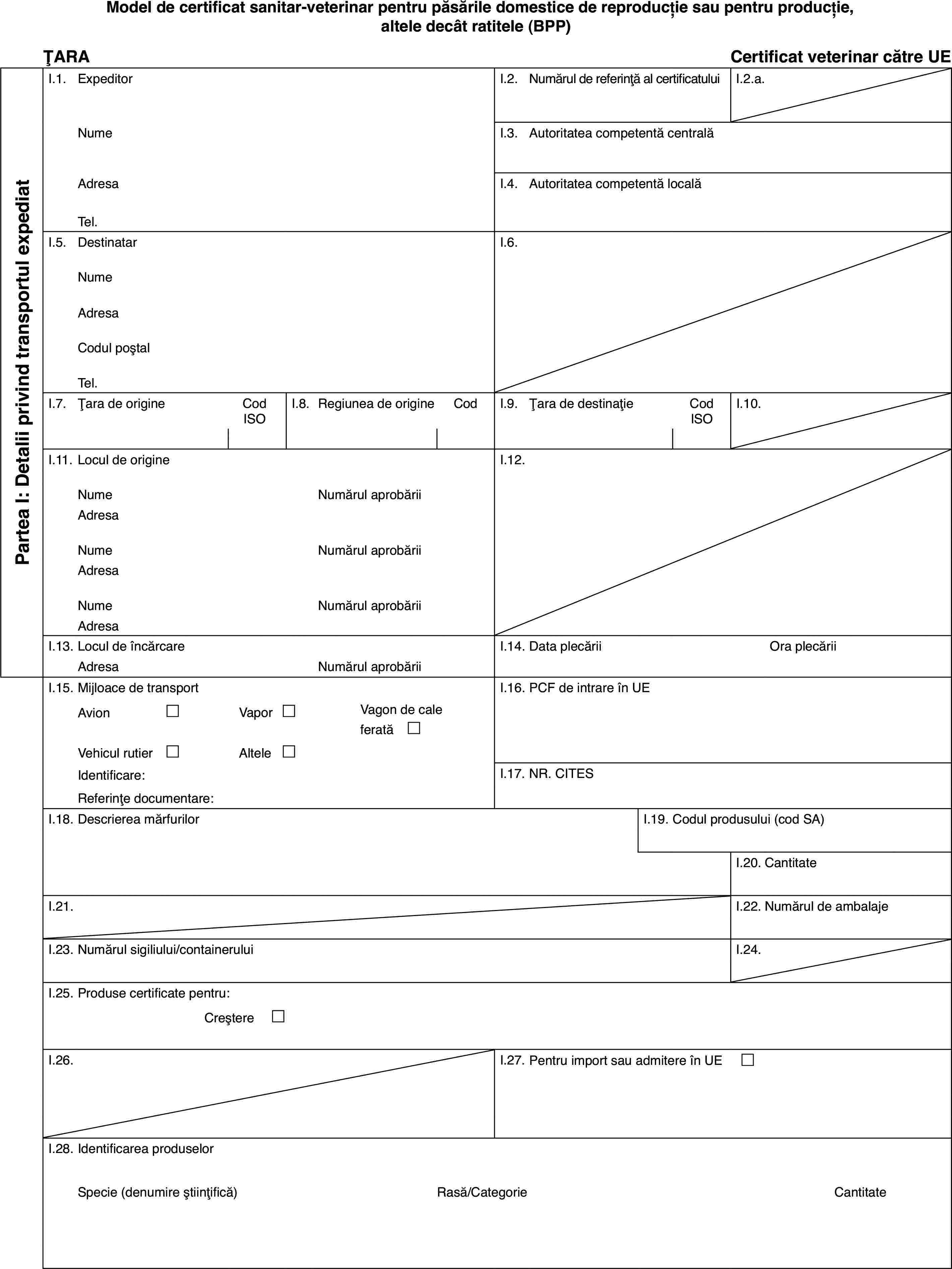 Model de certificat sanitar-veterinarpentru păsările domestice de reproducție sau pentru producție, altele decât ratitele (BPP)ȚARACertificatveterinar către UEPartea I: Detaliiprivind transportul expediatI.1.ExpeditorI.2.Numărul de referință al certificatuluiI.2.a.NumeI.3.Autoritatea competentă centralăAdresaI.4.Autoritatea competentă localăTel.I.5.DestinatarI.6.NumeAdresaCodul poștalTel.I.7.Țara de origineCod ISOI.8.Regiuneade origineCodI.9.Țara de destinațieCod ISOI.10.I.11.Locul de origineI.12.NumeNumărulaprobăriiAdresaNumeNumărulaprobăriiAdresaNumeNumărulaprobăriiAdresaI.13.Locul de încărcareI.14.Data plecăriiOraplecăriiAdresaNumărulaprobăriiI.15.Mijloace de transportI.16.PCF de intrare în UEAvion£Vapor£Vagon de cale ferată £Vehicul rutier£Altele£Identificare:I.17.NR. CITESReferințe documentare:I.18.Descrierea mărfurilorI.19.Codul produsului (cod SA)I.20.CantitateI.21.I.22.Numărul de ambalajeI.23.Numărul sigiliului/containeruluiI.24.I.25.Produse certificate pentru:Creștere £I.26.I.27.Pentru import sau admitere în UE£I.28.Identificarea produselorSpecie (denumireștiințifică)Rasă/CategorieCantitate