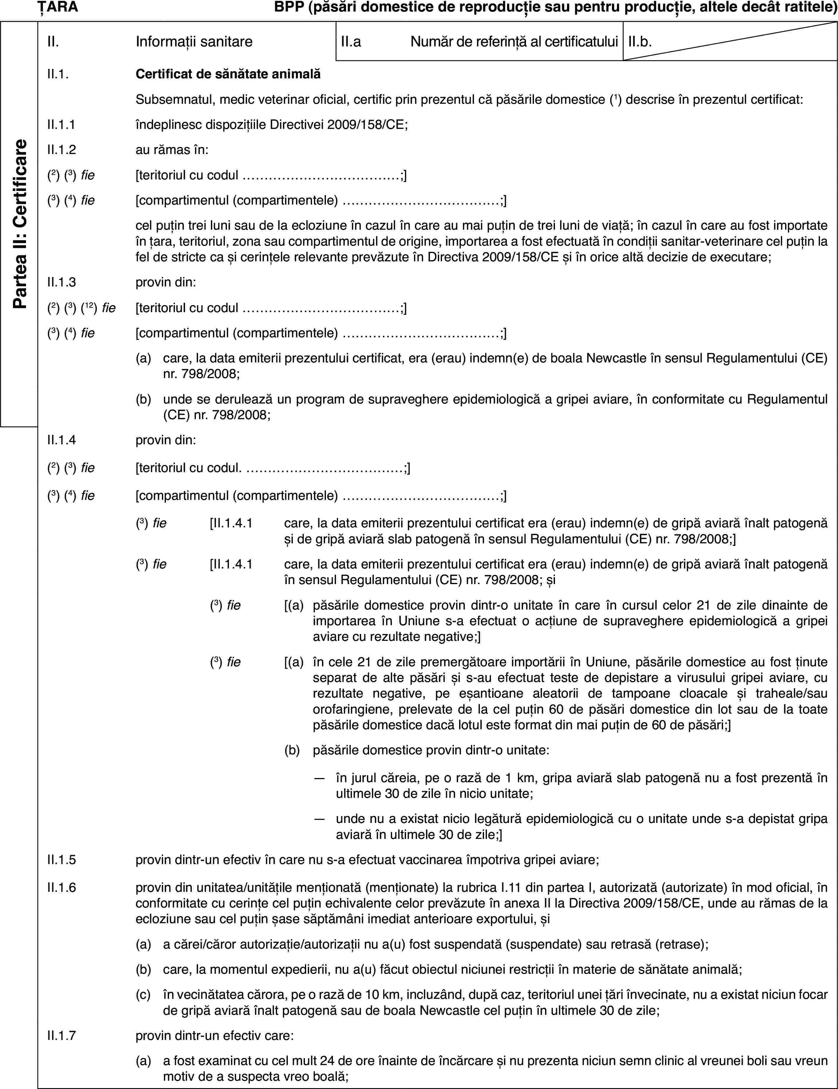 ȚARABPP(păsări domestice de reproducție sau pentru producție, altele decât ratitele)Partea II: CertificareII.Informații sanitareII.aNumăr de referință al certificatuluiII.b.II.1.Certificat de sănătate animalăSubsemnatul,medic veterinar oficial, certific prin prezentul că păsările domestice (1) descrise în prezentul certificat:II.1.1îndeplinesc dispozițiile Directivei 2009/158/CE;II.1.2au rămas în:(2) (3) fie[teritoriul cu codul …;](3)(4) fie[compartimentul(compartimentele) …;]cel puțin trei luni sau de la ecloziuneîn cazul în care au mai puțin de trei luni de viață; în cazul în care au fostimportate în țara, teritoriul, zona sau compartimentul de origine, importareaa fost efectuată în condiții sanitar-veterinare cel puțin la fel de stricteca și cerințele relevante prevăzute în Directiva 2009/158/CE și în orice altădecizie de executare;II.1.3provin din:(2) (3) (12) fie[teritoriulcu codul …;](3) (4) fie[compartimentul (compartimentele) …;](a)care, la data emiterii prezentului certificat, era (erau) indemn(e)de boala Newcastle în sensul Regulamentului (CE) nr.798/2008;(b)unde se derulează un program de supraveghere epidemiologică a gripeiaviare, în conformitate cu Regulamentul (CE) nr.798/2008;II.1.4provin din:(2) (3) fie[teritoriulcu codul. …;](3) (4) fie[compartimentul(compartimentele) …;](3) fie[II.1.4.1care, la data emiterii prezentului certificat era (erau) indemn(e)de gripă aviară înalt patogenă și de gripă aviară slab patogenă în sensulRegulamentului (CE) nr.798/2008;](3) fie[II.1.4.1care, la data emiterii prezentului certificat era (erau) indemn(e)de gripă aviară înalt patogenă în sensul Regulamentului (CE) nr.798/2008;și(3) fie[(a)păsările domesticeprovin dintr-o unitate în care în cursul celor 21 de zile dinainte de importareaîn Uniune s-a efectuat o acțiune de supraveghere epidemiologică a gripei aviarecu rezultate negative;](3) fie[(a)în cele 21 de zilepremergătoare importării în Uniune, păsările domestice au fost ținute separatde alte păsări și s-au efectuat teste de depistare a virusului gripei aviare,cu rezultate negative, pe eșantioane aleatorii de tampoane cloacale și traheale/sauorofaringiene, prelevate de la cel puțin 60 de păsări domestice din lot saude la toate păsările domestice dacă lotul este format din mai puțin de 60de păsări;](b)păsările domesticeprovin dintr-o unitate:—în jurul căreia, pe o rază de 1 km, gripa aviară slab patogenă nu afost prezentă în ultimele 30 de zile în nicio unitate;—unde nu a existat nicio legătură epidemiologică cu o unitate unde s-adepistat gripa aviară în ultimele 30 de zile;]II.1.5provin dintr-un efectiv în care nu s-a efectuat vaccinarea împotrivagripei aviare;II.1.6provin din unitatea/unitățilemenționată (menționate) la rubrica I.11 din partea I, autorizată (autorizate)în mod oficial, în conformitate cu cerințe cel puțin echivalente celor prevăzuteîn anexa II la Directiva 2009/158/CE, unde au rămas de la ecloziune sau celpuțin șase săptămâni imediat anterioare exportului, și(a)a cărei/căror autorizație/autorizații nu a(u) fost suspendată (suspendate)sau retrasă (retrase);(b)care, la momentulexpedierii, nu a(u) făcut obiectul niciunei restricții în materie de sănătateanimală;(c)în vecinătatea cărora, pe o rază de 10 km, incluzând, după caz, teritoriulunei țări învecinate, nu a existat niciun focar de gripă aviară înalt patogenăsau de boala Newcastle cel puțin în ultimele 30 de zile;II.1.7provin dintr-un efectiv care:(a)a fost examinat cu cel mult 24 de ore înainte de încărcare și nu prezentaniciun semn clinic al vreunei boli sau vreun motiv de a suspecta vreo boală;