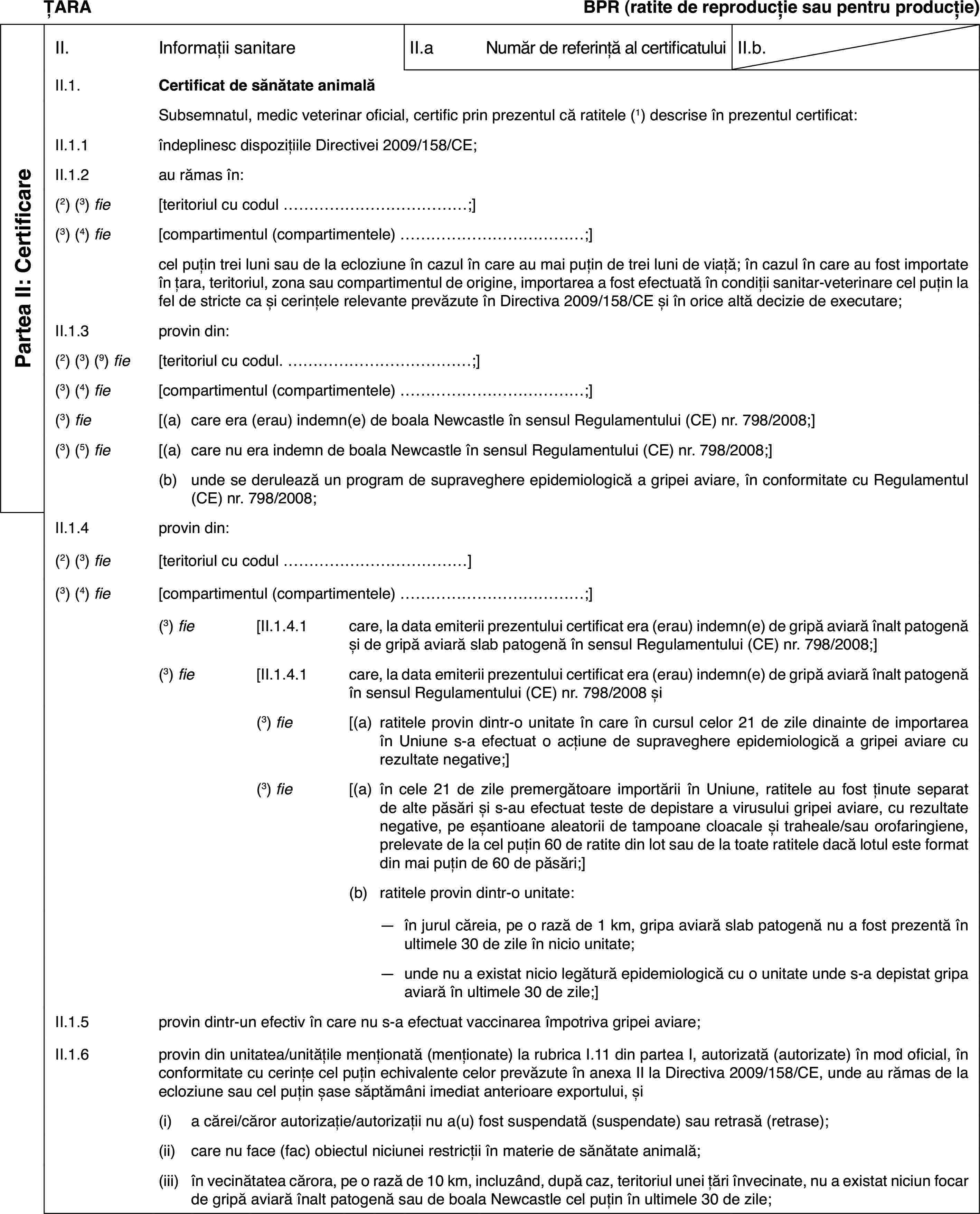 ȚARABPR (ratite de reproducție sau pentruproducție)Partea II: CertificareII.Informații sanitareII.aNumăr de referință al certificatuluiII.b.II.1.Certificat de sănătate animalăSubsemnatul,medic veterinar oficial, certific prin prezentul că ratitele (1) descrise în prezentul certificat:II.1.1îndeplinesc dispozițiile Directivei 2009/158/CE;II.1.2au rămas în:(2) (3) fie[teritoriul cu codul …;](3)(4) fie[compartimentul(compartimentele) …;]cel puțin trei luni sau de la ecloziuneîn cazul în care au mai puțin de trei luni de viață; în cazul în care au fostimportate în țara, teritoriul, zona sau compartimentul de origine, importareaa fost efectuată în condiții sanitar-veterinare cel puțin la fel de stricteca și cerințele relevante prevăzute în Directiva 2009/158/CE și în orice altădecizie de executare;II.1.3provin din:(2) (3) (9) fie[teritoriul cu codul. …;](3)(4) fie[compartimentul(compartimentele) …;](3) fie[(a)care era (erau) indemn(e) de boala Newcastle în sensul Regulamentului(CE) nr.798/2008;](3) (5) fie[(a)care nu era indemnde boala Newcastle în sensul Regulamentului (CE) nr.798/2008;](b)unde se derulează un program de supraveghere epidemiologică a gripeiaviare, în conformitate cu Regulamentul (CE) nr.798/2008;II.1.4provin din:(2) (3) fie[teritoriul cu codul …](3)(4) fie[compartimentul(compartimentele) …;](3) fie[II.1.4.1care, la data emiterii prezentului certificat era (erau) indemn(e)de gripă aviară înalt patogenă și de gripă aviară slab patogenă în sensulRegulamentului (CE) nr.798/2008;](3) fie[II.1.4.1care, la data emiterii prezentului certificat era (erau) indemn(e)de gripă aviară înalt patogenă în sensul Regulamentului (CE) nr.798/2008și(3) fie[(a)ratitele provindintr-o unitate în care în cursul celor 21 de zile dinainte de importareaîn Uniune s-a efectuat o acțiune de supraveghere epidemiologică a gripei aviarecu rezultate negative;](3) fie[(a)în cele 21 de zilepremergătoare importării în Uniune, ratitele au fost ținute separat de altepăsări și s-au efectuat teste de depistare a virusului gripei aviare, cu rezultatenegative, pe eșantioane aleatorii de tampoane cloacale și traheale/sau orofaringiene,prelevate de la cel puțin 60 de ratite din lot sau de la toate ratitele dacălotul este format din mai puțin de 60 de păsări;](b)ratitele provin dintr-o unitate:—în jurul căreia, pe o rază de 1 km, gripa aviară slab patogenă nu afost prezentă în ultimele 30 de zile în nicio unitate;—unde nu a existat nicio legătură epidemiologică cu o unitate unde s-adepistat gripa aviară în ultimele 30 de zile;]II.1.5provin dintr-un efectiv în care nu s-a efectuat vaccinarea împotrivagripei aviare;II.1.6provin din unitatea/unitățilemenționată (menționate) la rubrica I.11 din partea I, autorizată (autorizate)în mod oficial, în conformitate cu cerințe cel puțin echivalente celor prevăzuteîn anexa II la Directiva 2009/158/CE, unde au rămas de la ecloziune sau celpuțin șase săptămâni imediat anterioare exportului, și(i)a cărei/căror autorizație/autorizații nu a(u) fost suspendată (suspendate)sau retrasă (retrase);(ii)care nu face (fac)obiectul niciunei restricții în materie de sănătate animală;(iii)în vecinătatea cărora, pe o rază de 10 km, incluzând, după caz, teritoriulunei țări învecinate, nu a existat niciun focar de gripă aviară înalt patogenăsau de boala Newcastle cel puțin în ultimele 30 de zile;