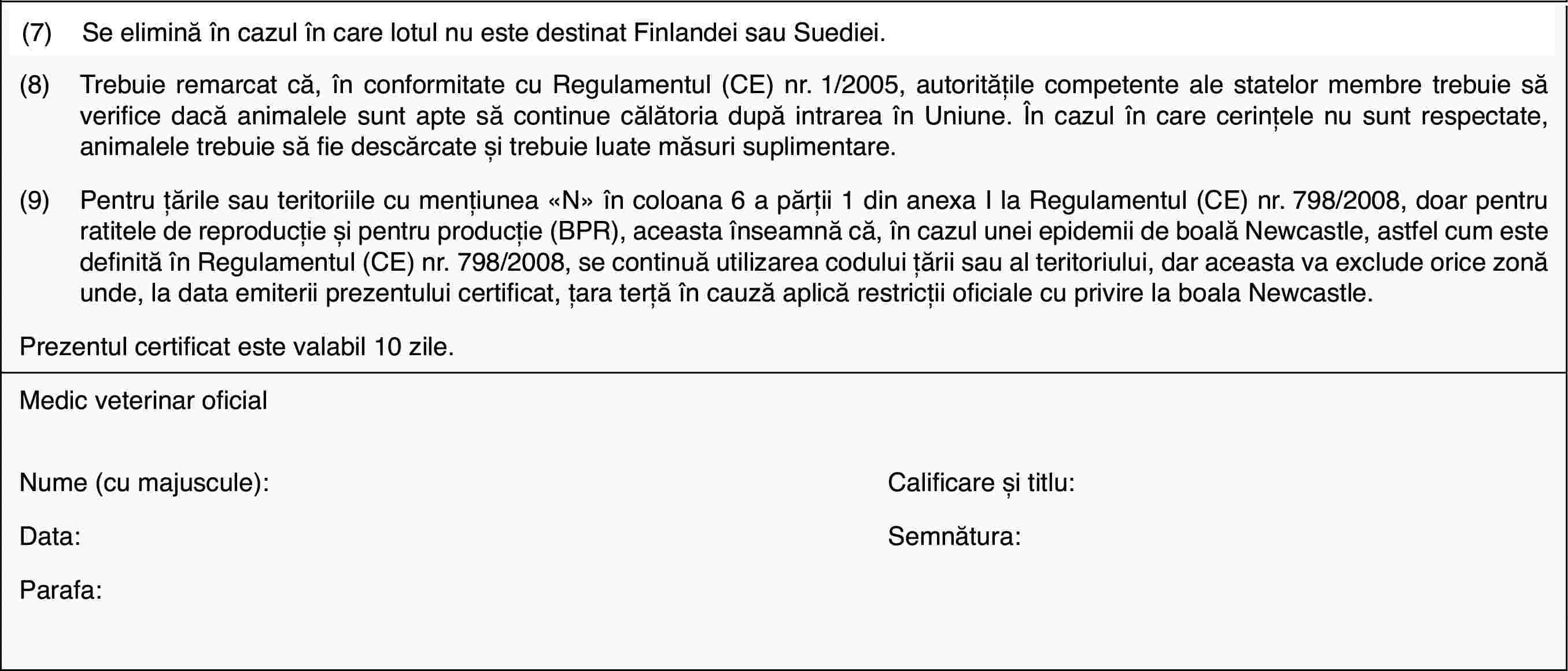 (7)Se elimină în cazul în care lotul nu este destinat Finlandei sau Suediei.(8)Trebuie remarcat că, în conformitate cu Regulamentul (CE) nr.1/2005,autoritățile competente ale statelor membre trebuie să verifice dacă animalelesunt apte să continue călătoria după intrarea în Uniune. În cazul în carecerințele nu sunt respectate, animalele trebuie să fie descărcate și trebuieluate măsuri suplimentare.(9)Pentru țările sauteritoriile cu mențiunea «N» în coloana 6 a părții 1 din anexa I la Regulamentul(CE) nr.798/2008, doar pentru ratitele de reproducție și pentru producție(BPR), aceasta înseamnă că, în cazul unei epidemii de boală Newcastle, astfelcum este definită în Regulamentul (CE) nr.798/2008, se continuă utilizareacodului țării sau al teritoriului, dar aceasta va exclude orice zonă unde,la data emiterii prezentului certificat, țara terță în cauză aplică restricțiioficiale cu privire la boala Newcastle.Prezentul certificateste valabil 10 zile.Medic veterinar oficialNume (cu majuscule):Calificare și titlu:Data:Semnătura:Parafa: