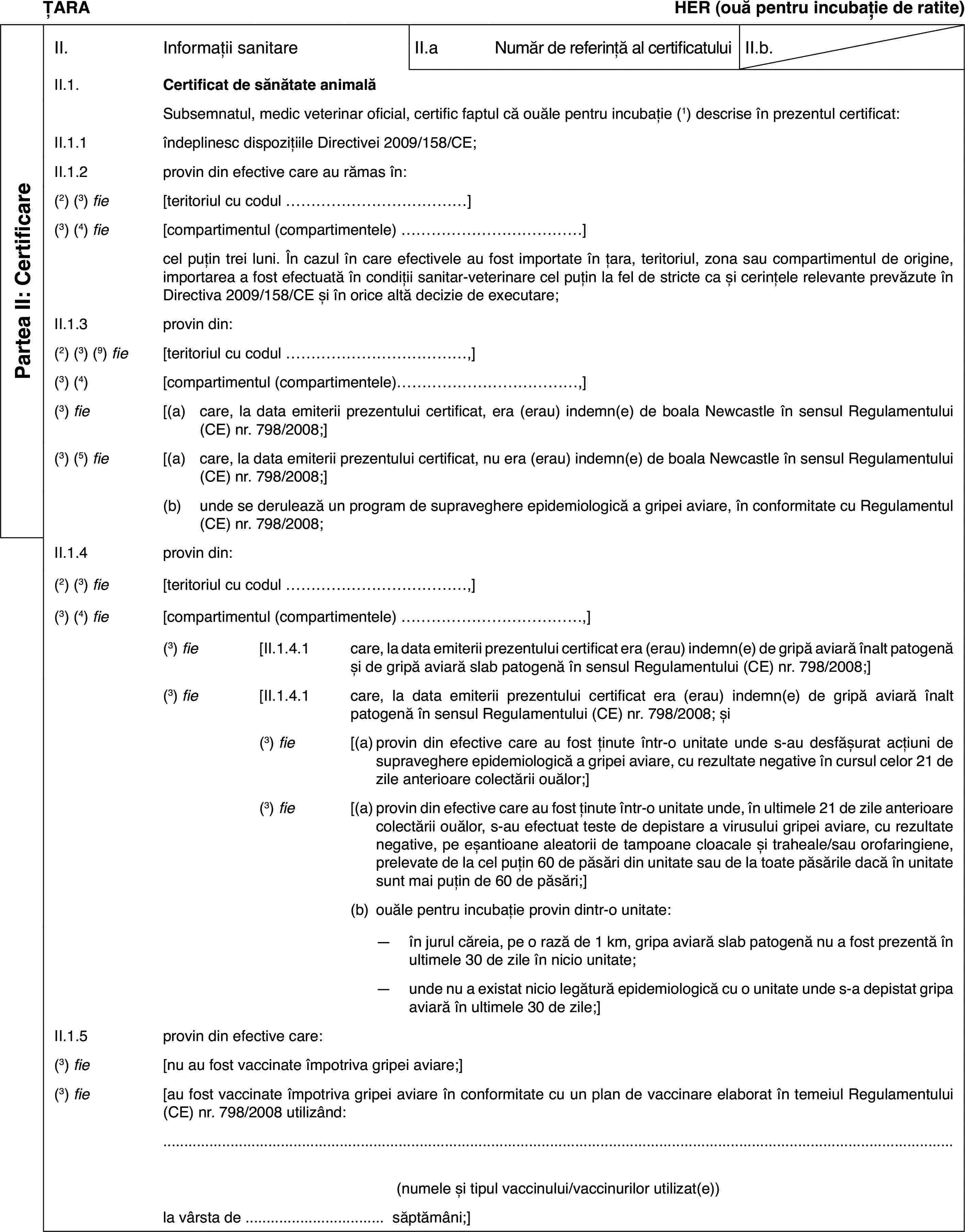 ȚARAHER (ouă pentru incubație de ratite)Partea II: CertificareII.Informații sanitareII.aNumăr de referință al certificatuluiII.b.II.1.Certificat de sănătate animalăSubsemnatul,medic veterinar oficial, certific faptul că ouăle pentru incubație (1) descrise în prezentul certificat:II.1.1îndeplinesc dispozițiile Directivei 2009/158/CE;II.1.2provin din efective care au rămas în:(2) (3) fie[teritoriulcu codul …](3) (4) fie[compartimentul (compartimentele) …]cel puțin trei luni.În cazul în care efectivele au fost importate în țara, teritoriul, zona saucompartimentul de origine, importarea a fost efectuată în condiții sanitar-veterinarecel puțin la fel de stricte ca și cerințele relevante prevăzute în Directiva2009/158/CE și în orice altă decizie de executare;II.1.3provin din:(2)(3) (9) fie[teritoriul cu codul …,](3)(4)[compartimentul(compartimentele)…,](3) fie[(a)care, la data emiterii prezentului certificat, era (erau) indemn(e)de boala Newcastle în sensul Regulamentului (CE) nr.798/2008;](3)(5) fie[(a)care, la data emiterii prezentului certificat, nu era (erau) indemn(e)de boala Newcastle în sensul Regulamentului (CE) nr.798/2008;](b)unde se derulează un program de supraveghere epidemiologică a gripeiaviare, în conformitate cu Regulamentul (CE) nr.798/2008;II.1.4provin din:(2) (3) fie[teritoriul cu codul …,](3)(4) fie[compartimentul(compartimentele) …,](3) fie[II.1.4.1care, la data emiterii prezentului certificat era (erau) indemn(e)de gripă aviară înalt patogenă și de gripă aviară slab patogenă în sensulRegulamentului (CE) nr.798/2008;](3) fie[II.1.4.1care, la data emiterii prezentului certificat era (erau) indemn(e)de gripă aviară înalt patogenă în sensul Regulamentului (CE) nr.798/2008;și(3) fie[(a)provin din efectivecare au fost ținute într-o unitate unde s-au desfășurat acțiuni de supraveghereepidemiologică a gripei aviare, cu rezultate negative în cursul celor 21 dezile anterioare colectării ouălor;](3) fie[(a)provin din efectivecare au fost ținute într-o unitate unde, în ultimele 21 de zile anterioarecolectării ouălor, s-au efectuat teste de depistare a virusului gripei aviare,cu rezultate negative, pe eșantioane aleatorii de tampoane cloacale și traheale/sauorofaringiene, prelevate de la cel puțin 60 de păsări din unitate sau de latoate păsările dacă în unitate sunt mai puțin de 60 de păsări;](b)ouăle pentru incubație provin dintr-o unitate:—în jurul căreia, pe o rază de 1 km, gripa aviară slab patogenă nu afost prezentă în ultimele 30 de zile în nicio unitate;—unde nu a existat nicio legătură epidemiologică cu o unitate unde s-adepistat gripa aviară în ultimele 30 de zile;]II.1.5provin din efective care:(3) fie[nu au fost vaccinate împotriva gripei aviare;](3) fie[au fost vaccinate împotriva gripei aviare în conformitatecu un plan de vaccinare elaborat în temeiul Regulamentului (CE) nr.798/2008utilizând:(numele și tipulvaccinului/vaccinurilor utilizat(e))la vârsta de … săptămâni;]