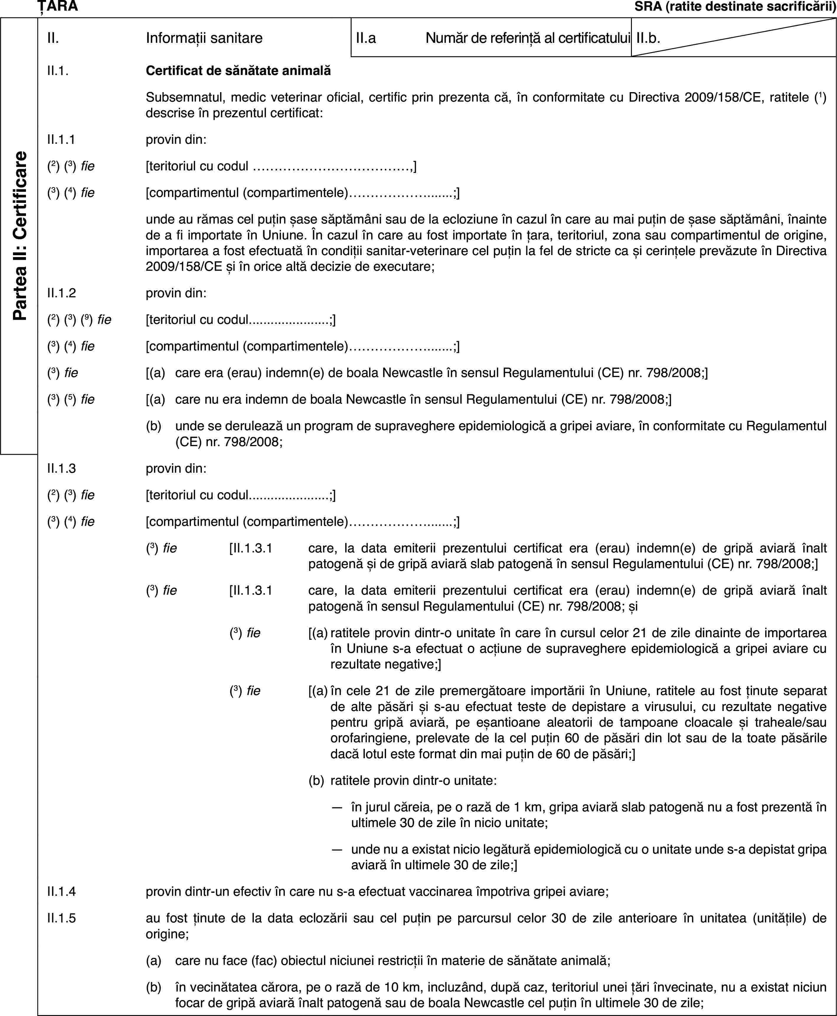 ȚARASRA (ratite destinatesacrificării)Partea II: CertificareII.Informații sanitareII.aNumăr de referință al certificatuluiII.b.II.1.Certificat de sănătate animalăSubsemnatul,medic veterinar oficial, certific prin prezenta că, în conformitate cu Directiva2009/158/CE, ratitele (1) descrise în prezentul certificat:II.1.1provin din:(2) (3) fie[teritoriul cu codul …,](3)(4) fie[compartimentul(compartimentele)…;]unde au rămas cel puțin șase săptămânisau de la ecloziune în cazul în care au mai puțin de șase săptămâni, înaintede a fi importate în Uniune. În cazul în care au fost importate în țara, teritoriul,zona sau compartimentul de origine, importarea a fost efectuată în condițiisanitar-veterinare cel puțin la fel de stricte ca și cerințele prevăzute înDirectiva 2009/158/CE și în orice altă decizie de executare;II.1.2provin din:(2) (3) (9) fie[teritoriul cu codul…;](3)(4) fie[compartimentul(compartimentele)…;](3) fie[(a)care era (erau) indemn(e) de boala Newcastle în sensul Regulamentului(CE) nr.798/2008;](3) (5) fie[(a)care nu era indemnde boala Newcastle în sensul Regulamentului (CE) nr.798/2008;](b)unde se derulează un program de supraveghere epidemiologică a gripeiaviare, în conformitate cu Regulamentul (CE) nr.798/2008;II.1.3provin din:(2) (3) fie[teritoriul cu codul…;](3)(4) fie[compartimentul(compartimentele)…;](3) fie[II.1.3.1care, la data emiterii prezentului certificat era (erau) indemn(e)de gripă aviară înalt patogenă și de gripă aviară slab patogenă în sensulRegulamentului (CE) nr.798/2008;](3) fie[II.1.3.1care, la data emiterii prezentului certificat era (erau) indemn(e)de gripă aviară înalt patogenă în sensul Regulamentului (CE) nr.798/2008;și(3) fie[(a)ratitele provindintr-o unitate în care în cursul celor 21 de zile dinainte de importareaîn Uniune s-a efectuat o acțiune de supraveghere epidemiologică a gripei aviarecu rezultate negative;](3) fie[(a)în cele 21 de zilepremergătoare importării în Uniune, ratitele au fost ținute separat de altepăsări și s-au efectuat teste de depistare a virusului, cu rezultate negativepentru gripă aviară, pe eșantioane aleatorii de tampoane cloacale și traheale/sauorofaringiene, prelevate de la cel puțin 60 de păsări din lot sau de la toatepăsările dacă lotul este format din mai puțin de 60 de păsări;](b)ratitele provin dintr-o unitate:—în jurul căreia, pe o rază de 1 km, gripa aviară slab patogenă nu afost prezentă în ultimele 30 de zile în nicio unitate;—unde nu a existat nicio legătură epidemiologică cu o unitate unde s-adepistat gripa aviară în ultimele 30 de zile;]II.1.4provin dintr-un efectiv în care nu s-a efectuat vaccinarea împotrivagripei aviare;II.1.5au fost ținute dela data eclozării sau cel puțin pe parcursul celor 30 de zile anterioare înunitatea (unitățile) de origine;(a)care nu face (fac) obiectul niciunei restricții în materie de sănătateanimală;(b)în vecinătatea cărora, pe o rază de 10 km, incluzând, după caz, teritoriulunei țări învecinate, nu a existat niciun focar de gripă aviară înalt patogenăsau de boala Newcastle cel puțin în ultimele 30 de zile;