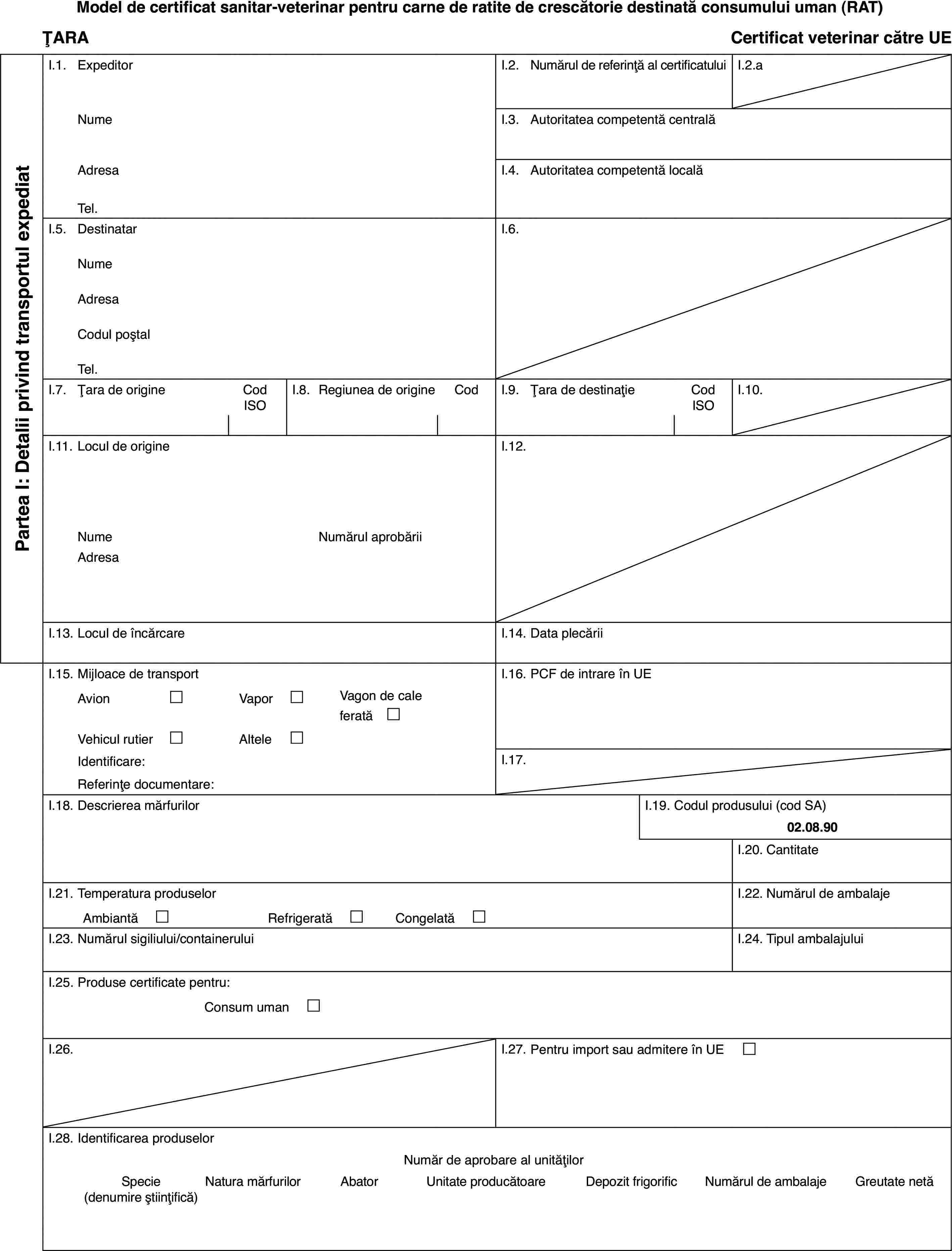 Model decertificat sanitar-veterinar pentru carne de ratite de crescătorie destinatăconsumului uman (RAT)ȚARACertificatveterinar către UEPartea I: Detaliiprivind transportul expediatI.1.ExpeditorI.2.Numărul de referință al certificatuluiI.2.aNumeI.3.Autoritatea competentă centralăAdresaI.4.Autoritatea competentă localăTel.I.5.DestinatarI.6.NumeAdresaCodul poștalTel.I.7.Țara de origineCod ISOI.8.Regiuneade origineCodI.9.Țara de destinațieCod ISOI.10.I.11.Locul de origineI.12.NumeNumărulaprobăriiAdresaI.13.Locul de încărcareI.14.Data plecăriiI.15.Mijloace de transportI.16.PCF de intrare în UEAvion£Vapor£Vagon de cale ferată £Vehicul rutier£Altele£Identificare:I.17.Referințe documentare:I.18.Descrierea mărfurilorI.19.Codul produsului (cod SA)02.08.90I.20.CantitateI.21.Temperatura produselorI.22.Numărul de ambalajeAmbiantă £Refrigerată £Congelată £I.23.Numărul sigiliului/containeruluiI.24.Tipul ambalajuluiI.25.Produse certificate pentru:Consumuman £I.26.I.27.Pentru import sau admitere în UE £I.28.Identificarea produselorNumăr de aprobareal unitățilorSpecie(denumire științifică)NaturamărfurilorAbatorUnitate producătoareDepozitfrigorificNumărul de ambalajeGreutate netă