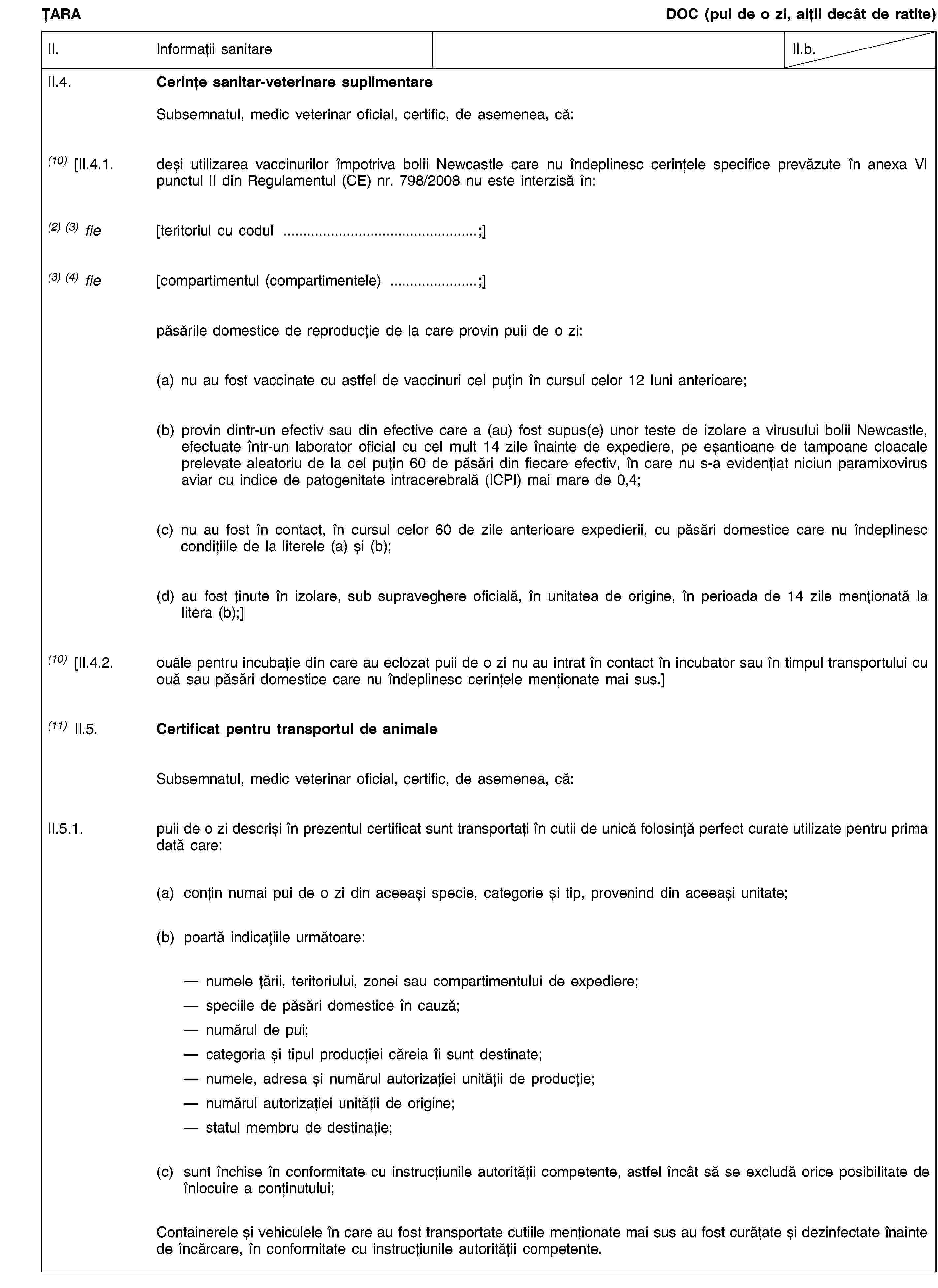 ȚARADOC (pui de o zi, alții decât de ratite)II.Informații sanitareII.b.II.4.Cerințe sanitar-veterinare suplimentareSubsemnatul, medic veterinar oficial, certific, de asemenea, că:(10) [II.4.1.deși utilizarea vaccinurilor împotriva bolii Newcastle care nu îndeplinesc cerințele specifice prevăzute în anexa VI punctul II din Regulamentul (CE) nr. 798/2008 nu este interzisă în:(2) (3) fie[teritoriul cu codul …;](3) (4) fie[compartimentul (compartimentele) …;]păsările domestice de reproducție de la care provin puii de o zi:(a) nu au fost vaccinate cu astfel de vaccinuri cel puțin în cursul celor 12 luni anterioare;(b) provin dintr-un efectiv sau din efective care a (au) fost supus(e) unor teste de izolare a virusului bolii Newcastle, efectuate într-un laborator oficial cu cel mult 14 zile înainte de expediere, pe eșantioane de tampoane cloacale prelevate aleatoriu de la cel puțin 60 de păsări din fiecare efectiv, în care nu s-a evidențiat niciun paramixovirus aviar cu indice de patogenitate intracerebrală (ICPI) mai mare de 0,4;(c) nu au fost în contact, în cursul celor 60 de zile anterioare expedierii, cu păsări domestice care nu îndeplinesc condițiile de la literele (a) și (b);(d) au fost ținute în izolare, sub supraveghere oficială, în unitatea de origine, în perioada de 14 zile menționată la litera (b);](10) [II.4.2.ouăle pentru incubație din care au eclozat puii de o zi nu au intrat în contact în incubator sau în timpul transportului cu ouă sau păsări domestice care nu îndeplinesc cerințele menționate mai sus.](11) II.5.Certificat pentru transportul de animaleSubsemnatul, medic veterinar oficial, certific, de asemenea, că:II.5.1.puii de o zi descriși în prezentul certificat sunt transportați în cutii de unică folosință perfect curate utilizate pentru prima dată care:(a)conțin numai pui de o zi din aceeași specie, categorie și tip, provenind din aceeași unitate;(b)poartă indicațiile următoare:numele țării, teritoriului, zonei sau compartimentului de expediere;speciile de păsări domestice în cauză;numărul de pui;categoria și tipul producției căreia îi sunt destinate;numele, adresa și numărul autorizației unității de producție;numărul autorizației unității de origine;statul membru de destinație;(c)sunt închise în conformitate cu instrucțiunile autorității competente, astfel încât să se excludă orice posibilitate de înlocuire a conținutului;Containerele și vehiculele în care au fost transportate cutiile menționate mai sus au fost curățate și dezinfectate înainte de încărcare, în conformitate cu instrucțiunile autorității competente.