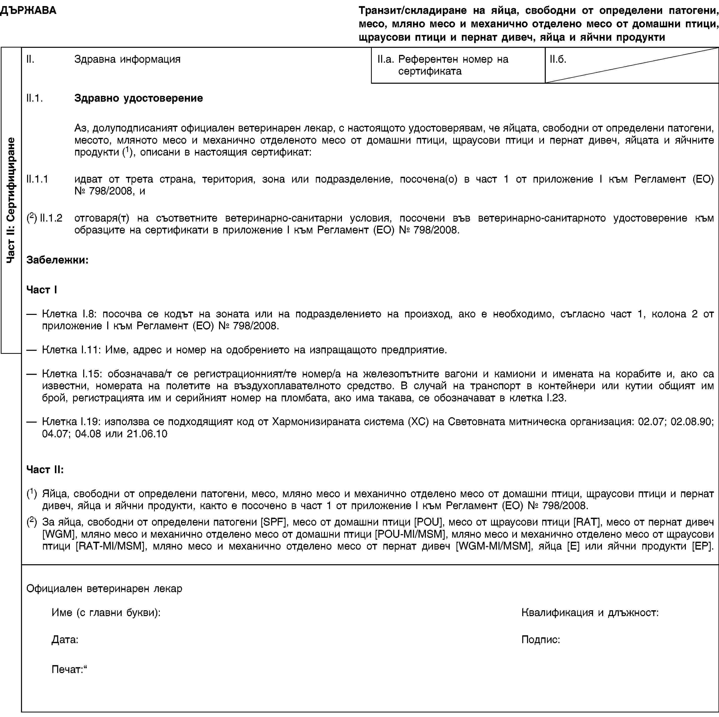 Част II: СертифициранеДЪРЖАВАТранзит/складиране на яйца, свободни от определени патогени, месо, мляно месо и механично отделено месо от домашни птици, щраусови птици и пернат дивеч, яйца и яйчни продуктиII. Здравна информацияII.a. Референтен номер на сертификатаII.б.II.1. Здравно удостоверениеАз, долуподписаният официален ветеринарен лекар, с настоящото удостоверявам, че яйцата, свободни от определени патогени, месото, мляното месо и механично отделеното месо от домашни птици, щраусови птици и пернат дивеч, яйцата и яйчните продукти (1), описани в настоящия сертификат:II.1.1 идват от трета страна, територия, зона или подразделение, посочена(о) в част 1 от приложение I към Регламент (ЕО) № 798/2008, и(2) II.1.2 отговаря(т) на съответните ветеринарно-санитарни условия, посочени във ветеринарно-санитарното удостоверение към образците на сертификати в приложение I към Регламент (ЕО) № 798/2008.Забележки:Част IКлетка I.8: посочва се кодът на зоната или на подразделението на произход, ако е необходимо, съгласно част 1, колона 2 от приложение I към Регламент (ЕО) № 798/2008.Клетка I.11: Име, адрес и номер на одобрението на изпращащото предприятие.Клетка I.15: обозначава/т се регистрационният/те номер/а на железопътните вагони и камиони и имената на корабите и, ако са известни, номерата на полетите на въздухоплавателното средство. В случай на транспорт в контейнери или кутии общият им брой, регистрацията им и серийният номер на пломбата, ако има такава, се обозначават в клетка I.23.Клетка I.19: използва се подходящият код от Хармонизираната система (ХС) на Световната митническа организация: 02.07; 02.08.90; 04.07; 04.08 или 21.06.10Част II:(1) Яйца, свободни от определени патогени, месо, мляно месо и механично отделено месо от домашни птици, щраусови птици и пернат дивеч, яйца и яйчни продукти, както е посочено в част 1 от приложение I към Регламент (ЕО) № 798/2008.(2) За яйца, свободни от определени патогени [SPF], месо от домашни птици [POU], месо от щраусови птици [RAT], месо от пернат дивеч [WGM], мляно месо и механично отделено месо от домашни птици [POU-MI/MSM], мляно месо и механично отделено месо от щраусови птици [RAT-MI/MSM], мляно месо и механично отделено месо от пернат дивеч [WGM-MI/MSM], яйца [E] или яйчни продукти [EP].Официален ветеринарен лекарИме (с главни букви):Квалификация и длъжност:Дата:Подпис:Печат: