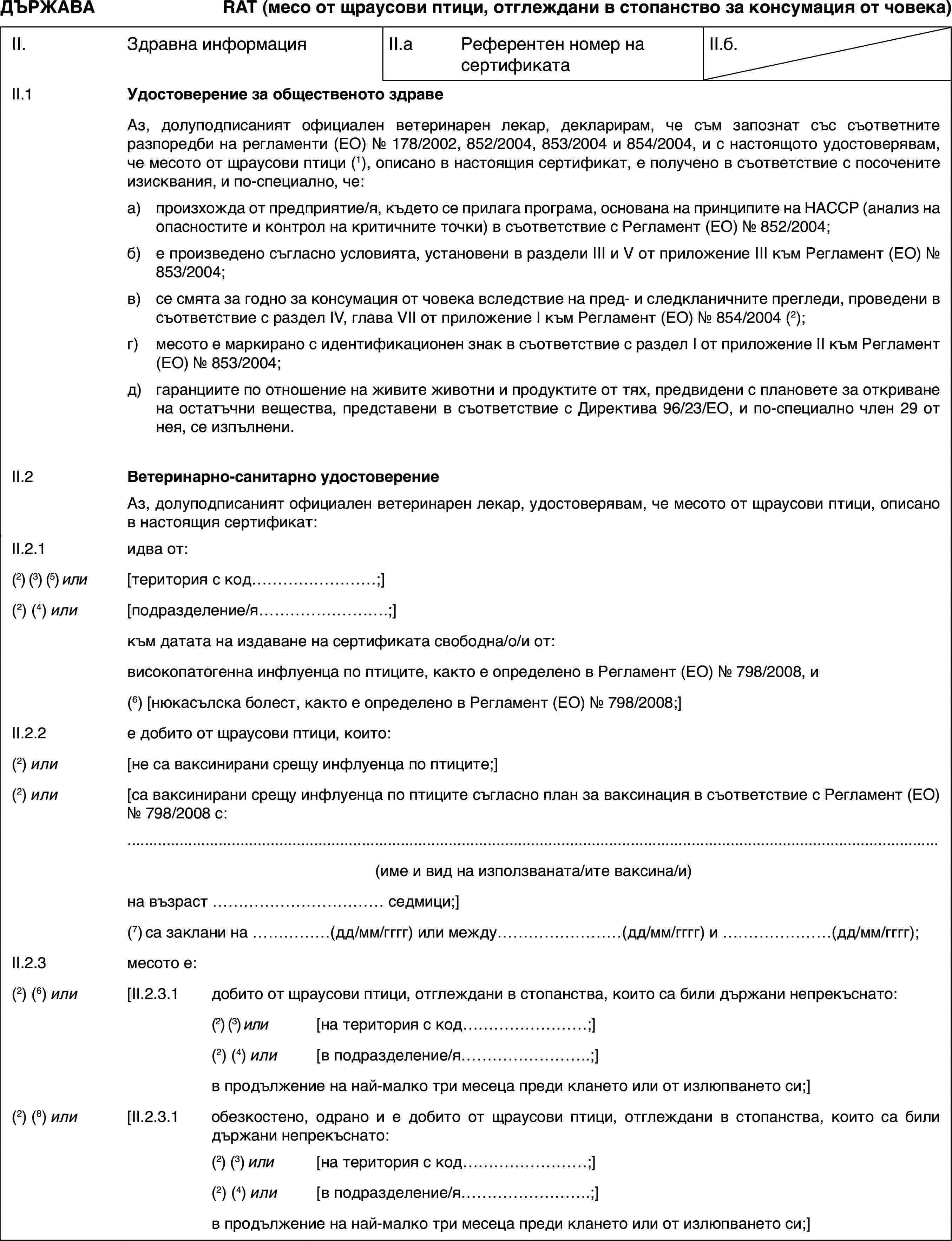 ДЪРЖАВАRAT (месо от щраусови птици, отглеждани в стопанство за консумация от човека)II.Здравна информацияII.aРеферентен номер на сертификатаII.б.II.1Удостоверение за общественото здравеАз, долуподписаният официален ветеринарен лекар, декларирам, че съм запознат със съответните разпоредби на регламенти (ЕО) № 178/2002, 852/2004, 853/2004 и 854/2004, и с настоящото удостоверявам, че месото от щраусови птици(1), описано в настоящия сертификат, е получено в съответствие с посочените изисквания, и по-специално, че:a)произхожда от предприятие/я, където се прилага програма, основана на принципите на HACCP (анализ на опасностите и контрол на критичните точки) в съответствие с Регламент (ЕО) № 852/2004;б)е произведено съгласно условията, установени в раздели III и V от приложение III към Регламент (ЕО) № 853/2004;в)се смята за годно за консумация от човека вследствие на пред- и следкланичните прегледи, проведени в съответствие с раздел IV, глава VII от приложение I към Регламент (ЕО) № 854/2004 (2);г)месото е маркирано с идентификационен знак в съответствие с раздел I от приложение II към Регламент (ЕО) № 853/2004;д)гаранциите по отношение на живите животни и продуктите от тях, предвидени с плановете за откриване на остатъчни вещества, представени в съответствие с Директива 96/23/ЕО, и по-специално член 29 от нея, се изпълнени.II.2Ветеринарно-санитарно удостоверениеАз, долуподписаният официален ветеринарен лекар, удостоверявам, че месото от щраусови птици, описано в настоящия сертификат:II.2.1идва от:(2) (3) (5) или[територия с код…;](2) (4) или[подразделение/я…;]към датата на издаване на сертификата свободна/о/и от:високопатогенна инфлуенца по птиците, както е определено в Регламент (ЕО) № 798/2008, и(6) [нюкасълска болест, както е определено в Регламент (ЕО) № 798/2008;]II.2.2е добито от щраусови птици, които:(2) или[не са ваксинирани срещу инфлуенца по птиците;](2) или[са ваксинирани срещу инфлуенца по птиците съгласно план за ваксинация в съответствие с Регламент (ЕО) № 798/2008 с:(име и вид на използваната/ите ваксина/и)на възраст … седмици;](7)са заклани на …(дд/мм/гггг) или между…(дд/мм/гггг) и …(дд/мм/гггг);II.2.3месото е:(2) (6) или[II.2.3.1добито от щраусови птици, отглеждани в стопанства, които са били държани непрекъснато:(2) (3) или[на територия с код…;](2) (4) или[в подразделение/я…;]в продължение на най-малко три месеца преди клането или от излюпването си;](2) (8) или[II.2.3.1обезкостено, одрано и е добито от щраусови птици, отглеждани в стопанства, които са били държани непрекъснато:(2) (3) или[на територия с код…;](2) (4) или[в подразделение/я…;]в продължение на най-малко три месеца преди клането или от излюпването си;]