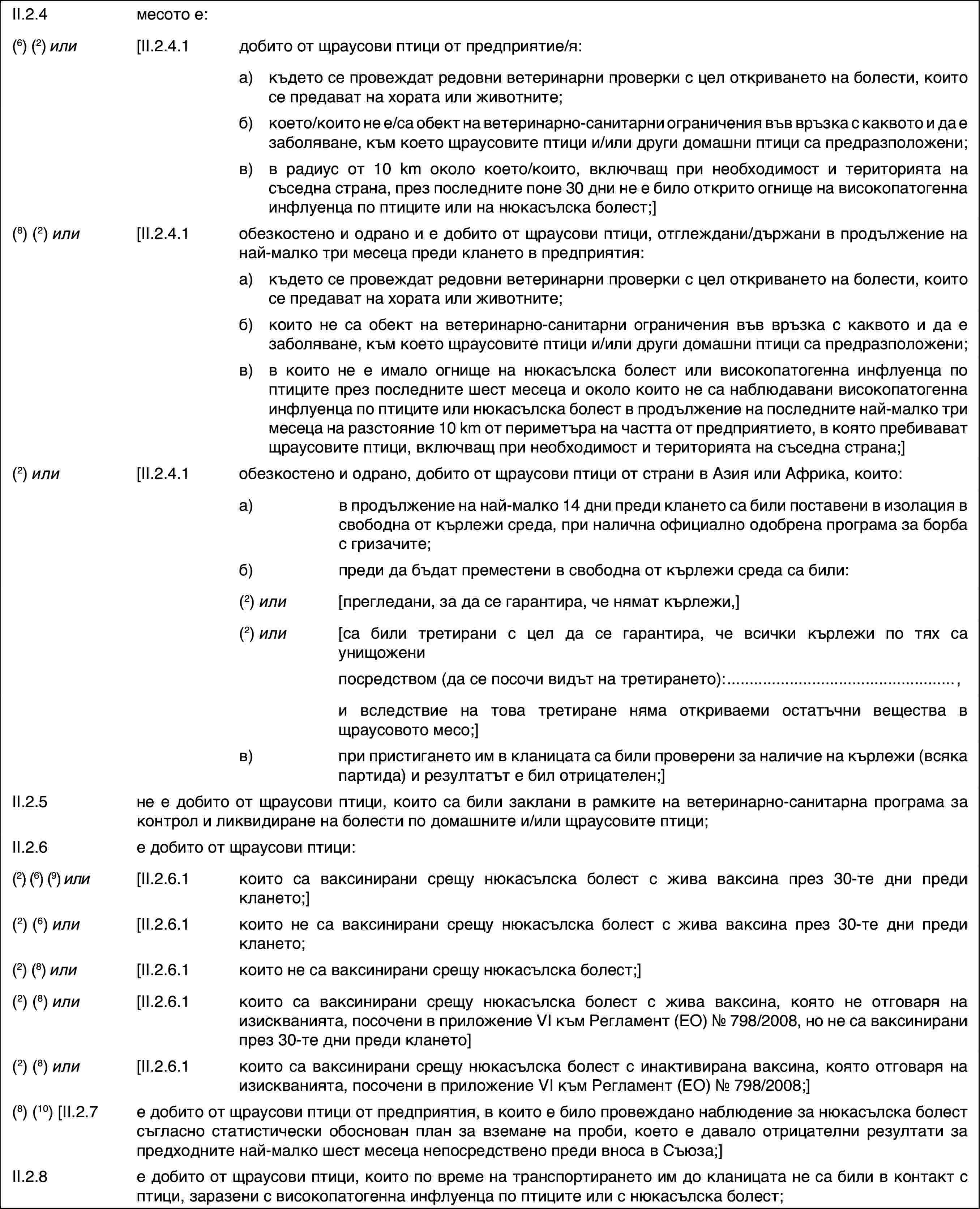 II.2.4месото е:(6) (2) или[II.2.4.1добито от щраусови птици от предприятие/я:a)където се провеждат редовни ветеринарни проверки с цел откриването на болести, които се предават на хората или животните;б)което/които не е/са обект на ветеринарно-санитарни ограничения във връзка с каквото и да е заболяване, към което щраусовите птици и/или други домашни птици са предразположени;в)в радиус от 10 km около което/които, включващ при необходимост и територията на съседна страна, през последните поне 30 дни не е било открито огнище на високопатогенна инфлуенца по птиците или на нюкасълска болест;](8) (2) или[II.2.4.1обезкостено и одрано и е добито от щраусови птици, отглеждани/държани в продължение на най-малко три месеца преди клането в предприятия:a)където се провеждат редовни ветеринарни проверки с цел откриването на болести, които се предават на хората или животните;б)които не са обект на ветеринарно-санитарни ограничения във връзка с каквото и да е заболяване, към което щраусовите птици и/или други домашни птици са предразположени;в)в които не е имало огнище на нюкасълска болест или високопатогенна инфлуенца по птиците през последните шест месеца и около които не са наблюдавани високопатогенна инфлуенца по птиците или нюкасълска болест в продължение на последните най-малко три месеца на разстояние 10 km от периметъра на частта от предприятието, в която пребивават щраусовите птици, включващ при необходимост и територията на съседна страна;](2) или[II.2.4.1обезкостено и одрано, добито от щраусови птици от страни в Азия или Африка, които:a)в продължение на най-малко 14 дни преди клането са били поставени в изолация в свободна от кърлежи среда, при налична официално одобрена програма за борба с гризачите;б)преди да бъдат преместени в свободна от кърлежи среда са били:(2) или[прегледани, за да се гарантира, че нямат кърлежи,](2) или[са били третирани с цел да се гарантира, че всички кърлежи по тях са унищоженипосредством (да се посочи видът на третирането):,и вследствие на това третиране няма откриваеми остатъчни вещества в щраусовото месо;]в)при пристигането им в кланицата са били проверени за наличие на кърлежи (всяка партида) и резултатът е бил отрицателен;]II.2.5не е добито от щраусови птици, които са били заклани в рамките на ветеринарно-санитарна програма за контрол и ликвидиране на болести по домашните и/или щраусовите птици;II.2.6е добито от щраусови птици:(2) (6) (9) или[II.2.6.1които са ваксинирани срещу нюкасълска болест с жива ваксина през 30-те дни преди клането;](2) (6) или[II.2.6.1които не са ваксинирани срещу нюкасълска болест с жива ваксина през 30-те дни преди клането;(2) (8) или[II.2.6.1които не са ваксинирани срещу нюкасълска болест;](2) (8) или[II.2.6.1които са ваксинирани срещу нюкасълска болест с жива ваксина, която не отговаря на изискванията, посочени в приложение VI към Регламент (ЕО) № 798/2008, но не са ваксинирани през 30-те дни преди клането](2) (8) или[II.2.6.1които са ваксинирани срещу нюкасълска болест с инактивирана ваксина, която отговаря на изискванията, посочени в приложение VI към Регламент (ЕО) № 798/2008;](8) (10) [II.2.7е добито от щраусови птици от предприятия, в които е било провеждано наблюдение за нюкасълска болест съгласно статистически обоснован план за вземане на проби, което е давало отрицателни резултати за предходните най-малко шест месеца непосредствено преди вноса в Съюза;]II.2.8е добито от щраусови птици, които по време на транспортирането им до кланицата не са били в контакт с птици, заразени с високопатогенна инфлуенца по птиците или с нюкасълска болест;