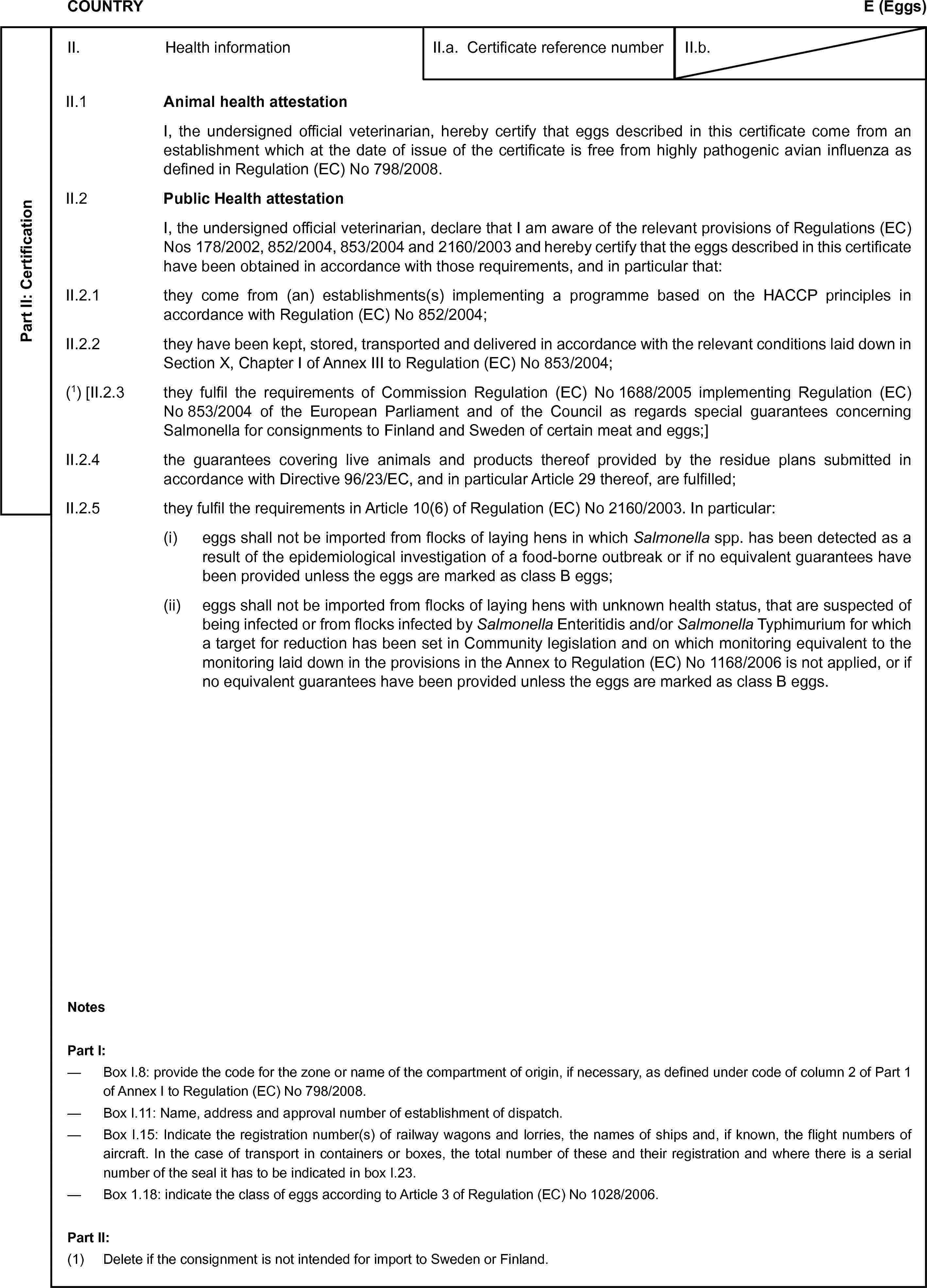 COUNTRYE (Eggs)Part II: CertificationII. Health informationII.a. Certificate reference numberII.b.II.1 Animal health attestationI, the undersigned official veterinarian, hereby certify that eggs described in this certificate come from an establishment which at the date of issue of the certificate is free from highly pathogenic avian influenza as defined in Regulation (EC) No 798/2008.II.2 Public Health attestationI, the undersigned official veterinarian, declare that I am aware of the relevant provisions of Regulations (EC) Nos 178/2002, 852/2004, 853/2004 and 2160/2003 and hereby certify that the eggs described in this certificate have been obtained in accordance with those requirements, and in particular that:II.2.1 they come from (an) establishments(s) implementing a programme based on the HACCP principles in accordance with Regulation (EC) No 852/2004;II.2.2 they have been kept, stored, transported and delivered in accordance with the relevant conditions laid down in Section X, Chapter I of Annex III to Regulation (EC) No 853/2004;(1) [II.2.3 they fulfil the requirements of Commission Regulation (EC) No 1688/2005 implementing Regulation (EC) No 853/2004 of the European Parliament and of the Council as regards special guarantees concerning Salmonella for consignments to Finland and Sweden of certain meat and eggs;]II.2.4 the guarantees covering live animals and products thereof provided by the residue plans submitted in accordance with Directive 96/23/EC, and in particular Article 29 thereof, are fulfilled;II.2.5 they fulfil the requirements in Article 10(6) of Regulation (EC) No 2160/2003. In particular:(i) eggs shall not be imported from flocks of laying hens in which Salmonella spp. has been detected as a result of the epidemiological investigation of a food-borne outbreak or if no equivalent guarantees have been provided unless the eggs are marked as class B eggs;(ii) eggs shall not be imported from flocks of laying hens with unknown health status, that are suspected of being infected or from flocks infected by Salmonella Enteritidis and/or Salmonella Typhimurium for which a target for reduction has been set in Community legislation and on which monitoring equivalent to the monitoring laid down in the provisions in the Annex to Regulation (EC) No 1168/2006 is not applied, or if no equivalent guarantees have been provided unless the eggs are marked as class B eggs.NotesPart I:— Box I.8: provide the code for the zone or name of the compartment of origin, if necessary, as defined under code of column 2 of Part 1 of Annex I to Regulation (EC) No 798/2008.— Box I.11: Name, address and approval number of establishment of dispatch.— Box I.15: Indicate the registration number(s) of railway wagons and lorries, the names of ships and, if known, the flight numbers of aircraft. In the case of transport in containers or boxes, the total number of these and their registration and where there is a serial number of the seal it has to be indicated in box I.23.— Box 1.18: indicate the class of eggs according to Article 3 of Regulation (EC) No 1028/2006.Part II:(1) Delete if the consignment is not intended for import to Sweden or Finland.