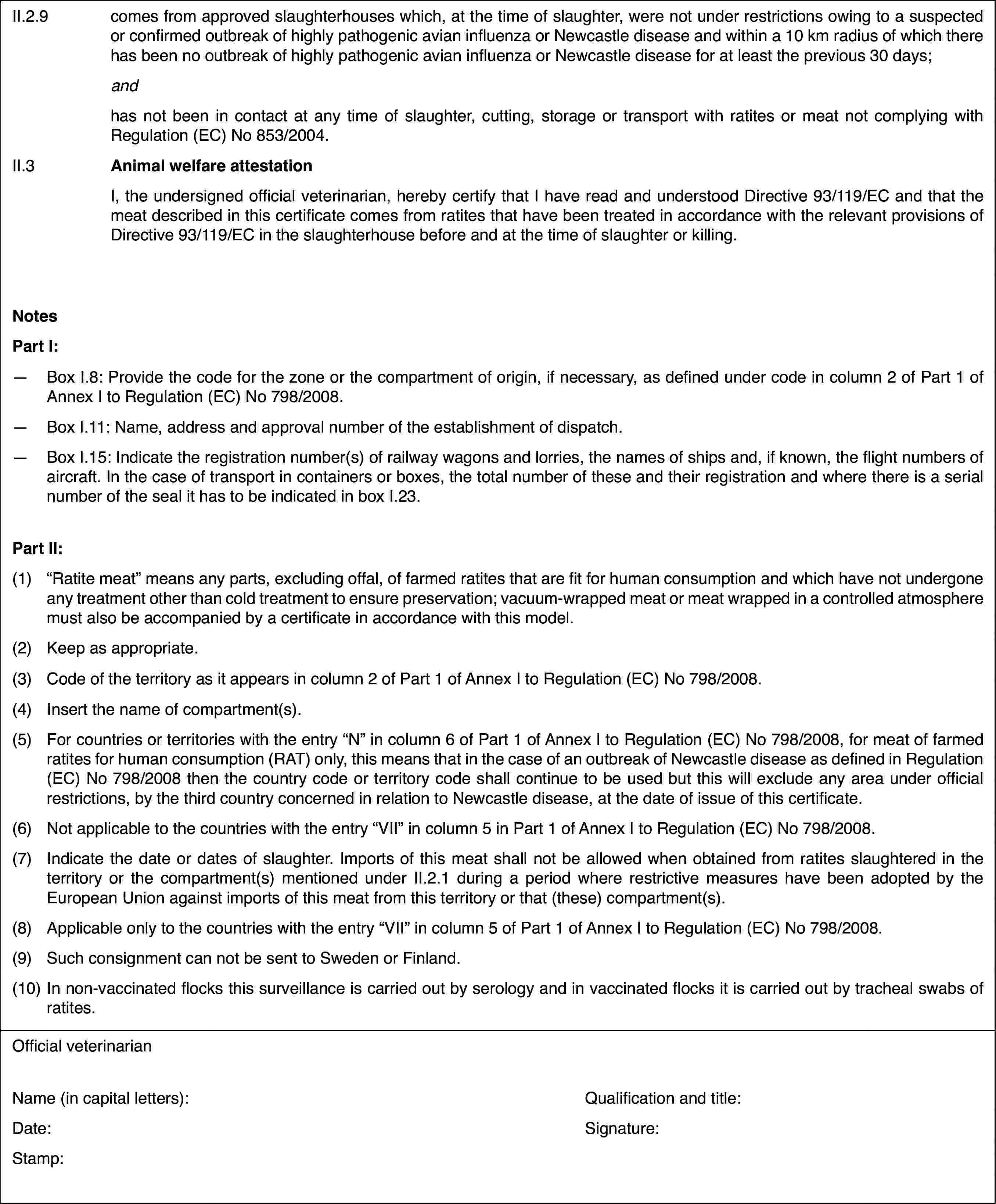 II.2.9comes from approved slaughterhouses which, at thetime of slaughter, were not under restrictions owing to a suspected or confirmedoutbreak of highly pathogenic avian influenza or Newcastle disease and withina 10 km radius of which there has been no outbreak of highly pathogenic avianinfluenza or Newcastle disease for at least the previous 30 days;andhas not been in contact at any timeof slaughter, cutting, storage or transport with ratites or meat not complyingwith Regulation (EC) No 853/2004.II.3Animal welfare attestationI, the undersigned official veterinarian,hereby certify that I have read and understood Directive 93/119/EC and thatthe meat described in this certificate comes from ratites that have been treatedin accordance with the relevant provisions of Directive 93/119/EC in the slaughterhousebefore and at the time of slaughter or killing.NotesPart I:—Box I.8: Provide the code for the zone or the compartment of origin,if necessary, as defined under code in column 2 of Part 1 of Annex I to Regulation(EC) No 798/2008.—Box I.11: Name,address and approval number of the establishment of dispatch.—Box I.15: Indicate the registration number(s) of railway wagons andlorries, the names of ships and, if known, the flight numbers of aircraft.In the case of transport in containers or boxes, the total number of theseand their registration and where there is a serial number of the seal it hasto be indicated in box I.23.Part II:(1)“Ratite meat” meansany parts, excluding offal, of farmed ratites that are fit for human consumptionand which have not undergone any treatment other than cold treatment to ensurepreservation; vacuum-wrapped meat or meat wrapped in a controlled atmospheremust also be accompanied by a certificate in accordance with this model.(2)Keep as appropriate.(3)Code of the territoryas it appears in column 2 of Part 1 of Annex I to Regulation (EC) No 798/2008.(4)Insert the name of compartment(s).(5)For countries or territories with the entry “N” in column 6 of Part1 of Annex I to Regulation (EC) No 798/2008, for meat of farmed ratites forhuman consumption (RAT) only, this means that in the case of an outbreak ofNewcastle disease as defined in Regulation (EC) No 798/2008 then the countrycode or territory code shall continue to be used but this will exclude anyarea under official restrictions, by the third country concerned in relationto Newcastle disease, at the date of issue of this certificate.(6)Not applicable to the countries with the entry “VII” in column 5 in Part 1 of Annex I toRegulation (EC) No 798/2008.(7)Indicate the dateor dates of slaughter. Imports of this meat shall not be allowed when obtainedfrom ratites slaughtered in the territory or the compartment(s) mentionedunder II.2.1 during a period where restrictive measures have been adoptedby the European Union against imports of this meat from this territory orthat (these) compartment(s).(8)Applicableonly to the countries with the entry “VII” incolumn 5 of Part 1 of Annex I to Regulation(EC) No 798/2008.(9)Such consignmentcan not be sent to Sweden or Finland.(10)In non-vaccinated flocks this surveillance is carried out by serologyand in vaccinated flocks it is carried out by tracheal swabs of ratites.Official veterinarianName (in capitalletters):Qualification and title:Date:Signature:Stamp: