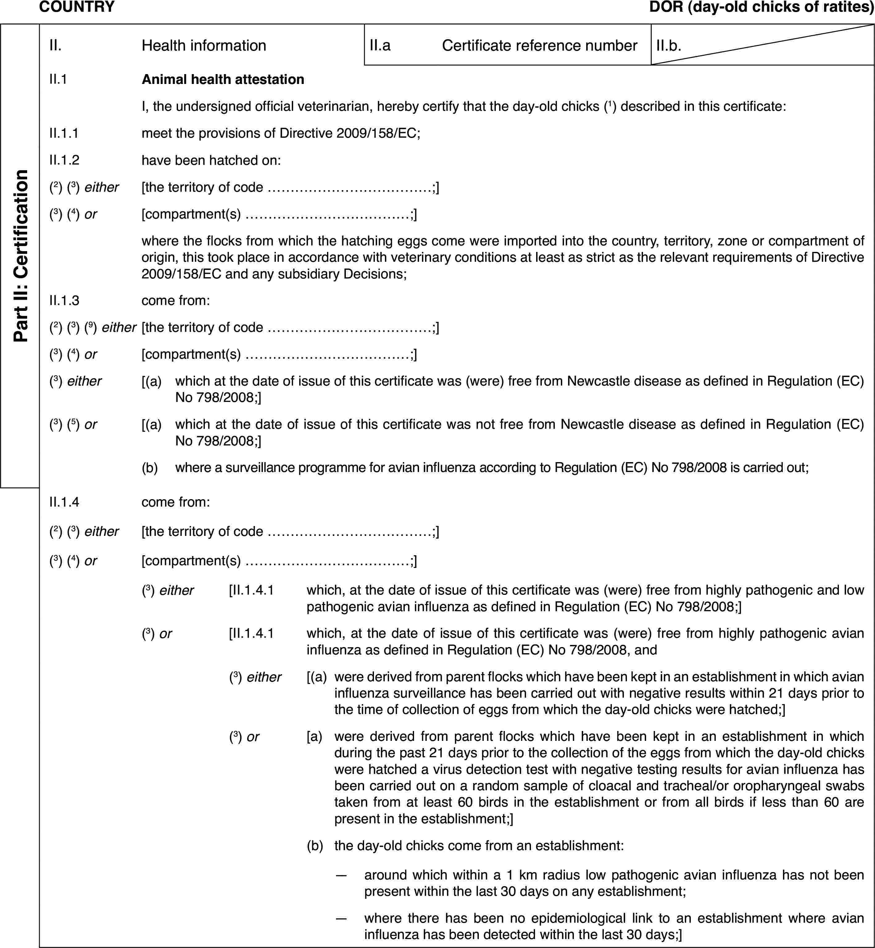 COUNTRYDOR (day-oldchicks of ratites)Part II: CertificationII.Health informationII.aCertificate reference numberII.b.II.1Animal health attestationI,the undersigned official veterinarian, hereby certify that the day-old chicks (1) described in this certificate:II.1.1meet the provisions of Directive 2009/158/EC;II.1.2have been hatchedon:(2)(3) either[the territory ofcode …;](3) (4) or[compartment(s) …;]where the flocksfrom which the hatching eggs come were imported into the country, territory,zone or compartment of origin, this took place in accordance with veterinaryconditions at least as strict as the relevant requirements of Directive 2009/158/ECand any subsidiary Decisions;II.1.3come from:(2)(3) (9) either[the territory of code …;](3)(4) or[compartment(s)…;](3) either[(a)which at the date of issue of this certificate was (were) free fromNewcastle disease as defined in Regulation (EC) No 798/2008;](3)(5) or[(a)which at the date of issue of this certificate was not free from Newcastledisease as defined in Regulation (EC) No 798/2008;](b)where a surveillance programme for avian influenza according to Regulation(EC) No 798/2008 is carried out;II.1.4come from:(2)(3) either[the territory ofcode …;](3) (4) or[compartment(s) …;](3) either[II.1.4.1which, at the date of issue of this certificate was (were) free fromhighly pathogenic and low pathogenic avian influenza as defined in Regulation(EC) No 798/2008;](3) or[II.1.4.1which, at the date of issue of this certificate was (were) free fromhighly pathogenic avian influenza as defined in Regulation (EC) No 798/2008,and(3) either[(a)were derived fromparent flocks which have been kept in an establishment in which avian influenzasurveillance has been carried out with negative results within 21 days priorto the time of collection of eggs from which the day-old chicks were hatched;](3) or[a)were derived fromparent flocks which have been kept in an establishment in which during thepast 21 days prior to the collection of the eggs from which the day-old chickswere hatched a virus detection test with negative testing results for avianinfluenza has been carried out on a random sample of cloacal and tracheal/ororopharyngeal swabs taken from at least 60 birds in the establishment or fromall birds if less than 60 are present in the establishment;](b)the day-old chicks come from an establishment:—around which within a 1 km radius low pathogenic avian influenza hasnot been present within the last 30 days on any establishment;—where there has been no epidemiological link to an establishment whereavian influenza has been detected within the last 30 days;]