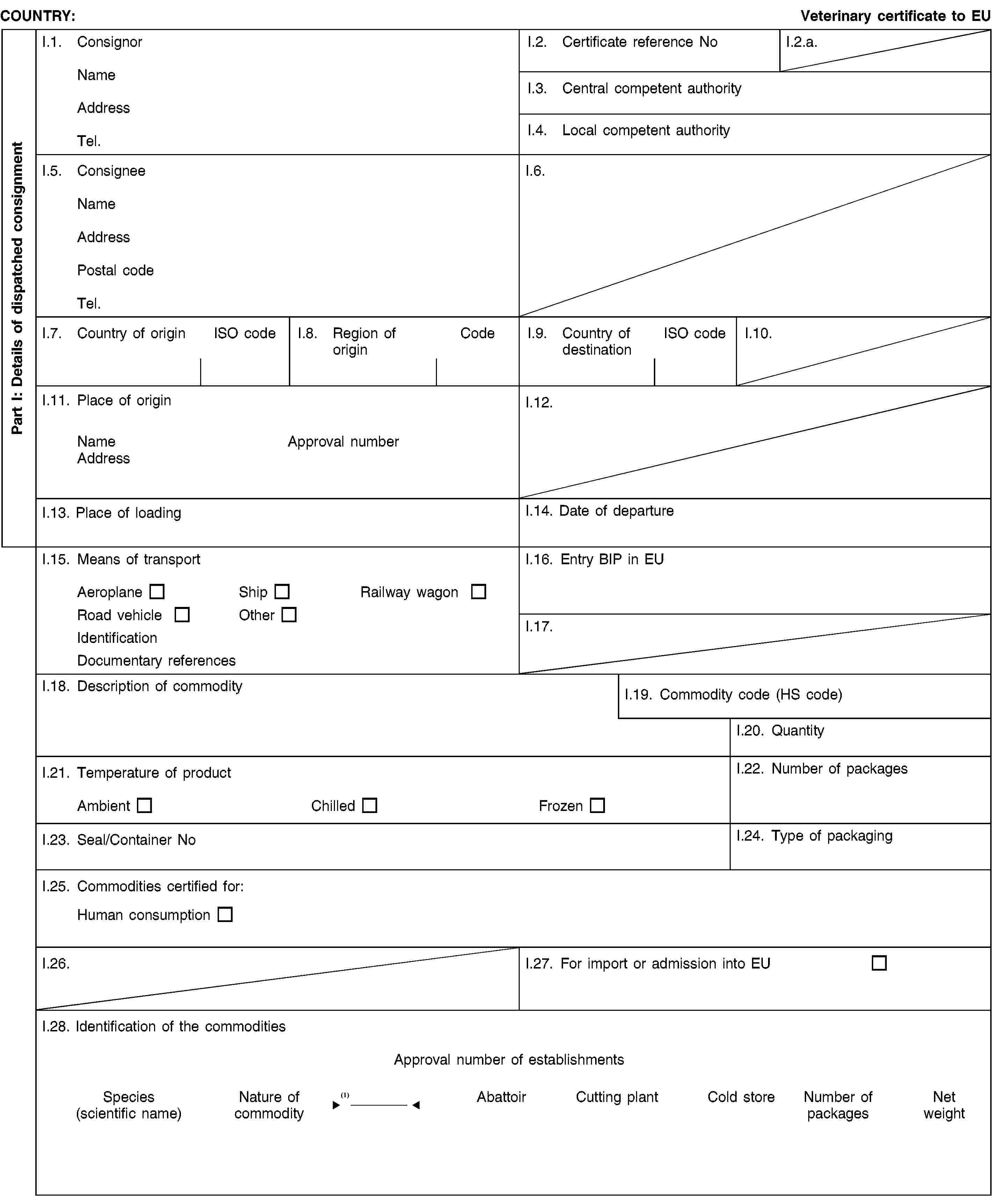 Part I: Details of dispatched consignmentCOUNTRY:Veterinary certificate to EUI.1. ConsignorNameAddressTel.I.2. Certificate reference NoI.2.a.I.3. Central competent authorityI.4. Local competent authorityI.5. ConsigneeNameAddressPostal codeTel.I.6.I.7. Country of originISO codeI.8. Region of originCodeI.9. Country of destinationISO codeI.10.I.11. Place of originNameApproval numberAddressI.12.I.13. Place of loadingI.14. Date of departureI.15. Means of transportAeroplaneShipRailway wagonRoad vehicleOtherIdentificationDocumentary referencesI.16. Entry BIP in EUI.17.I.18. Description of commodityI.19. Commodity code (HS code)I.20. QuantityI.21. Temperature of productAmbientChilledFrozenI.22. Number of packagesI.23. Seal/Container NoI.24. Type of packagingI.25. Commodities certified for:Human consumptionI.26.I.27. For import or admission into EUI.28. Identification of the commoditiesApproval number of establishmentsSpecies(scientific name)Nature of commodityTreatment typeAbattoirCutting plantCold storeNumber of packagesNet weight