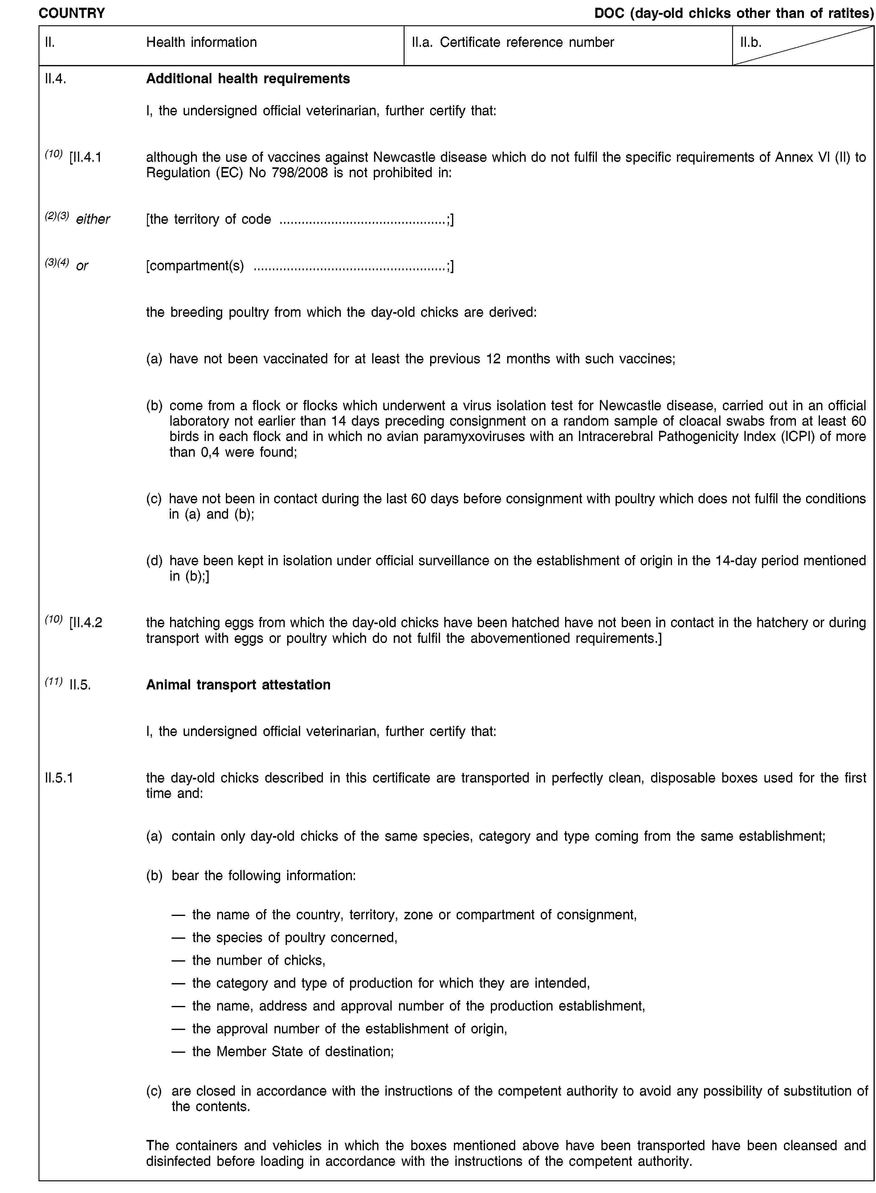 COUNTRYDOC (day-old chicks other than of ratites)II.Health informationII.a. Certificate reference numberII.b.II.4.Additional health requirementsI, the undersigned official veterinarian, further certify that:(10) [II.4.1although the use of vaccines against Newcastle disease which do not fulfil the specific requirements of Annex VI (II) to Regulation (EC) No 798/2008 is not prohibited in:(2)(3) either[the territory of code …;](3)(4) or[compartment(s) …;]the breeding poultry from which the day-old chicks are derived:(a) have not been vaccinated for at least the previous 12 months with such vaccines;(b) come from a flock or flocks which underwent a virus isolation test for Newcastle disease, carried out in an official laboratory not earlier than 14 days preceding consignment on a random sample of cloacal swabs from at least 60 birds in each flock and in which no avian paramyxoviruses with an Intracerebral Pathogenicity Index (ICPI) of more than 0,4 were found;(c) have not been in contact during the last 60 days before consignment with poultry which does not fulfil the conditions in (a) and (b);(d) have been kept in isolation under official surveillance on the establishment of origin in the 14-day period mentioned in (b);](10) [II.4.2the hatching eggs from which the day-old chicks have been hatched have not been in contact in the hatchery or during transport with eggs or poultry which do not fulfil the abovementioned requirements.](11) II.5.Animal transport attestationI, the undersigned official veterinarian, further certify that:II.5.1the day-old chicks described in this certificate are transported in perfectly clean, disposable boxes used for the first time and:(a)contain only day-old chicks of the same species, category and type coming from the same establishment;(b)bear the following information:the name of the country, territory, zone or compartment of consignment, the species of poultry concerned, the number of chicks, the category and type of production for which they are intended, the name, address and approval number of the production establishment, the approval number of the establishment of origin, the Member State of destination;(c)are closed in accordance with the instructions of the competent authority to avoid any possibility of substitution of the contents.The containers and vehicles in which the boxes mentioned above have been transported have been cleansed and disinfected before loading in accordance with the instructions of the competent authority.