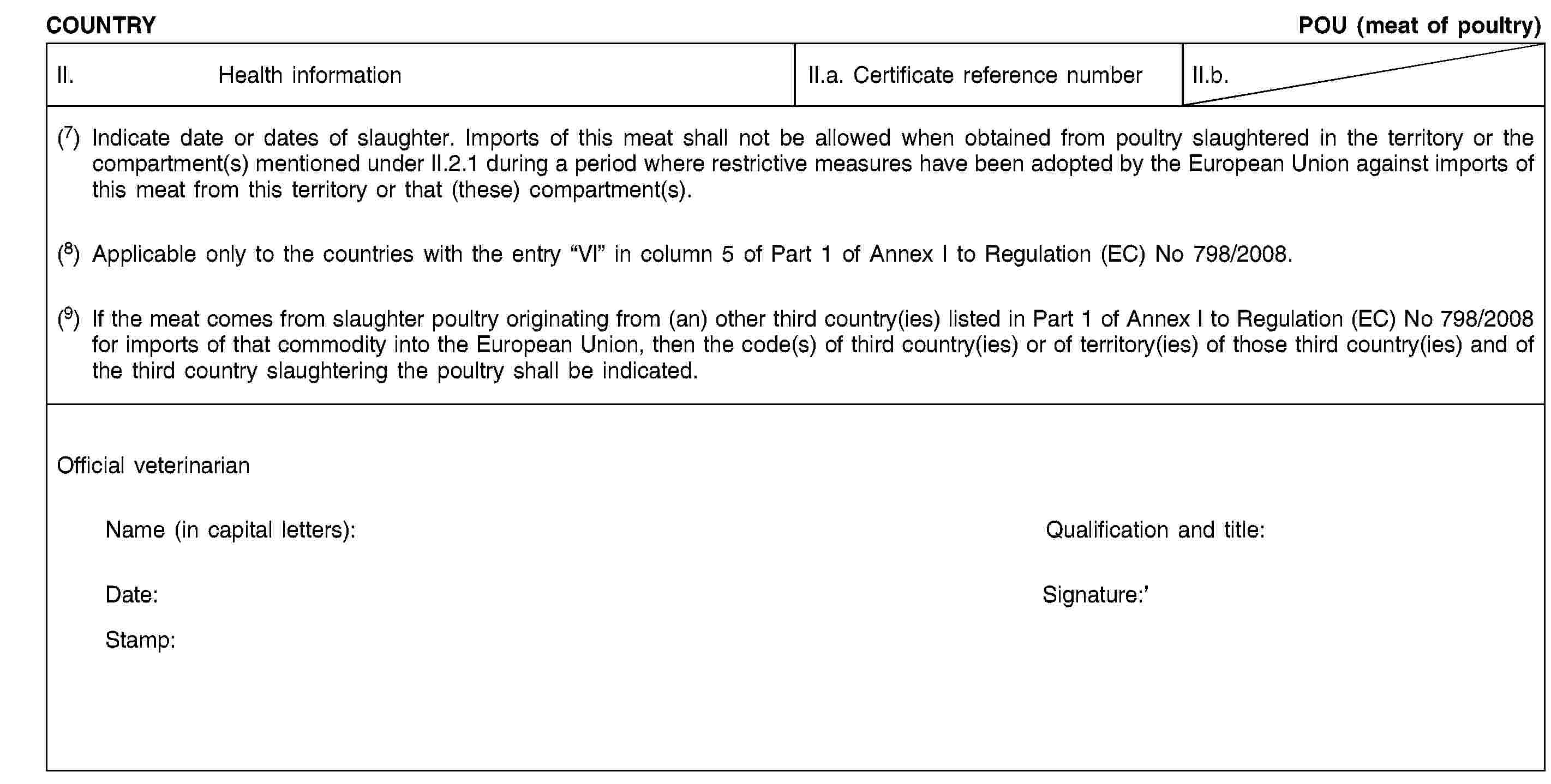 COUNTRYPOU (meat of poultry)II. Health informationII.a. Certificate reference numberII.b.(7) Indicate date or dates of slaughter. Imports of this meat shall not be allowed when obtained from poultry slaughtered in the territory or the compartment(s) mentioned under II.2.1 during a period where restrictive measures have been adopted by the European Union against imports of this meat from this territory or that (these) compartment(s).(8) Applicable only to the countries with the entry “VI” in column 5 of Part 1 of Annex I to Regulation (EC) No 798/2008.(9) If the meat comes from slaughter poultry originating from (an) other third country(ies) listed in Part 1 of Annex I to Regulation (EC) No 798/2008 for imports of that commodity into the European Union, then the code(s) of third country(ies) or of territory(ies) of those third country(ies) and of the third country slaughtering the poultry shall be indicated.Official veterinarianName (in capital letters):Qualification and title:Date:Signature:Stamp: