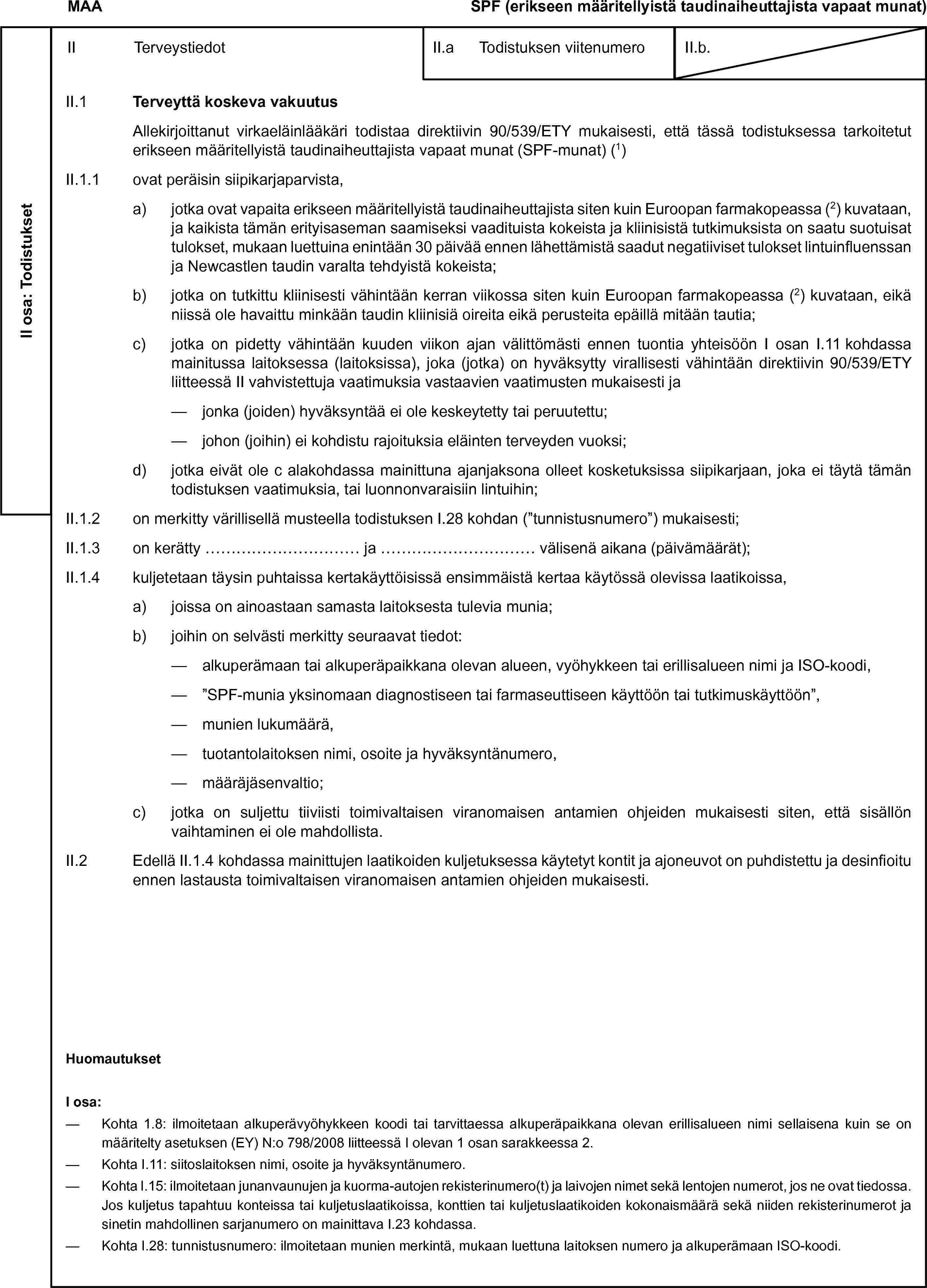 MAASPF (erikseen määritellyistä taudinaiheuttajista vapaat munat)II osa: TodistuksetII TerveystiedotII.a Todistuksen viitenumeroII.b.II.1 Terveyttä koskeva vakuutusAllekirjoittanut virkaeläinlääkäri todistaa direktiivin 90/539/ETY mukaisesti, että tässä todistuksessa tarkoitetut erikseen määritellyistä taudinaiheuttajista vapaat munat (SPF-munat) (1)II.1.1 ovat peräisin siipikarjaparvista,a) jotka ovat vapaita erikseen määritellyistä taudinaiheuttajista siten kuin Euroopan farmakopeassa (2) kuvataan, ja kaikista tämän erityisaseman saamiseksi vaadituista kokeista ja kliinisistä tutkimuksista on saatu suotuisat tulokset, mukaan luettuina enintään 30 päivää ennen lähettämistä saadut negatiiviset tulokset lintuinfluenssan ja Newcastlen taudin varalta tehdyistä kokeista;b) jotka on tutkittu kliinisesti vähintään kerran viikossa siten kuin Euroopan farmakopeassa (2) kuvataan, eikä niissä ole havaittu minkään taudin kliinisiä oireita eikä perusteita epäillä mitään tautia;c) jotka on pidetty vähintään kuuden viikon ajan välittömästi ennen tuontia yhteisöön I osan I.11 kohdassa mainitussa laitoksessa (laitoksissa), joka (jotka) on hyväksytty virallisesti vähintään direktiivin 90/539/ETY liitteessä II vahvistettuja vaatimuksia vastaavien vaatimusten mukaisesti ja— jonka (joiden) hyväksyntää ei ole keskeytetty tai peruutettu;— johon (joihin) ei kohdistu rajoituksia eläinten terveyden vuoksi;d) jotka eivät ole c alakohdassa mainittuna ajanjaksona olleet kosketuksissa siipikarjaan, joka ei täytä tämän todistuksen vaatimuksia, tai luonnonvaraisiin lintuihin;II.1.2 on merkitty värillisellä musteella todistuksen I.28 kohdan (”tunnistusnumero”) mukaisesti;II.1.3 on kerätty … ja … välisenä aikana (päivämäärät);II.1.4 kuljetetaan täysin puhtaissa kertakäyttöisissä ensimmäistä kertaa käytössä olevissa laatikoissa,a) joissa on ainoastaan samasta laitoksesta tulevia munia;b) joihin on selvästi merkitty seuraavat tiedot:— alkuperämaan tai alkuperäpaikkana olevan alueen, vyöhykkeen tai erillisalueen nimi ja ISO-koodi,— ”SPF-munia yksinomaan diagnostiseen tai farmaseuttiseen käyttöön tai tutkimuskäyttöön”,— munien lukumäärä,— tuotantolaitoksen nimi, osoite ja hyväksyntänumero,— määräjäsenvaltio;c) jotka on suljettu tiiviisti toimivaltaisen viranomaisen antamien ohjeiden mukaisesti siten, että sisällön vaihtaminen ei ole mahdollista.II.2 Edellä II.1.4 kohdassa mainittujen laatikoiden kuljetuksessa käytetyt kontit ja ajoneuvot on puhdistettu ja desinfioitu ennen lastausta toimivaltaisen viranomaisen antamien ohjeiden mukaisesti.HuomautuksetI osa:— Kohta 1.8: ilmoitetaan alkuperävyöhykkeen koodi tai tarvittaessa alkuperäpaikkana olevan erillisalueen nimi sellaisena kuin se on määritelty asetuksen (EY) N:o 798/2008 liitteessä I olevan 1 osan sarakkeessa 2.— Kohta I.11: siitoslaitoksen nimi, osoite ja hyväksyntänumero.— Kohta I.15: ilmoitetaan junanvaunujen ja kuorma-autojen rekisterinumero(t) ja laivojen nimet sekä lentojen numerot, jos ne ovat tiedossa. Jos kuljetus tapahtuu konteissa tai kuljetuslaatikoissa, konttien tai kuljetuslaatikoiden kokonaismäärä sekä niiden rekisterinumerot ja sinetin mahdollinen sarjanumero on mainittava I.23 kohdassa.— Kohta I.28: tunnistusnumero: ilmoitetaan munien merkintä, mukaan luettuna laitoksen numero ja alkuperämaan ISO-koodi.