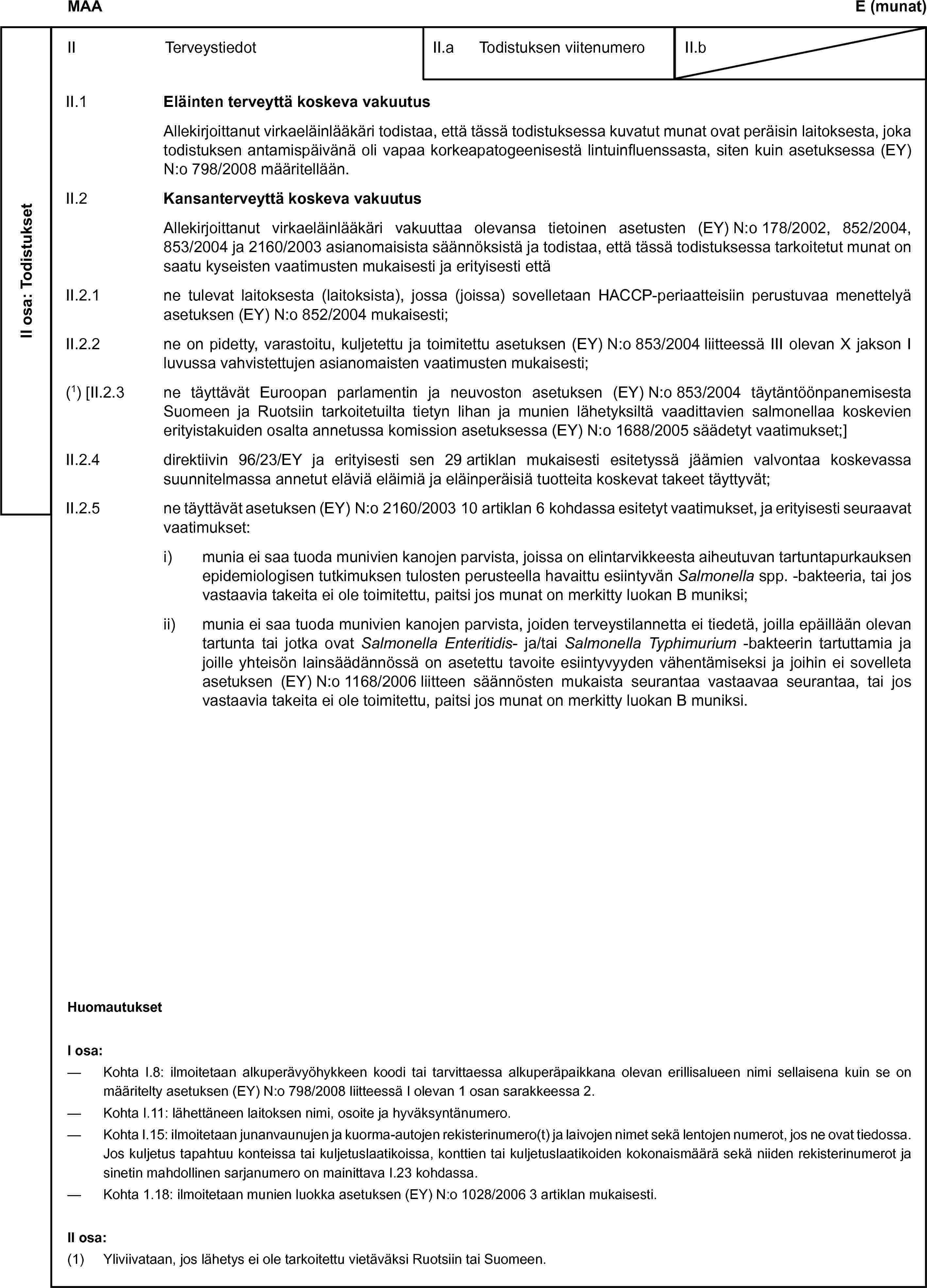 MAAE (munat)II osa: TodistuksetII TerveystiedotII.a Todistuksen viitenumeroII.bII.1 Eläinten terveyttä koskeva vakuutusAllekirjoittanut virkaeläinlääkäri todistaa, että tässä todistuksessa kuvatut munat ovat peräisin laitoksesta, joka todistuksen antamispäivänä oli vapaa korkeapatogeenisestä lintuinfluenssasta, siten kuin asetuksessa (EY) N:o 798/2008 määritellään.II.2 Kansanterveyttä koskeva vakuutusAllekirjoittanut virkaeläinlääkäri vakuuttaa olevansa tietoinen asetusten (EY) N:o 178/2002, 852/2004, 853/2004 ja 2160/2003 asianomaisista säännöksistä ja todistaa, että tässä todistuksessa tarkoitetut munat on saatu kyseisten vaatimusten mukaisesti ja erityisesti ettäII.2.1 ne tulevat laitoksesta (laitoksista), jossa (joissa) sovelletaan HACCP-periaatteisiin perustuvaa menettelyä asetuksen (EY) N:o 852/2004 mukaisesti;II.2.2 ne on pidetty, varastoitu, kuljetettu ja toimitettu asetuksen (EY) N:o 853/2004 liitteessä III olevan X jakson I luvussa vahvistettujen asianomaisten vaatimusten mukaisesti;(1) [II.2.3 ne täyttävät Euroopan parlamentin ja neuvoston asetuksen (EY) N:o 853/2004 täytäntöönpanemisesta Suomeen ja Ruotsiin tarkoitetuilta tietyn lihan ja munien lähetyksiltä vaadittavien salmonellaa koskevien erityistakuiden osalta annetussa komission asetuksessa (EY) N:o 1688/2005 säädetyt vaatimukset;]II.2.4 direktiivin 96/23/EY ja erityisesti sen 29 artiklan mukaisesti esitetyssä jäämien valvontaa koskevassa suunnitelmassa annetut eläviä eläimiä ja eläinperäisiä tuotteita koskevat takeet täyttyvät;II.2.5 ne täyttävät asetuksen (EY) N:o 2160/2003 10 artiklan 6 kohdassa esitetyt vaatimukset, ja erityisesti seuraavat vaatimukset:i) munia ei saa tuoda munivien kanojen parvista, joissa on elintarvikkeesta aiheutuvan tartuntapurkauksen epidemiologisen tutkimuksen tulosten perusteella havaittu esiintyvän Salmonella spp. -bakteeria, tai jos vastaavia takeita ei ole toimitettu, paitsi jos munat on merkitty luokan B muniksi;ii) munia ei saa tuoda munivien kanojen parvista, joiden terveystilannetta ei tiedetä, joilla epäillään olevan tartunta tai jotka ovat Salmonella Enteritidis- ja/tai Salmonella Typhimurium -bakteerin tartuttamia ja joille yhteisön lainsäädännössä on asetettu tavoite esiintyvyyden vähentämiseksi ja joihin ei sovelleta asetuksen (EY) N:o 1168/2006 liitteen säännösten mukaista seurantaa vastaavaa seurantaa, tai jos vastaavia takeita ei ole toimitettu, paitsi jos munat on merkitty luokan B muniksi.HuomautuksetI osa:— Kohta I.8: ilmoitetaan alkuperävyöhykkeen koodi tai tarvittaessa alkuperäpaikkana olevan erillisalueen nimi sellaisena kuin se on määritelty asetuksen (EY) N:o 798/2008 liitteessä I olevan 1 osan sarakkeessa 2.— Kohta I.11: lähettäneen laitoksen nimi, osoite ja hyväksyntänumero.— Kohta I.15: ilmoitetaan junanvaunujen ja kuorma-autojen rekisterinumero(t) ja laivojen nimet sekä lentojen numerot, jos ne ovat tiedossa. Jos kuljetus tapahtuu konteissa tai kuljetuslaatikoissa, konttien tai kuljetuslaatikoiden kokonaismäärä sekä niiden rekisterinumerot ja sinetin mahdollinen sarjanumero on mainittava I.23 kohdassa.— Kohta 1.18: ilmoitetaan munien luokka asetuksen (EY) N:o 1028/2006 3 artiklan mukaisesti.II osa:(1) Yliviivataan, jos lähetys ei ole tarkoitettu vietäväksi Ruotsiin tai Suomeen.
