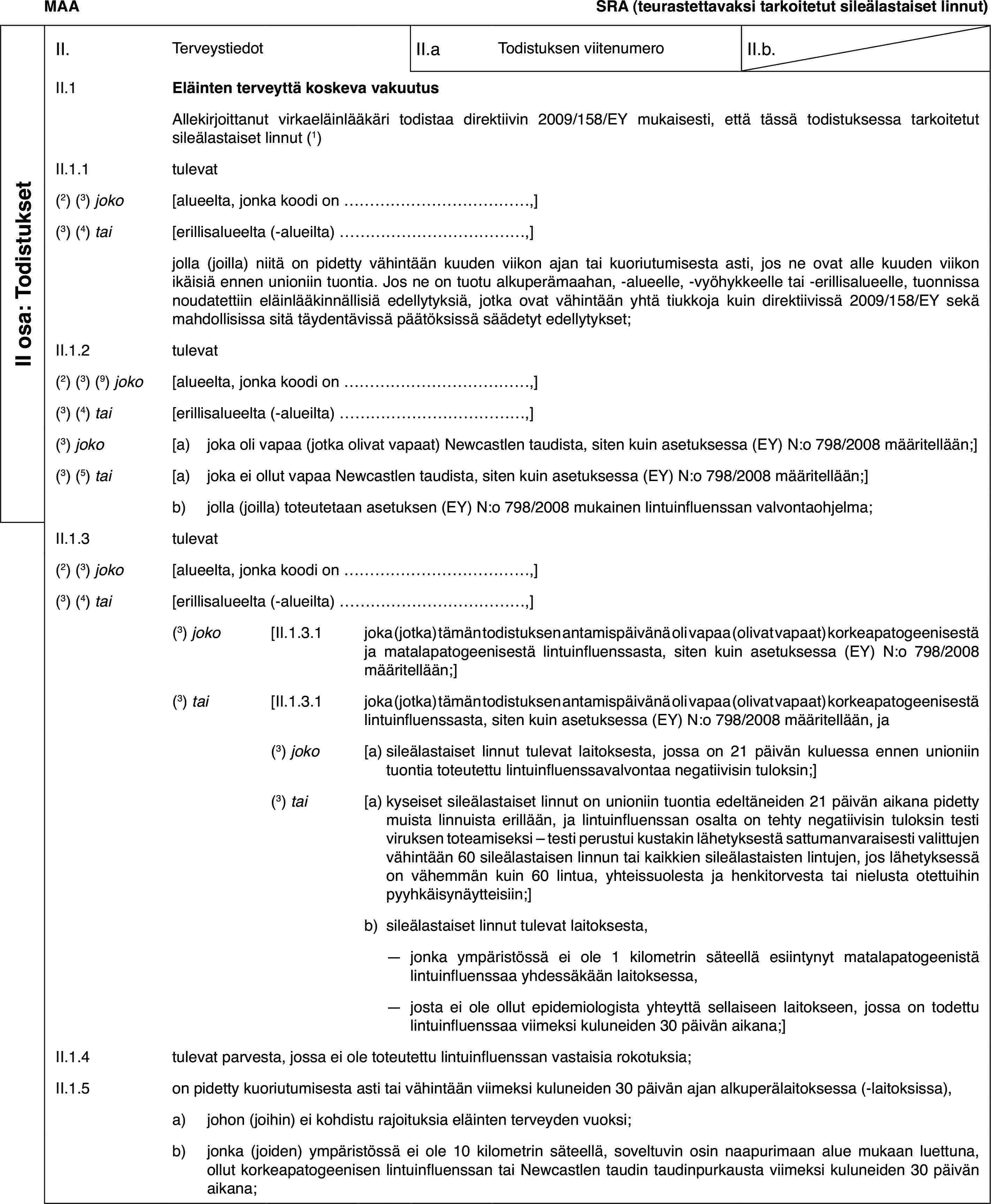 MAASRA (teurastettavaksi tarkoitetut sileälastaiset linnut)II osa: TodistuksetII.TerveystiedotII.aTodistuksen viitenumeroII.b.II.1Eläinten terveyttä koskeva vakuutusAllekirjoittanut virkaeläinlääkäri todistaa direktiivin 2009/158/EY mukaisesti, että tässä todistuksessa tarkoitetut sileälastaiset linnut (1)II.1.1tulevat(2) (3) joko[alueelta, jonka koodi on…,](3) (4) tai[erillisalueelta (-alueilta)…,]jolla (joilla) niitä on pidetty vähintään kuuden viikon ajan tai kuoriutumisesta asti, jos ne ovat alle kuuden viikon ikäisiä ennen unioniin tuontia. Jos ne on tuotu alkuperämaahan, -alueelle, -vyöhykkeelle tai -erillisalueelle, tuonnissa noudatettiin eläinlääkinnällisiä edellytyksiä, jotka ovat vähintään yhtä tiukkoja kuin direktiivissä 2009/158/EY sekä mahdollisissa sitä täydentävissä päätöksissä säädetyt edellytykset;II.1.2tulevat(2) (3) (9) joko[alueelta, jonka koodi on…,](3) (4) tai[erillisalueelta (-alueilta)…,](3) joko[a)joka oli vapaa (jotka olivat vapaat) Newcastlen taudista, siten kuin asetuksessa (EY) N:o 798/2008 määritellään;](3) (5) tai[a)joka ei ollut vapaa Newcastlen taudista, siten kuin asetuksessa (EY) N:o 798/2008 määritellään;]b)jolla (joilla) toteutetaan asetuksen (EY) N:o 798/2008 mukainen lintuinfluenssan valvontaohjelma;II.1.3tulevat(2) (3) joko[alueelta, jonka koodi on…,](3) (4) tai[erillisalueelta (-alueilta)…,](3) joko[II.1.3.1joka (jotka) tämän todistuksen antamispäivänä oli vapaa (olivat vapaat) korkeapatogeenisestä ja matalapatogeenisestä lintuinfluenssasta, siten kuin asetuksessa (EY) N:o 798/2008 määritellään;](3) tai[II.1.3.1joka (jotka) tämän todistuksen antamispäivänä oli vapaa (olivat vapaat) korkeapatogeenisestä lintuinfluenssasta, siten kuin asetuksessa (EY) N:o 798/2008 määritellään, ja(3) joko[a)sileälastaiset linnut tulevat laitoksesta, jossa on 21 päivän kuluessa ennen unioniin tuontia toteutettu lintuinfluenssavalvontaa negatiivisin tuloksin;](3) tai[a)kyseiset sileälastaiset linnut on unioniin tuontia edeltäneiden 21 päivän aikana pidetty muista linnuista erillään, ja lintuinfluenssan osalta on tehty negatiivisin tuloksin testi viruksen toteamiseksi – testi perustui kustakin lähetyksestä sattumanvaraisesti valittujen vähintään 60 sileälastaisen linnun tai kaikkien sileälastaisten lintujen, jos lähetyksessä on vähemmän kuin 60 lintua, yhteissuolesta ja henkitorvesta tai nielusta otettuihin pyyhkäisynäytteisiin;]b)sileälastaiset linnut tulevat laitoksesta,—jonka ympäristössä ei ole 1 kilometrin säteellä esiintynyt matalapatogeenistä lintuinfluenssaa yhdessäkään laitoksessa,—josta ei ole ollut epidemiologista yhteyttä sellaiseen laitokseen, jossa on todettu lintuinfluenssaa viimeksi kuluneiden 30 päivän aikana;]II.1.4tulevat parvesta, jossa ei ole toteutettu lintuinfluenssan vastaisia rokotuksia;II.1.5on pidetty kuoriutumisesta asti tai vähintään viimeksi kuluneiden 30 päivän ajan alkuperälaitoksessa (-laitoksissa),a)johon (joihin) ei kohdistu rajoituksia eläinten terveyden vuoksi;b)jonka (joiden) ympäristössä ei ole 10 kilometrin säteellä, soveltuvin osin naapurimaan alue mukaan luettuna, ollut korkeapatogeenisen lintuinfluenssan tai Newcastlen taudin taudinpurkausta viimeksi kuluneiden 30 päivän aikana;