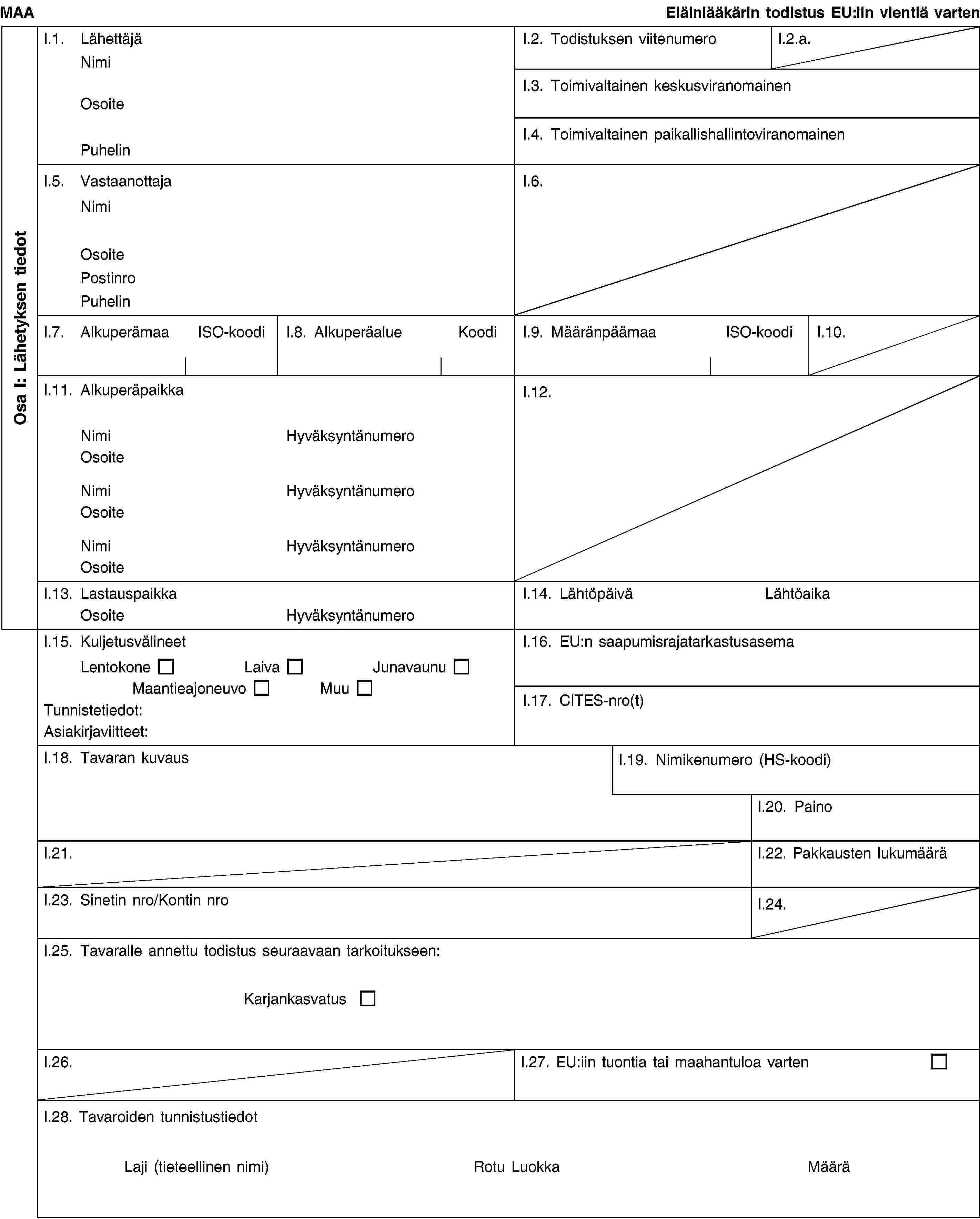 Osa I: Lähetyksen tiedotMAAEläinlääkärin todistus EU:iin vientiä vartenI.1. LähettäjäNimiOsoitePuhelinI.2. Todistuksen viitenumeroI.2.a.I.3. Toimivaltainen keskusviranomainenI.4. Toimivaltainen paikallishallintoviranomainenI.5. VastaanottajaNimiOsoitePostinroPuhelinI.6.I.7. AlkuperämaaISO-koodiI.8. AlkuperäalueKoodiI.9. MääränpäämaaISO-koodiI.10.I.11. AlkuperäpaikkaNimiHyväksyntänumeroOsoiteNimiHyväksyntänumeroOsoiteNimiHyväksyntänumeroOsoiteI.12.I.13. LastauspaikkaOsoiteHyväksyntänumeroI.14. LähtöpäiväLähtöaikaI.15. KuljetusvälineetLentokoneLaivaJunavaunuMaantieajoneuvoMuuTunnistetiedot:Asiakirjaviitteet:I.16. EU:n saapumisrajatarkastusasemaI.17. CITES-nro(t)I.18. Tavaran kuvausI.19. Nimikenumero (HS-koodi)I.20. PainoI.21.I.22. Pakkausten lukumääräI.23. Sinetin nro/Kontin nroI.24.I.25. Tavaralle annettu todistus seuraavaan tarkoitukseen:KarjankasvatusI.26.I.27. EU:iin tuontia tai maahantuloa vartenI.28. Tavaroiden tunnistustiedotLaji (tieteellinen nimi)Rotu LuokkaMäärä