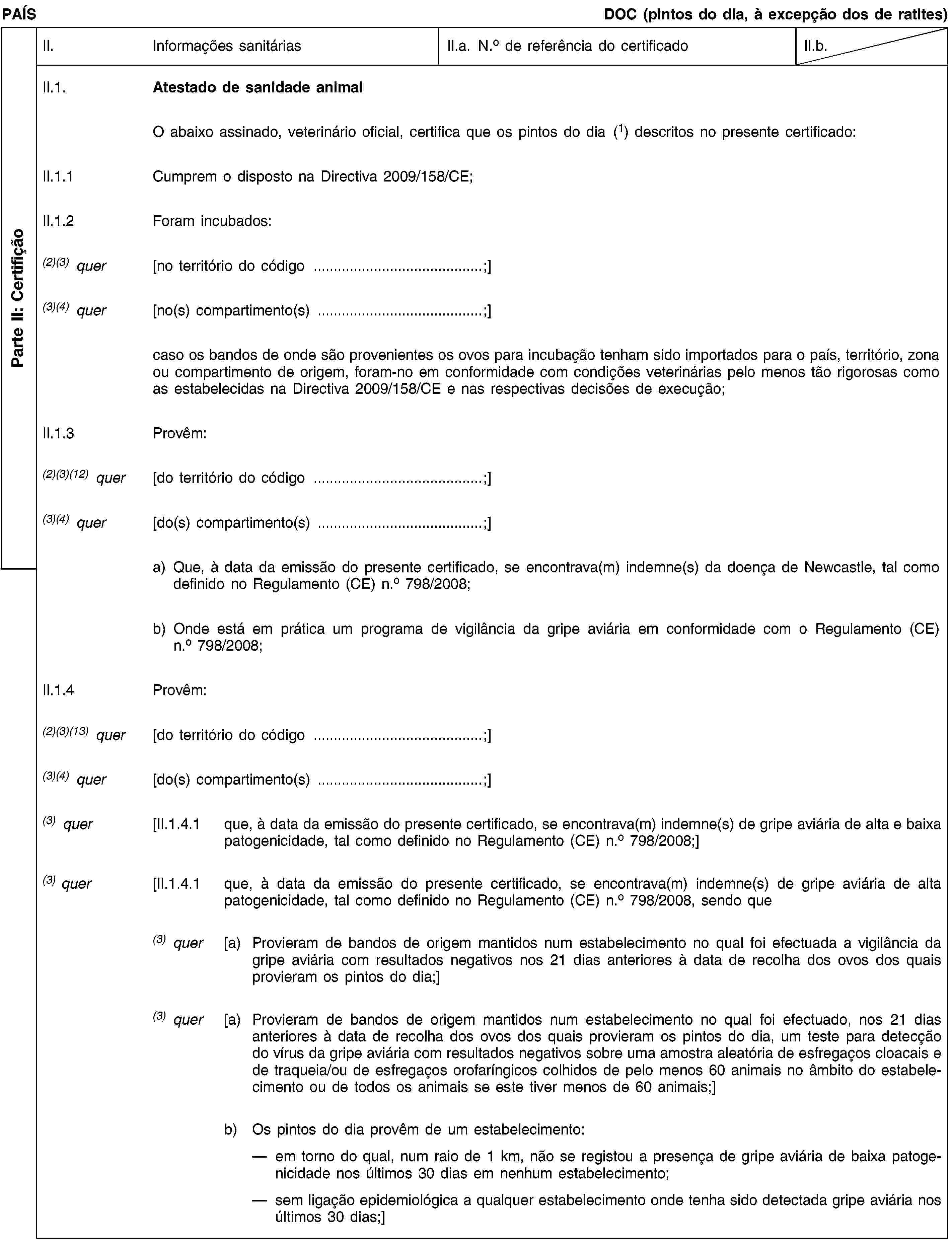 Parte II: CertifiçãoPAÍSDOC (pintos do dia, à excepção dos de ratites)II.Informações sanitáriasII.a. N.o de referência do certificadoII.b.II.1.Atestado de sanidade animalO abaixo assinado, veterinário oficial, certifica que os pintos do dia (1) descritos no presente certificado:II.1.1Cumprem o disposto na Directiva 2009/158/CE;II.1.2Foram incubados:(2)(3) quer[no território do código …;](3)(4) quer[no(s) compartimento(s) …;]caso os bandos de onde são provenientes os ovos para incubação tenham sido importados para o país, território, zona ou compartimento de origem, foram-no em conformidade com condições veterinárias pelo menos tão rigorosas como as estabelecidas na Directiva 2009/158/CE e nas respectivas decisões de execução;II.1.3Provêm:(2)(3)(12) quer[do território do código …;](3)(4) quer[do(s) compartimento(s) …;]a) Que, à data da emissão do presente certificado, se encontrava(m) indemne(s) da doença de Newcastle, tal como definido no Regulamento (CE) n.o 798/2008;b) Onde está em prática um programa de vigilância da gripe aviária em conformidade com o Regulamento (CE) n.o 798/2008;II.1.4Provêm:(2)(3)(13) quer[do território do código …;](3)(4) quer[do(s) compartimento(s) …;](3) quer[II.1.4.1que, à data da emissão do presente certificado, se encontrava(m) indemne(s) de gripe aviária de alta e baixa patogenicidade, tal como definido no Regulamento (CE) n.o 798/2008;](3) quer[II.1.4.1que, à data da emissão do presente certificado, se encontrava(m) indemne(s) de gripe aviária de alta patogenicidade, tal como definido no Regulamento (CE) n.o 798/2008, sendo que(3) quer[a) Provieram de bandos de origem mantidos num estabelecimento no qual foi efectuada a vigilância da gripe aviária com resultados negativos nos 21 dias anteriores à data de recolha dos ovos dos quais provieram os pintos do dia;](3) quer[a) Provieram de bandos de origem mantidos num estabelecimento no qual foi efectuado, nos 21 dias anteriores à data de recolha dos ovos dos quais provieram os pintos do dia, um teste para detecção do vírus da gripe aviária com resultados negativos sobre uma amostra aleatória de esfregaços cloacais e de traqueia/ou de esfregaços orofaríngicos colhidos de pelo menos 60 animais no âmbito do estabelecimento ou de todos os animais se este tiver menos de 60 animais;]b) Os pintos do dia provêm de um estabelecimento:em torno do qual, num raio de 1 km, não se registou a presença de gripe aviária de baixa patogenicidade nos últimos 30 dias em nenhum estabelecimento;sem ligação epidemiológica a qualquer estabelecimento onde tenha sido detectada gripe aviária nos últimos 30 dias;]