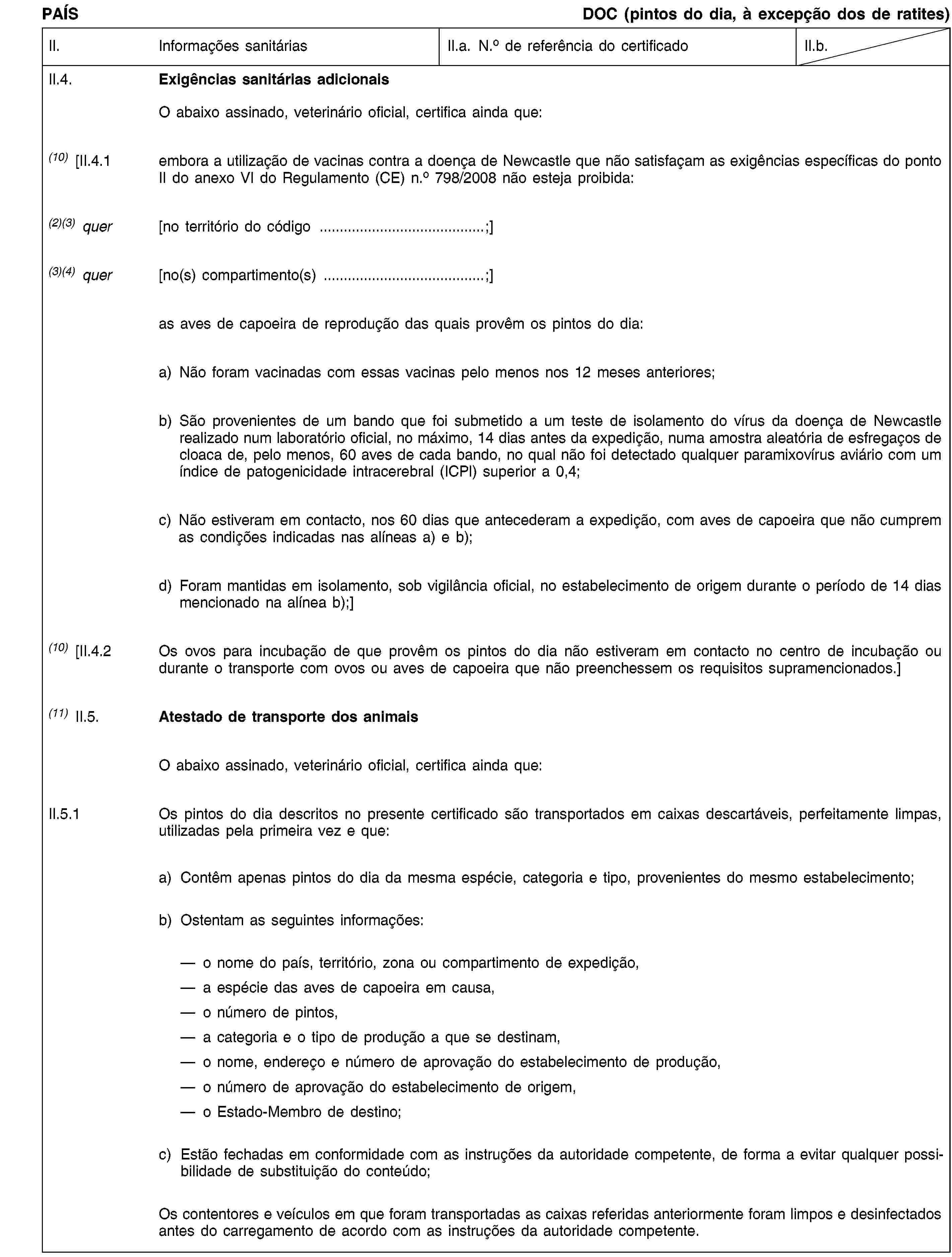 PAÍSDOC (pintos do dia, à excepção dos de ratites)II.Informações sanitáriasII.a. N.o de referência do certificadoII.b.II.4.Exigências sanitárias adicionaisO abaixo assinado, veterinário oficial, certifica ainda que:(10) [II.4.1embora a utilização de vacinas contra a doença de Newcastle que não satisfaçam as exigências específicas do ponto II do anexo VI do Regulamento (CE) n.o 798/2008 não esteja proibida:(2)(3) quer[no território do código …;](3)(4) quer[no(s) compartimento(s) …;]as aves de capoeira de reprodução das quais provêm os pintos do dia:a) Não foram vacinadas com essas vacinas pelo menos nos 12 meses anteriores;b) São provenientes de um bando que foi submetido a um teste de isolamento do vírus da doença de Newcastle realizado num laboratório oficial, no máximo, 14 dias antes da expedição, numa amostra aleatória de esfregaços de cloaca de, pelo menos, 60 aves de cada bando, no qual não foi detectado qualquer paramixovírus aviário com um índice de patogenicidade intracerebral (ICPI) superior a 0,4;c) Não estiveram em contacto, nos 60 dias que antecederam a expedição, com aves de capoeira que não cumprem as condições indicadas nas alíneas a) e b);d) Foram mantidas em isolamento, sob vigilância oficial, no estabelecimento de origem durante o período de 14 dias mencionado na alínea b);](10) [II.4.2Os ovos para incubação de que provêm os pintos do dia não estiveram em contacto no centro de incubação ou durante o transporte com ovos ou aves de capoeira que não preenchessem os requisitos supramencionados.](11) II.5.Atestado de transporte dos animaisO abaixo assinado, veterinário oficial, certifica ainda que:II.5.1Os pintos do dia descritos no presente certificado são transportados em caixas descartáveis, perfeitamente limpas, utilizadas pela primeira vez e que:a)Contêm apenas pintos do dia da mesma espécie, categoria e tipo, provenientes do mesmo estabelecimento;b)Ostentam as seguintes informações:o nome do país, território, zona ou compartimento de expedição, a espécie das aves de capoeira em causa, o número de pintos, a categoria e o tipo de produção a que se destinam, o nome, endereço e número de aprovação do estabelecimento de produção, o número de aprovação do estabelecimento de origem, o Estado-Membro de destino;c)Estão fechadas em conformidade com as instruções da autoridade competente, de forma a evitar qualquer possibilidade de substituição do conteúdo;Os contentores e veículos em que foram transportadas as caixas referidas anteriormente foram limpos e desinfectados antes do carregamento de acordo com as instruções da autoridade competente.